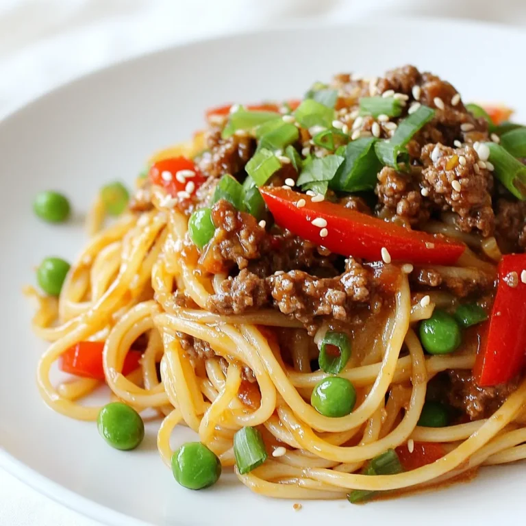 - 8 oz spaghetti noodles - 1 lb ground beef (preferably lean) - 2 tablespoons soy sauce (preferably low-sodium) - 2 tablespoons oyster sauce - 1 tablespoon sesame oil - 1 tablespoon cornstarch - 1 red bell pepper, thinly sliced - 1 cup snap peas, trimmed - 3 green onions, chopped (reserve some for garnish) - 2 cloves garlic, minced - 1 teaspoon ginger, freshly grated - 1 teaspoon chili paste (or to taste) - ½ cup beef broth (can substitute with chicken broth) - Salt and pepper to taste - Sesame seeds for garnish When making Asian ground beef spaghetti, each ingredient plays a key role. The spaghetti noodles serve as the base, giving the dish its hearty feel. Lean ground beef adds protein and rich flavor. Soy sauce and oyster sauce bring a savory umami taste. Sesame oil adds a nutty aroma, making the dish more fragrant. Cornstarch acts as a thickener, helping the sauce stick to the noodles. Fresh vegetables like red bell pepper and snap peas add color and crunch. Aromatics like garlic and ginger provide depth with their strong, aromatic flavors. The beef broth adds moisture and enhances the sauce's richness. Finally, seasonings like salt, pepper, and chili paste balance all the flavors. Don't forget the sesame seeds for garnish! They add a nice crunch and look great on the plate. Each ingredient comes together to create a delightful fusion of flavors. Enjoy the process of mixing each part to make a meal everyone will love! {{ingredient_image_2}} - Bring a large pot of salted water to a boil over high heat. - Add the spaghetti noodles and cook them until al dente, about 8-10 minutes. - Drain the noodles and set them aside. Let them rest while you prepare the sauce. - In a medium bowl, mix the ground beef with soy sauce, oyster sauce, and sesame oil. - Add cornstarch to the mixture and stir well. This helps the beef soak up the flavors. - Set the mixture aside for 10-15 minutes. This lets the flavors meld for a richer taste. - Heat a tablespoon of vegetable oil in a large skillet over medium-high heat. - Add minced garlic and grated ginger to the hot oil. Stir-fry them for about 30 seconds. - Next, toss in the sliced red bell pepper and stir-fry for 2-3 minutes. They should soften but stay crisp. - Move the sautéed veggies to one side of the skillet. - Add the beef mixture to the empty space. Allow it to cook for 5-7 minutes. - Break apart the meat with a spatula until it’s browned and fully cooked. - Add the snap peas and beef broth to the skillet with the beef and veggies. - Stir in chili paste, plus salt and pepper to taste. Mix well and let it simmer for 3-4 minutes. The snap peas should stay crunchy. - Carefully add the drained spaghetti to the skillet. - Use tongs or a large spoon to toss everything together. Make sure all the noodles are coated with the sauce. - Taste your dish and adjust the seasoning if needed. - If you want a bolder flavor, add more soy sauce or chili paste. - Plate your Asian ground beef spaghetti and garnish with chopped green onions and sesame seeds. - Selecting the right soy sauce: Choose low-sodium soy sauce for a balanced taste. This helps avoid an overly salty dish. You can also mix in some dark soy sauce for more depth. - Incorporating more vegetables: You can add carrots or broccoli for extra crunch and nutrition. Try to use colorful veggies. They make the dish look appealing and bright. - Cooking noodles properly: Boil the spaghetti until it is al dente. This keeps the noodles firm and chewy, which pairs well with the beef. - Avoiding soggy vegetables: Cook the vegetables just enough to soften them slightly. They should still be crisp and bright. Overcooking will leave them mushy. - Creative garnishes: Use chopped green onions and sesame seeds as a topping. They add color and a nice crunch. You can also add chili flakes for a spicy touch. - Serving styles: Serve your dish in large bowls for a family-style meal. Alternatively, plate individual servings for a nice dinner party look. Adding some lime wedges can also brighten the flavor. Pro Tips Choose the Right Meat: Opt for lean ground beef to reduce excess fat while still maintaining flavor. This will keep the dish lighter and healthier. Customize the Heat: Adjust the amount of chili paste to your preference. Start with a small amount and gradually add more to achieve your desired spice level. Vegetable Variations: Feel free to mix in other vegetables such as broccoli, carrots, or mushrooms for added nutrition and flavor. Just ensure they are chopped to a similar size for even cooking. Perfecting the Sauce: If you want a thicker sauce, allow the mixture to simmer a bit longer or add a touch more cornstarch mixed with water to achieve your desired consistency. {{image_4}} You can switch up the protein for this dish. Ground turkey or chicken works well. These options are leaner and still tasty. If you want a vegetarian dish, try tofu or tempeh. Both soak up flavors nicely. Feel free to change the vegetables based on what you have. Broccoli, bok choy, or carrots add great crunch. You can also use seasonal veggies. Think zucchini in summer or squash in fall. These swaps keep the meal exciting and fresh. You can create different flavors with this dish. Try sweet and sour sauces for a fun twist. Adding spices like five-spice powder or herbs like cilantro can change the taste. Experiment to find your favorite mix. There are so many ways to enjoy this meal! - Store leftovers in an airtight container. - Refrigerate within two hours after cooking. - This dish stays fresh for about 3-4 days. - Cool the dish completely before freezing. - Use a freezer-safe container or bag. - It freezes well for up to 3 months. - For microwave: Place in a bowl, cover, and heat for 2-3 minutes. - For stovetop: Heat on low in a skillet, stirring often. - Both methods help keep flavors and textures intact. You can use various proteins in this dish. Here are some options: - Ground turkey: Lean and mild flavor. - Ground chicken: Juicy and light. - Tofu: Great for a vegetarian option, use firm tofu. - Tempeh: Adds a nutty taste and texture. These alternatives work well with the same sauces and spices. Adjust the cooking time based on the protein you choose. Yes, gluten-free pasta is a great option. Try these types: - Rice noodles: Light and chewy. - Quinoa pasta: Nutty and high in protein. - Zucchini noodles: Low-carb and fresh. Make sure to adjust cooking times based on the pasta you select. To reduce the spice, you can: - Cut back on chili paste: Start with less and add more if needed. - Add sugar: A pinch of sugar can balance heat. - Include more vegetables: They can dilute spiciness. Mix these tips into your dish until it reaches your desired heat level. This dish pairs well with these sides: - Steamed broccoli: Provides crunch and color. - Cucumber salad: A refreshing contrast. - Spring rolls: Crispy and fun to eat. Choose a side that complements the flavors without overpowering them. Here’s the time breakdown: - Prep time: 10 minutes. - Cook time: 20 minutes. - Total time: 30 minutes. You can enjoy a delicious meal in half an hour! This blog post covered how to make Asian Ground Beef Spaghetti. We explored each ingredient, from the spaghetti noodles to the garnishes. I shared easy steps for cooking and tips to enhance flavor and texture. You can also adapt the recipe for different proteins or veggies. Remember to store leftovers correctly to maintain freshness. Now, you have all the tools to create a delicious dish that delights. Enjoy your cooking adventure!