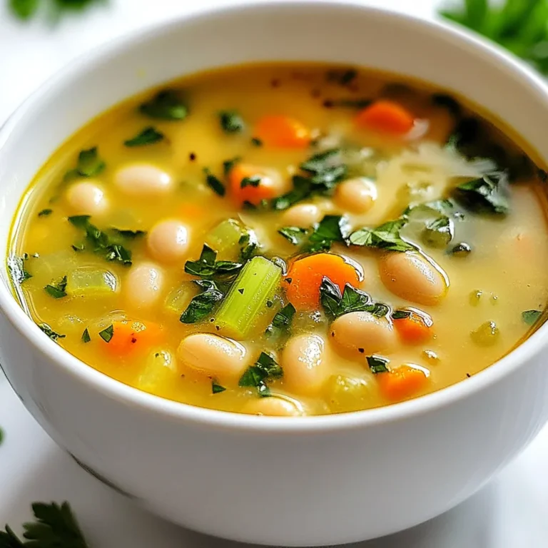 - 2 cups cooked white beans (cannellini or great northern) - 1 medium onion, chopped - 3 cloves garlic, minced - 2 carrots, diced - 2 celery stalks, diced - 4 cups vegetable broth - 1 teaspoon dried thyme - 1 teaspoon smoked paprika - 1 bay leaf - 2 cups fresh spinach - Salt and pepper to taste - 2 tablespoons olive oil - Crushed red pepper flakes for heat - Fresh parsley, chopped for garnish White beans are the star of this soup. They pack a protein punch and make the soup filling. I love using cannellini or great northern beans. They add a creamy texture. Next, we have fresh vegetables: onion, garlic, carrots, and celery. These add flavor and nutrients. I always chop them finely for even cooking. Spinach adds color and more nutrition. For seasonings, I use dried thyme and smoked paprika. These give the soup a warm, rich taste. A bay leaf adds depth. Salt and pepper round out the flavors. We need a good broth for this soup. I prefer vegetable broth for a light touch. Olive oil adds richness and helps sauté the vegetables. Lastly, if you like some heat, crushed red pepper flakes work well. Fresh parsley is great to brighten the dish when serving. Each ingredient plays an important role, making this soup simple, healthy, and tasty. {{ingredient_image_2}} Heat 2 tablespoons of olive oil in a large pot over medium heat. Add 1 chopped onion and sauté for about 5 minutes. Stir until the onion is translucent. Then, add 3 minced garlic cloves and sauté for another minute. The garlic will smell great! Now, add 2 diced carrots and 2 diced celery stalks to the pot. Stir everything together and cook for about 5 to 7 minutes. You want the vegetables to soften and mix well with the onion and garlic. Next, stir in 2 cups of cooked white beans and 4 cups of vegetable broth. Add 1 teaspoon of dried thyme, 1 teaspoon of smoked paprika, and 1 bay leaf to the mix. Bring this to a boil, then reduce the heat and let it simmer for about 20 minutes. This allows all the flavors to come together. If you like a creamy soup, take out about half the soup and blend it until smooth. You can use a blender or an immersion blender right in the pot. Once blended, return the creamy part to the pot and stir it in. Now, add 2 cups of fresh spinach to the soup. Stir gently until the spinach wilts, which should take about 2 to 3 minutes. Taste the soup and season it with salt and pepper as needed. If you want some heat, sprinkle in some crushed red pepper flakes. Before serving, don’t forget to remove the bay leaf! Ladle the soup into warm bowls. If you want, garnish with chopped fresh parsley for extra flavor and color. Enjoy your meal! To bring out the best in your white bean soup, try adding fresh herbs and spices. Rosemary, basil, or oregano can add a nice twist. You can also squeeze in some lemon juice to brighten the dish. This small step makes a big difference in taste. Some people like their soup smooth, while others prefer it chunky. You can adjust the texture by blending part of the soup. Use an immersion blender to mix directly in the pot. If you want a thicker soup, blend more beans. For a chunkier feel, blend less. This soup pairs well with whole-grain bread. The bread adds a nice crunch and complements the soup's warmth. For extra richness, drizzle some olive oil on top before serving. You can also sprinkle fresh parsley for a pop of color and flavor. Pro Tips Use Dried Beans for More Flavor: If time allows, soak and cook dried white beans for this soup. They often have a richer flavor compared to canned beans. Customize the Greens: Feel free to substitute spinach with other greens like kale or Swiss chard for a different taste and texture. Add More Protein: For an even higher protein boost, consider adding diced chicken, turkey, or a scoop of protein powder to the soup. Enhance the Flavor: Experiment with adding a splash of lemon juice or a tablespoon of apple cider vinegar just before serving to brighten the flavors. {{image_4}} You can easily make this soup vegan or vegetarian. Just use vegetable broth and skip any meat. For those looking for extra protein, adding shredded chicken or turkey works great. This will make your soup heartier and boost its flavor. Feel free to mix up your beans and veggies. You can use black beans, kidney beans, or even lentils. Adding different vegetables like bell peppers or zucchini can add color and nutrition. Using low-sodium broth is another smart swap. This helps you control salt levels while keeping the soup tasty. For a flavor boost, try adding diced tomatoes or other greens like kale. These add more nutrients and make the soup more colorful. If you love creamy textures, consider stirring in some cheese. This gives the soup a rich taste that many enjoy. To store leftover soup, cool it to room temperature first. This helps keep it fresh. Pour the soup into airtight containers. I recommend using glass or BPA-free plastic containers. They seal well and help prevent spills. Label the containers with the date. This way, you can keep track of freshness. The soup will stay good in the fridge for about 3 to 4 days. If you want to freeze the soup, use freezer-safe containers. Leave some space at the top for expansion. It is best to freeze the soup in single servings. This makes it easy to grab what you need later. When you are ready to eat, thaw the soup overnight in the fridge. If you need it fast, you can thaw it in the microwave. Reheat the soup on the stove over low heat. Stir it often to make sure it warms evenly. Enjoy your high-protein white bean soup any time! You can add several ingredients to boost protein in this soup. Consider using: - Cooked chicken or turkey - Canned tuna or salmon - Cooked quinoa or farro - Chopped nuts like almonds or walnuts - Extra beans, such as chickpeas or lentils These options not only add protein but also enhance the soup's flavor and texture. Yes, you can easily adapt this soup for a slow cooker! Here’s how: 1. Sauté the onion and garlic in a pan until soft. 2. Transfer the sautéed vegetables to the slow cooker. 3. Add the carrots, celery, cooked white beans, broth, and seasonings. 4. Cook on low for 6-8 hours or on high for 3-4 hours. 5. Stir in spinach just before serving. This method lets the flavors develop fully while you go about your day. White bean soup pairs well with various side dishes. Here are some ideas: - Crusty whole-grain bread for dipping - A simple green salad with vinaigrette - Grilled cheese sandwiches for a classic combo - Roasted vegetables for added nutrition These sides complement the soup nicely and make for a satisfying meal. Leftovers of this soup can last about 3 to 5 days in the fridge. For best results: - Store the soup in an airtight container. - Allow it to cool before sealing. - Reheat on the stove or in the microwave when ready to enjoy. This way, you can savor your delicious soup later in the week! This soup combines white beans, fresh veggies, and rich seasonings. You learned to sauté, blend, and adjust flavors. Tips like using lemon juice or trying extra ingredients can really enhance it. You can customize the soup to fit your diet and make it your own. Whether you choose to enjoy it fresh or freeze it for later, this dish is sure to satisfy. Enjoy every warm spoonful and make it a staple in your kitchen. Simple, healthy, and delicious—just the way soup should be!