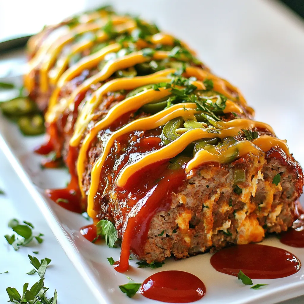 - 1 lb ground beef - 1 cup breadcrumbs - 2 large eggs - 1/2 cup cream cheese, softened - 1 cup shredded cheddar cheese, divided - 1/2 cup jalapeños, chopped - 1 small onion, finely chopped - 2 cloves garlic, minced - 1 tablespoon Worcestershire sauce - 1 teaspoon salt - 1/2 teaspoon black pepper - 1/2 teaspoon smoked paprika - 1/2 cup ketchup You can swap ground beef for turkey or chicken. This change keeps the dish light and healthy. If you need gluten-free options, use gluten-free breadcrumbs. For a vegan twist, try plant-based cream cheese and flax eggs. These substitutes work well and keep the flavor alive. {{ingredient_image_2}} 1. Preheat your oven to 350°F (175°C). This step is crucial for even cooking. 2. Grease a standard loaf pan. Use cooking spray or butter to ensure the meatloaf won't stick. A well-greased pan makes serving easier. 3. In a large mixing bowl, combine the base ingredients. Mix together 1 lb ground beef, 1 cup breadcrumbs, 2 large eggs, and 1/2 cup softened cream cheese. Stir until everything blends well. 4. Incorporate flavor ingredients. Add in 1/2 cup chopped jalapeños, 1 small chopped onion, 2 cloves minced garlic, 1 tablespoon Worcestershire sauce, 1 teaspoon salt, 1/2 teaspoon black pepper, and 1/2 teaspoon smoked paprika. Mix gently. Be careful not to overwork the meat. This keeps it tender. 1. Transfer the meat mixture into the prepared loaf pan. Shape it into a uniform loaf with clean hands. Make the top smooth for even cooking. 2. Spread ketchup over the top. Use 1/2 cup ketchup to create a tasty glaze on the meatloaf. 3. Top with cheese. Sprinkle the remaining 1 cup shredded cheddar cheese evenly over the ketchup. This creates a delicious, cheesy crust. 4. Bake in the preheated oven for 55 to 65 minutes. Check for doneness when the meatloaf reaches an internal temperature of 160°F (70°C). 5. Let it rest after baking. Once done, remove the meatloaf from the oven and let it sit for 10 minutes in the pan. This helps keep it moist and makes slicing easier. To avoid dry meatloaf, mix the ingredients gently. Overworking the meat can lead to a tough texture. Make sure to include enough moisture-rich ingredients like cream cheese and chopped jalapeños. These add flavor and keep the meatloaf moist. Resting the meatloaf after baking is key. Let it sit for about 10 minutes in the pan. This allows the juices to redistribute. Slicing too soon can lead to a dry loaf. Give it time to relax before serving. For a fun and creative serving idea, slice the meatloaf and arrange the pieces on a lovely platter. Drizzle extra ketchup or a spicy sauce over the slices for flair. This adds a pop of color and taste. Garnish with fresh parsley or jalapeño slices. This not only looks great but also adds a fresh touch. Your Jalapeño Popper Meatloaf will be eye-catching and delicious! Pro Tips Choose the Right Peppers: Depending on your heat preference, use fresh jalapeños for a vibrant kick or pickled jalapeños for a milder, tangy flavor. Don’t Overmix: When combining the ingredients, mix just until combined. Overmixing can lead to a dense and tough meatloaf. Let It Rest: Allow the meatloaf to rest for at least 10 minutes after baking. This helps the juices redistribute, making for a moister slice. Experiment with Cheese: Feel free to mix in different cheeses such as pepper jack or mozzarella for added flavor and creaminess. {{image_4}} You can take Jalapeño Popper Meatloaf to the next level with simple tweaks. - Spices and Cheese: Try adding spices like cumin or chili powder for an extra kick. You can also mix in different cheeses such as pepper jack for a spicy twist. - Vegetables: Incorporate bell peppers or spinach for added nutrition. These veggies keep the meatloaf moist while adding vibrant flavors and colors. Adjustments make this dish fit your needs. - Low-Carb or Keto-Friendly: To make a low-carb version, swap breadcrumbs for almond flour or ground pork rinds. This change keeps the meatloaf tasty and within your carb limits. - Gluten-Free Adaptations: Use gluten-free breadcrumbs or oats to ensure everyone can enjoy this dish. You can even make a version with no breadcrumbs at all by using extra veggies to bind the mixture. These variations let you customize Jalapeño Popper Meatloaf to suit your tastes and dietary needs. Enjoy experimenting with flavors and ingredients! To store your Jalapeño Popper Meatloaf, let it cool first. Cutting warm meatloaf leads to sogginess. Once cooled, wrap it tightly in plastic wrap or foil. You can also use an airtight container. This helps keep it fresh and tasty. Store it in the fridge for up to four days. If you want to keep it longer, freeze it. Place it in a freezer-safe container. It can last up to three months in the freezer. When reheating, keep the texture and flavor in mind. Preheat your oven to 350°F (175°C). Place the meatloaf in a baking dish. Cover it with foil to keep it moist. Bake for about 20 to 25 minutes. Check if it’s heated through with a meat thermometer. The internal temperature should reach 165°F (74°C). If you’re in a hurry, you can use a microwave. Heat in short bursts, around 1 minute at a time. Make sure to cover it to avoid drying out. You can serve Jalapeño Popper Meatloaf with many tasty sides. Here are some great ideas: - Mashed potatoes: Creamy and buttery, they pair well with meatloaf. - Green beans: Steamed or sautéed, they add a fresh crunch. - Corn on the cob: Sweet and juicy corn balances the heat. - Coleslaw: A cool, crunchy slaw adds a nice contrast. - Roasted vegetables: Carrots, zucchini, or bell peppers bring color and flavor. Yes, you can prepare this meatloaf ahead of time! Here’s how: - Mix the ingredients: You can combine everything and store it in the fridge for up to 24 hours. - Freezing: Shape the meatloaf and wrap it tightly in plastic wrap. Store it in the freezer for up to three months. - Baking: If frozen, thaw it in the fridge overnight before baking. Add extra time to cook if baking from frozen. To ensure your meatloaf is cooked perfectly, check these cues: - Internal temperature: Use a meat thermometer to check that it reaches 160°F (70°C). - Visual cues: The meatloaf should be firm to the touch and no longer pink inside. - Juices: When you cut into it, the juices should run clear, not pink. This blog post covers everything about making Jalapeño Popper Meatloaf. We discussed the key ingredients, substitutions, and step-by-step instructions for preparation and baking. You learned tips to keep your meatloaf moist and flavorful, creative presentation ideas, and variation options to suit different diets. Lastly, we shared storage methods and reheating tips to enjoy leftovers. Making this meatloaf offers tasty fun and flexibility. You'll impress friends and family with this dish. Now, it’s time to make it your own!