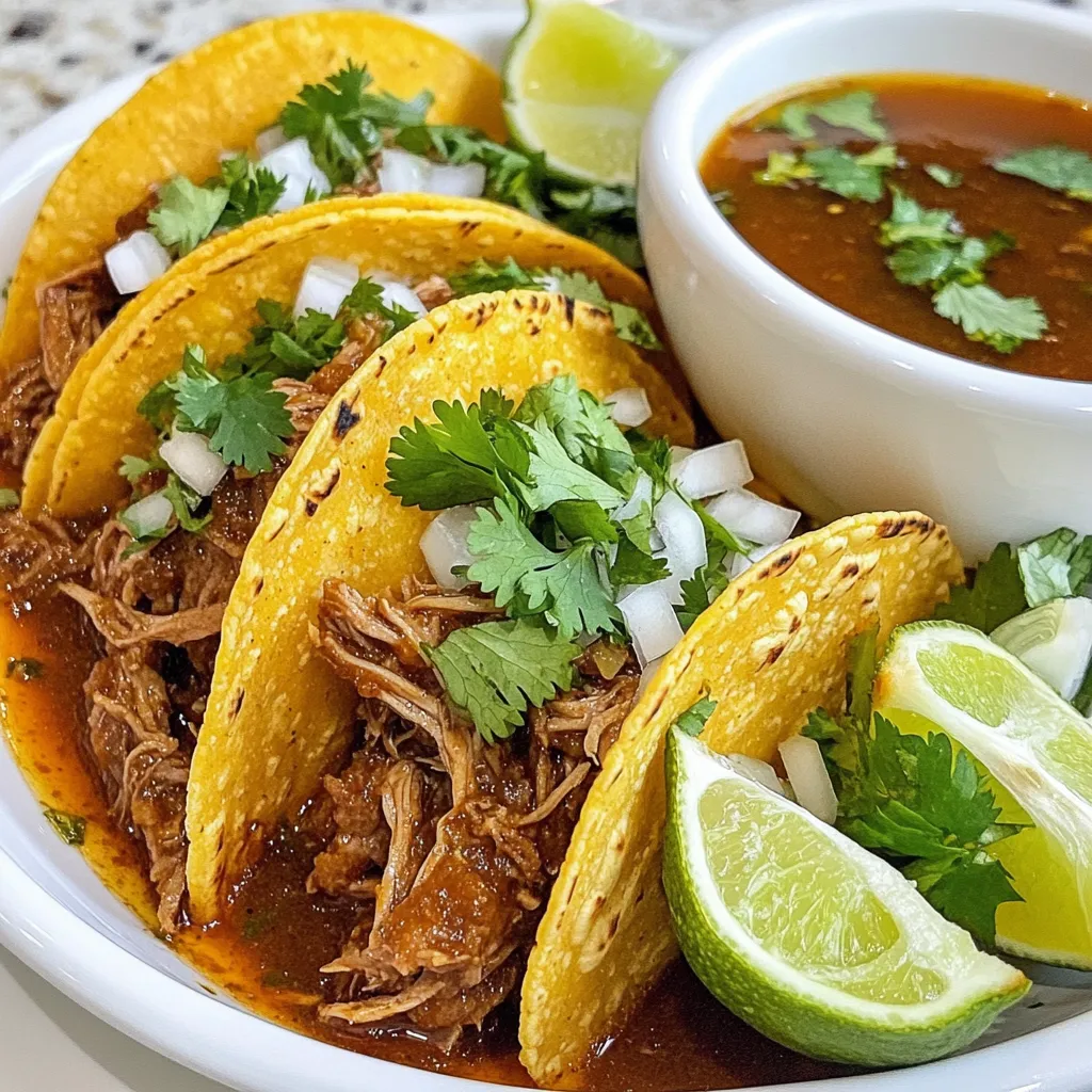 - 3 lbs beef chuck roast, cut into 1-2 inch chunks - 4 dried guajillo chilies, stems and seeds removed - 2 dried ancho chilies, stems and seeds removed - 3 cloves garlic, peeled - 1 medium onion, quartered - 3 cups beef broth - 2 teaspoons ground cumin - 1 teaspoon ground coriander - 1 teaspoon dried oregano - 1 teaspoon freshly ground black pepper - 1 bay leaf - Salt, to taste - 12 corn tortillas - Fresh cilantro, chopped (for garnish) - Diced onion (for garnish) - Lime wedges (for serving) As you gather these ingredients, think about the rich flavors each brings. The beef chuck roast acts as the heart of this dish. It becomes tender and flavorful after simmering for hours. The guajillo and ancho chilies add depth and a mild heat. Garlic and onion build a strong flavor base. Don’t forget the spices. Ground cumin, coriander, and oregano add warmth and earthiness. The bay leaf enhances the overall taste. Fresh cilantro and diced onion will brighten your tacos. Lime wedges add a zesty touch when you serve. Using fresh, high-quality ingredients makes a big difference. Each component plays an important role. This ensures your birria tastes just right. Happy cooking! {{ingredient_image_2}} - Rehydrate the chilies: First, toast the dried guajillo and ancho chilies. Use a dry skillet over medium heat for about 2-3 minutes. Stir them often. This brings out their flavor. Once fragrant, move the chilies to a bowl. Cover them with hot water and let them sit for 15 minutes until they soften. - Blend the marinade ingredients: After the chilies soften, drain any excess water. In a blender, combine the chilies, garlic, onion, ground cumin, ground coriander, oregano, black pepper, and 1 cup of beef broth. Blend until smooth and thick. This mixture will be the marinade. - Season and marinate the beef: Take your beef chuck roast and cut it into 1-2 inch chunks. In a large bowl, season the beef with salt. Pour the chili marinade over the beef, making sure each piece is coated well. Cover with plastic wrap or a lid. Place it in the fridge for at least 2 hours, but overnight is best. - Sear the beef in a pot: Heat a couple of tablespoons of oil in a large pot over medium-high heat. When the oil is hot, add the marinated beef in a single layer. Sear the beef for about 5-7 minutes until browned on all sides. - Simmer the beef until tender: Pour in the remaining beef broth and add a bay leaf. Bring the pot to a boil. Then, reduce the heat to low. Cover the pot and let it simmer for 2-3 hours. The beef should become tender enough to shred easily with a fork. - Shred the beef and prepare for tacos: After simmering, take the pot off the heat. Remove the beef and shred it using two forks. If you like, strain the liquid to remove solids. You can return the shredded beef to the pot to soak in the broth for more flavor. - Toasting tortillas: In a separate skillet, set the heat over medium-high. Lightly toast the corn tortillas for about 30 seconds on each side. This makes them pliable but not too crispy. - Filling and serving the tacos: Fill each tortilla with a generous amount of the shredded birria. Arrange the tacos on a platter. Garnish with chopped cilantro and diced onions. Add lime wedges on the side for a burst of flavor. - Marination duration tips: Marinate your beef for at least two hours. For the best taste, leave it overnight. This soak lets the spices blend well into the meat. - Achieving the right roasting texture: Sear the beef on high heat. This step locks in the juices and creates a nice crust. Aim for a golden-brown color on all sides. - Ideal accompaniments for birria tacos: Serve your tacos with diced onions and fresh cilantro. These add a nice crunch and fresh flavor. Don’t forget lime wedges for a zesty kick! - Presentation tips for serving: Use a colorful platter to display your tacos. Include a bowl of the rich broth for dipping. Scatter lime wedges and garnishes around for a vibrant look. This makes your dish pop and taste even better! Pro Tips Choose the Right Cut: Opt for well-marbled beef chuck roast for the best flavor and tenderness when shredded. Allow for Marination: For maximum flavor, let the beef marinate overnight. This allows the spices to penetrate deeper into the meat. Strain for Clarity: Strain the cooking liquid before returning the shredded beef to ensure a smooth, rich broth for dipping. Serving Temperature: Serve the tacos hot and the broth warm for an authentic and satisfying experience. {{image_4}} You can use different meats for birria. While beef is common, lamb and goat add unique flavors. Chicken is another great option if you prefer poultry. Each meat brings its own taste and texture to the dish. For those who want a meat-free meal, vegetarian adaptations exist. You can use mushrooms or jackfruit to mimic the texture of meat. These options still soak up the rich flavors of the spices and broth. Birria varies across Mexico. Each region puts its spin on this dish. In some areas, they serve it as a broth, while in others, it's more solid. The Jalisco style is famous for its rich broth. People often dip tacos into it for extra flavor. In contrast, other regions might focus on a thicker stew. This adds a different texture to the dining experience. Each version tells a story about its origins and local tastes. To keep leftover birria fresh, use the right methods. First, let it cool down. Place it in an airtight container. Store it in the fridge for up to three days. Make sure to keep the broth with the beef. This keeps the meat moist. If you want to save it for longer, freezing is a great option. Divide the birria into smaller portions. Use freezer-safe bags or containers. This way, you can thaw only what you need later. Properly stored, it can last for up to three months in the freezer. Reheating birria needs a gentle touch to keep the flavor. The best way is to use the stove. Place the birria in a pot with some broth. Heat over medium-low heat until warm. Stir occasionally to prevent burning. For reheating tacos, use a skillet. Heat it on medium heat. Place the tacos in the skillet for a few minutes on each side. This will make them warm and a bit crispy. Enjoy your birria tacos just as delicious as when you first made them! Traditional birria is a rich stew from Mexico. It originates from the state of Jalisco. This dish often uses goat, but beef is common too. Birria is more than food; it’s part of celebrations and family gatherings. People enjoy it during holidays and special events. The mix of spices, chilies, and slow cooking makes it unique. Each bite tells a story of culture and tradition. To make birria tacos, start with cooked birria. Take a warm corn tortilla and fill it with shredded beef. Add diced onion and chopped cilantro for fresh taste. For a zesty kick, squeeze lime juice over the top. Lastly, serve the tacos with a bowl of the savory broth for dipping. This adds flavor and warmth to every bite. You can adapt birria for a slow cooker. Begin by following the same marinade steps. Instead of searing the beef, place it directly in the slow cooker. Pour in the marinade and broth. Set the cooker on low and let it cook for 6-8 hours. This method makes the beef very tender and flavorful. Just remember to check the beef for doneness. Birria can last in the fridge for about 3-4 days. Be sure to store it in an airtight container. For safety, always reheat it until steaming hot. If you want to keep birria longer, consider freezing it. It can stay fresh in the freezer for up to 3 months. Just remember to let it cool before storing. Birria is a delicious dish made from tender beef, flavorful spices, and rich chilies. We've covered the key ingredients, from marinating to assembling perfect tacos. Remember to try different meats for variety and enjoy regional twists. Storing and reheating your birria properly will keep it tasty. This dish holds a special place in Mexican culture, and now, you can make it at home. Enjoy crafting birria that warms your heart and satisfies your taste buds.