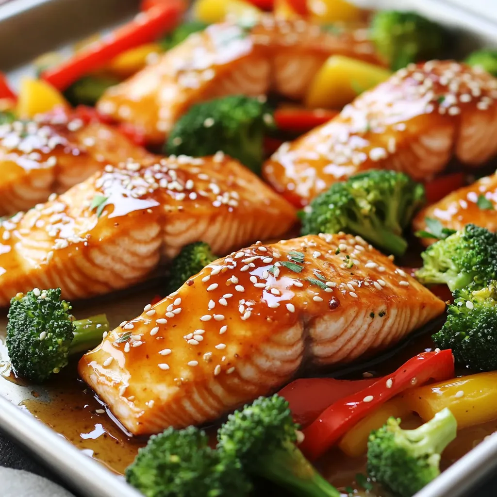 - 4 salmon fillets (approximately 6 oz each) - 1/4 cup honey - 4 cloves garlic, finely minced - 3 tablespoons soy sauce - 2 cups vibrant broccoli florets - 1 large red bell pepper, thinly sliced - 1 tablespoon olive oil - 1 tablespoon fresh ginger, freshly grated - 1 tablespoon sesame seeds (optional, for garnish) - Fresh parsley or cilantro, chopped, for garnish The main ingredients in this dish are simple yet powerful. Salmon fillets are the star, providing protein and healthy fats. Honey adds a sweet touch, while garlic brings depth. Soy sauce adds umami, perfect for this dish. Next, we have vegetable add-ins. Broccoli florets give crunch and color. Red bell pepper adds sweetness and vibrancy. Finally, seasonings and garnishes elevate the dish. Olive oil helps with cooking and flavor. Fresh ginger adds a zing, while sesame seeds offer crunch. Fresh herbs like parsley or cilantro finish it all off with a bright note. {{ingredient_image_2}} - Preheat your oven to 400°F (200°C). - Line a large baking sheet with parchment paper. This makes cleanup easy. - In a small bowl, mix the honey, minced garlic, soy sauce, grated ginger, and olive oil. - Add a pinch of salt and pepper. - Use a whisk to blend until smooth. This sauce adds great flavor. - Place the salmon fillets on one side of the lined baking sheet. - Use a brush to coat each fillet with the honey garlic sauce. - Keep some sauce aside for later. - On the other side of the baking sheet, spread the broccoli and red bell pepper. - Drizzle them with olive oil and season with salt and pepper. - Toss the veggies gently to coat them evenly. - Put the baking sheet in the oven. Bake for about 15-18 minutes. - Check the salmon for doneness. It should reach 145°F (63°C). - The veggies should be tender and slightly caramelized. - Halfway through baking, take the salmon out. - Brush it with the reserved honey garlic sauce for extra flavor. - Put it back in the oven to finish cooking. - Once done, sprinkle sesame seeds on the salmon and veggies for crunch. - Before serving, add chopped parsley or cilantro for color and taste. - Drizzle any remaining sauce over the dish for a delicious finish. - Checking salmon doneness: Use a fork to flake the salmon. If it flakes easily, it's done. The ideal internal temperature is 145°F (63°C). A meat thermometer ensures perfect cooking every time. - Avoiding overcooked vegetables: To keep vegetables crisp, add them later in the cooking time. Broccoli and bell peppers need about 15-18 minutes to roast nicely without losing their crunch. - Alternatives to honey or soy sauce: You can swap honey with maple syrup for a different sweetness. For soy sauce, use coconut aminos for a soy-free option. Both give unique tastes. - Additional herbs and spices: Fresh herbs like thyme or dill can add freshness. Spices like paprika or cayenne can bring heat. Experiment with flavors that excite your palate. - Recommended bakeware: A large, rimmed baking sheet works best. It helps catch any drips and allows even cooking. Choose one with a non-stick surface for easy cleanup. - Essential utensils for prep: Have a whisk for mixing the sauce and a brush for coating the salmon. Use a sharp knife and cutting board for quick vegetable prep. These tools make cooking smoother and more fun. Pro Tips Use Fresh Ingredients: Always opt for fresh salmon and vibrant vegetables to enhance the flavor and nutritional value of your dish. Marinate for Extra Flavor: If time allows, marinate the salmon in the honey garlic sauce for 30 minutes before baking to deepen the flavors. Don’t Overcook the Salmon: Keep an eye on the salmon as it cooks; it should flake easily with a fork and reach an internal temperature of 145°F (63°C). Customize Your Veggies: Feel free to swap in other vegetables like asparagus or snap peas based on your preferences or what you have on hand. {{image_4}} You can change the fish in this recipe. Try using trout or cod instead of salmon. Both work well with honey garlic sauce. You can also use shrimp for a different taste. For veggies, feel free to swap in what you have. Carrots, snap peas, or asparagus are great options. Each will bring a new flavor to the dish. Want to make it zesty? Add citrus zest like lemon or orange. This will brighten up the honey garlic sauce. You can also mix in some lime juice for a fresh kick. If you like heat, add some chili flakes or diced jalapeños. This will give the dish a spicy twist. Just be careful not to add too much! For a gluten-free version, use tamari instead of soy sauce. This keeps the flavor while making it safe for gluten-free diets. If you prefer a vegan meal, replace the salmon with tofu. Use extra firm tofu for the best texture. Marinate it in the honey garlic sauce before baking. This will ensure it absorbs all the great flavors. To keep your leftover honey garlic salmon fresh, store it in the fridge. Place the salmon and veggies in airtight containers. Make sure to refrigerate within two hours of cooking. This will help it stay safe and tasty. Leftover salmon is best eaten within three days. For reheating, I recommend using the oven. Preheat it to 350°F (175°C). Place the salmon on a baking sheet and cover it with foil. Heat for about 10-15 minutes. This keeps the salmon moist and flavorful. You can also use a microwave. Use a microwave-safe dish and cover it loosely. Heat in short bursts to avoid overcooking. If you want to freeze the salmon, wrap it well in plastic wrap and then in aluminum foil. This will prevent freezer burn. You can freeze it for up to three months. When ready to eat, thaw it in the fridge overnight. This helps keep its flavor and texture intact. Avoid thawing in warm water or the microwave, as this can ruin the fish. To check if salmon is done, look for an internal temperature of 145°F (63°C). Use a meat thermometer for accuracy. When fully cooked, the salmon will flake easily with a fork. The color should change from bright pink to a light pink or opaque shade. This ensures your fish is both safe and tasty. Yes! You can prep the salmon and sauce ahead of time. This recipe takes 10 minutes to prep and 25 minutes to cook. You can marinate the salmon in the honey garlic sauce for up to an hour. Store it in the fridge until you're ready to cook. This saves time on busy days and adds flavor. For sides, I recommend vibrant broccoli and red bell pepper. They roast nicely and add color to your plate. You could also serve the salmon with rice or quinoa for a filling meal. A fresh salad with a light vinaigrette makes a great addition too. This combination brings balance and taste to your dinner. This blog post covered a delicious Honey Garlic Salmon recipe. We explored the key ingredients, including salmon, honey, and vegetables. You learned how to prepare the dish with simple steps and helpful tips. We also discussed variations to suit your tastes. In the end, this meal is easy to make and packed with flavor. Whether you're cooking for yourself or guests, you can impress anyone. Enjoy experimenting and making this dish your own!