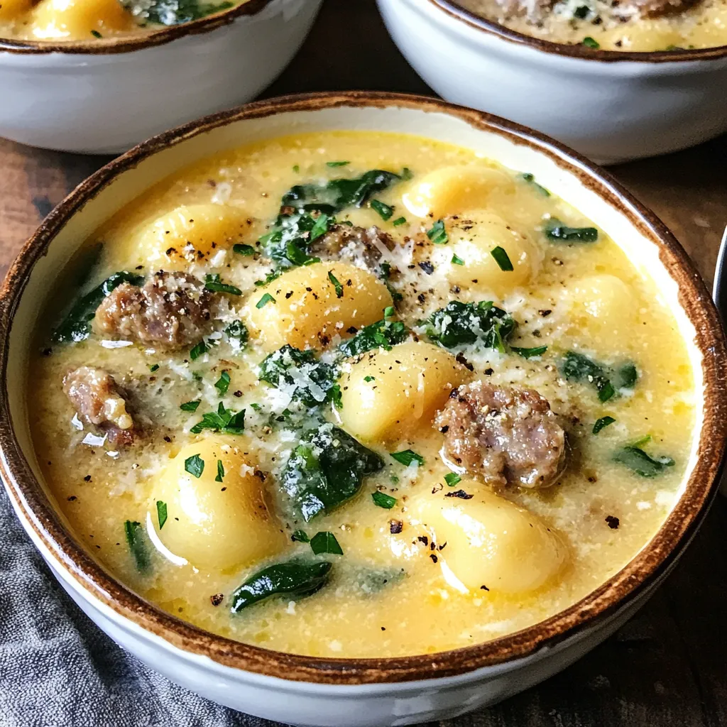 - 1 lb Italian sausage (options: mild or spicy) - 3 cups chicken broth (options: homemade or store-bought) - 1 cup heavy cream - 1 pound gnocchi (options: store-bought or homemade) - 1 medium onion, diced finely - 2 cloves garlic, minced - 2 cups fresh spinach, roughly chopped - 1 teaspoon Italian seasoning blend - Salt and pepper to taste - Grated Parmesan cheese - Fresh parsley, finely chopped When making creamy Italian sausage gnocchi soup, the right ingredients matter. Start with the sausage. You can choose mild or spicy, depending on your taste. The chicken broth adds flavor. You can use homemade broth or grab a carton from the store. For creaminess, heavy cream is key. Gnocchi gives this soup its heartiness. You can buy it or make it yourself if you prefer. Next, we have vegetables. A finely diced onion brings sweetness. Minced garlic adds a punch. Fresh spinach gives color and nutrition. Italian seasoning blends herbs perfectly. Don't forget salt and pepper; they boost flavor. For garnishing, grated Parmesan cheese is a must. It melts slightly and adds richness. Fresh parsley brightens the dish with color and freshness. This mix of ingredients makes a soup that feels like a warm hug on a chilly day. {{ingredient_image_2}} - Heat 1 tablespoon of olive oil in a large pot over medium heat. - Add 1 pound of Italian sausage, breaking it into small pieces with a wooden spoon. Cook until browned, about 5-7 minutes. - Next, add 1 medium diced onion to the pot. Stir and sauté for 3-4 minutes until the onion turns soft and translucent. - Then, add 2 cloves of minced garlic. Cook for 1 minute to release its wonderful aroma. - Carefully pour in 3 cups of chicken broth. Turn up the heat to bring it to a gentle boil. - Once boiling, reduce the heat and add 1 pound of gnocchi. Cook them according to the package instructions, usually around 2-3 minutes, or until they float. - Stir in 1 cup of heavy cream and 1 teaspoon of Italian seasoning. Let the soup simmer for another 5 minutes. - Add 2 cups of roughly chopped fresh spinach. Cook until the spinach wilts, which takes about 1-2 minutes. - Taste the soup and add salt and pepper as needed. - Serve the soup hot, garnished with grated Parmesan cheese and finely chopped parsley. - Brown the sausage well. This adds a deeper flavor. - Stir occasionally to keep ingredients from sticking. - Garnish each bowl with Parmesan and parsley. This adds a nice touch. - Pair the soup with garlic bread for a complete meal. - Don’t overcook the spinach. It should remain vibrant and green. - Always season to taste before serving. This enhances the soup's flavor. Pro Tips Choose Your Sausage Wisely: Select between mild or spicy Italian sausage based on your heat preference. The sausage's flavor will significantly impact the overall taste of the soup. Homemade vs. Store-Bought Gnocchi: While store-bought gnocchi is convenient, making your own can elevate the dish. Fresh gnocchi has a lighter texture that complements the creamy soup beautifully. Adjust the Creaminess: For a lighter soup, substitute half of the heavy cream with low-fat milk or broth. This will maintain flavor while reducing richness. Fresh Spinach is Key: Use fresh spinach instead of frozen for better texture and vibrant color. Add it at the end to preserve its nutrients and brightness. {{image_4}} You can easily make this soup lighter. Try using chicken or turkey sausage instead of Italian sausage. This swap reduces fat while keeping flavor. If you want a lighter cream base, substitute half-and-half for heavy cream. You’ll get a creamy texture without the heaviness. Looking to spice things up? Add crushed red pepper for extra heat. It gives a nice kick to the savory soup. You can also mix in other vegetables like carrots or mushrooms. They add texture and flavor, making the soup even more enjoyable. If you have dietary restrictions, you can still enjoy this soup. Look for gluten-free gnocchi options that fit your needs. For those avoiding dairy, consider using coconut milk or a plant-based cream. These alternatives maintain the creaminess without the dairy. You can store your leftover soup in an airtight container. It stays fresh in the fridge for up to three days. Before sealing, let it cool to prevent condensation. This helps keep the soup's texture nice and creamy. If you want to keep it longer, freeze the soup in portions. Use freezer-safe containers for best results. When you are ready to eat, thaw it in the refrigerator overnight. This way, it stays safe and tasty. Reheating on the stovetop works best for this soup. It helps maintain its rich texture. Just add a splash of broth to refresh the soup while warming it up. This tip ensures each bowl tastes as good as when you first made it. Yes, you can prepare and refrigerate this soup. Just reheat before serving. This makes it a great option for busy days. This soup pairs well with crusty bread, salad, or garlic bread. These sides add flavor and texture to your meal. You can add crushed red pepper or use spicy Italian sausage. This will give your soup a nice kick and enhance the flavor. Yes, frozen gnocchi work well in this soup. You can cook them directly from frozen, making it even easier to prepare. Yes, the mild sausage and creamy texture appeal to children. It’s a comforting dish that kids love, making it a family favorite. In this blog post, we covered the key ingredients, easy steps, and tips for making Creamy Italian Sausage Gnocchi Soup. You learned how to create a rich, comforting meal with simple swaps for personal tastes. Remember to adjust flavors as you cook and avoid overcooking the spinach. This soup not only fills you up but also warms your soul. Share it with friends and family, making it a perfect meal for gatherings. Enjoy cooking and experimenting with this easy recipe!