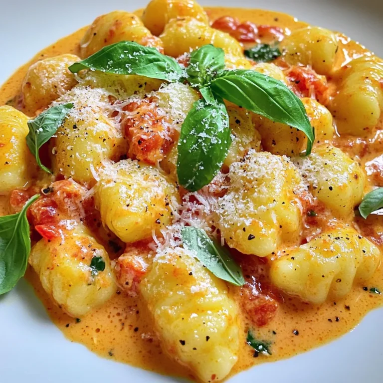 To make the Minute Creamy Tomato Gnocchi, you'll need: - 1 package (16 oz) gnocchi - 2 tablespoons extra virgin olive oil - 3 cloves garlic, finely minced - 1 can (14 oz) crushed tomatoes, preferably San Marzano - 1 cup heavy cream or coconut cream - 1 teaspoon dried basil - 1 teaspoon dried oregano - 1/2 teaspoon red pepper flakes (optional) - Salt and freshly ground black pepper - Fresh basil leaves, torn for garnish - Freshly grated Parmesan cheese These ingredients come together for a rich and creamy sauce that hugs each gnocchi piece. For the best taste, I recommend using: - Gnocchi: Look for brands like De Cecco or Rana. They make soft, pillowy gnocchi. - Crushed Tomatoes: San Marzano tomatoes offer a sweet and rich flavor. - Olive Oil: Extra virgin olive oil from brands like Colavita or Bertolli gives a nice depth. - Heavy Cream: Organic heavy cream from brands like Horizon Organic works well. Choosing high-quality brands will elevate your dish and bring out the best flavors. If you have dietary needs, here are some substitutes: - Gnocchi: Look for gluten-free gnocchi made from potato or rice flour. - Cream: Use coconut cream for a dairy-free option. - Cheese: Nutritional yeast can replace Parmesan for a vegan option. - Herbs: Fresh herbs can replace dried ones for a brighter taste. These swaps ensure everyone can enjoy this creamy delight without compromising flavor! 1. Start by warming 2 tablespoons of extra virgin olive oil in a large skillet over medium heat. When it shimmers, add 3 finely minced garlic cloves. Sauté for about 1 minute until fragrant, but don’t let it brown. 2. Next, pour in 1 can (14 oz) of crushed tomatoes. Stir well and let it cook for 3-4 minutes. This helps the flavors blend and thickens the sauce. 3. Now, gently add 1 cup of heavy cream. Follow it with 1 teaspoon of dried basil, 1 teaspoon of dried oregano, and 1/2 teaspoon of red pepper flakes if you want heat. Stir well and bring to a gentle simmer. Avoid boiling the sauce. 4. While the sauce simmers, bring a large pot of salted water to a rolling boil. Once boiling, add 1 package (16 oz) of gnocchi. Cook for 2-3 minutes, or until the gnocchi float to the surface. 5. Using a slotted spoon, transfer the cooked gnocchi from the water to the sauce. Toss gently to coat each piece in the creamy sauce. 6. Season the dish with salt and freshly ground black pepper to taste. Let it simmer for another 2 minutes to soak up the flavors. 7. Serve hot, garnished with torn fresh basil leaves and freshly grated Parmesan cheese. - Warming oil and sautéing garlic: 1 minute - Cooking crushed tomatoes: 3-4 minutes - Simmering with cream and herbs: 2 minutes - Cooking gnocchi: 2-3 minutes - Final simmer with gnocchi: 2 minutes Total time: About 15 minutes. - Use fresh, high-quality gnocchi for best results. - Make sure the water is boiling before adding gnocchi. This helps them cook evenly. - Don’t overcrowd the pot. Cook in batches if needed. - Toss the gnocchi gently to avoid breaking them. - Always taste and adjust seasoning before serving. To make the sauce creamier, use heavy cream. If you're dairy-free, try coconut cream. Both options give a rich taste. For an extra touch, add a small amount of cream cheese. This will enhance the creaminess even more. You can also blend some of the sauce to make it smooth. This helps in coating the gnocchi evenly. To boost the flavor, try adding fresh herbs. Basil and oregano work great. A splash of balsamic vinegar adds depth. You can also mix in some sautéed onions or mushrooms. For heat, increase the red pepper flakes. If you like a tangy flavor, squeeze in some lemon juice. These simple changes can elevate the dish and make it even more delicious. A common mistake is overcooking the gnocchi. They only need 2-3 minutes to float. If you let them boil longer, they get mushy. Another mistake is letting the sauce boil. It should only simmer gently. This keeps the cream from curdling. Lastly, don’t skip seasoning. Salt and pepper enhance the dish. Taste as you go to find the perfect balance. {{image_4}} You can easily make this dish vegetarian by using vegetable broth instead of chicken broth. For a vegan version, swap the heavy cream with coconut cream. This keeps the dish rich and creamy without dairy. You can also use nutritional yeast instead of Parmesan for a cheesy flavor. Want to amp up the flavor? Consider adding cooked spinach or kale. These greens add nutrition and a lovely color. You might also try adding sun-dried tomatoes for a sweet twist. For a tangy kick, a splash of balsamic vinegar works wonders. Pair this gnocchi with a simple salad. A fresh arugula salad with lemon dressing complements the rich sauce. Garlic bread also makes a great side. It’s perfect for soaking up all that creamy goodness. For a heartier meal, serve it with roasted vegetables or a light soup. To keep your creamy tomato gnocchi fresh, let it cool first. Once cool, place it in an airtight container. Store it in the fridge for up to three days. Make sure to label the container with the date. This helps you track freshness. Avoid storing it in the same pot to prevent sogginess. When you are ready to enjoy leftovers, reheating gently is key. Place the gnocchi in a skillet over low heat. Add a splash of water or cream to help revive the sauce. Stir often for even heating. This method keeps the gnocchi soft. Avoid microwaving if possible, as it can make them chewy. To freeze creamy tomato gnocchi, portion it into freezer-safe bags. Remove as much air as you can. Label the bags with the date. This dish can stay good for up to three months. When ready to eat, thaw it in the fridge overnight. Reheat in a skillet as mentioned before for best taste. You will know the gnocchi is done when it floats to the top of the boiling water. This usually takes about 2-3 minutes. If you want to be sure, taste one. It should be soft but not mushy. Yes, you can use fresh tomatoes. If you choose this route, use around 4-5 medium tomatoes. Blanch them to remove the skin, then crush them. Fresh tomatoes give a bright flavor, but they may need more cooking time to thicken the sauce. Creamy tomato gnocchi pairs well with a side salad or garlic bread. You can also serve it with steamed vegetables for a balanced meal. If you want more protein, grilled chicken or shrimp works great too. Enjoy it with a nice glass of red wine for a complete experience! In this post, we covered how to make creamy tomato gnocchi. We listed key ingredients and the best brands for flavor. You learned cooking steps, timing, and tips for perfect gnocchi. We shared tricks for creamier sauce and avoiding common mistakes. Options for variations and storage tips rounded out our guide. Remember, practice makes perfect. Don't be afraid to experiment with flavors and ingredients. Enjoy your cooking journey!
