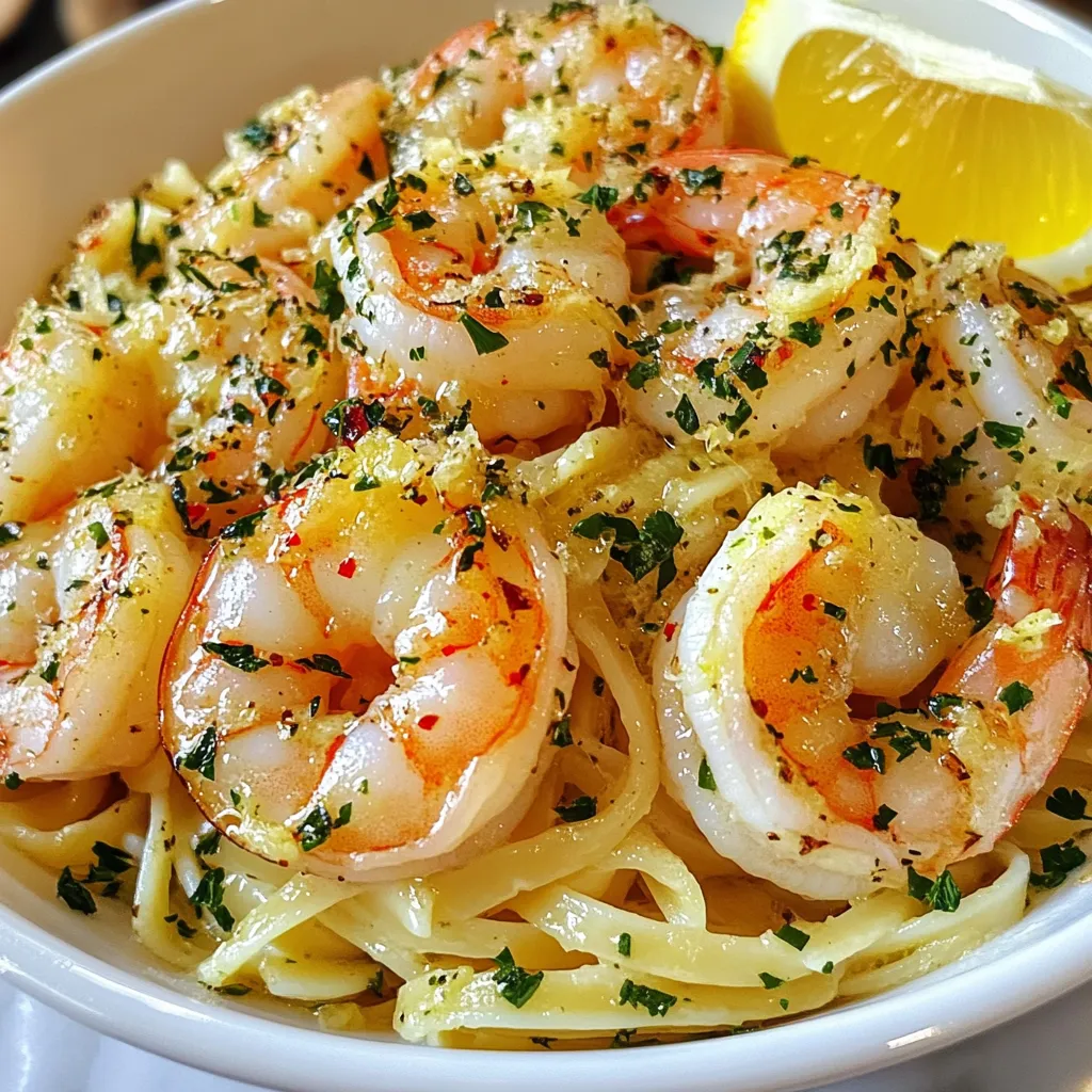 - 1 lb (450g) large shrimp, peeled and deveined - 8 oz (225g) linguine or spaghetti - 4 tablespoons unsalted butter, divided - 4 cloves garlic, minced - 1 teaspoon red pepper flakes (adjust to your heat preference) - 1 lemon, juiced and zested - 1/2 cup low-sodium chicken broth - 1/4 cup fresh parsley, finely chopped - Salt and freshly ground black pepper, to taste - Grated Parmesan cheese for serving This dish serves four people. Each serving has about: - Calories: 400 - Protein: 25g - Carbohydrates: 30g - Fat: 20g - Fiber: 2g For a complete meal, consider pairing it with a fresh side salad or steamed veggies. The rich flavors of the garlic butter shrimp scampi blend well with greens and light sides. {{ingredient_image_2}} Start by boiling salted water in a large pot. Add 8 ounces of linguine or spaghetti. Cook it according to the package instructions until it is al dente. This usually takes about 8 to 10 minutes. Before you drain the pasta, save 1 cup of the cooking water. This water helps to make the sauce later. After draining, set the pasta aside. In a big skillet, melt 2 tablespoons of unsalted butter over medium heat. Once the butter melts, add 4 cloves of minced garlic and 1 teaspoon of red pepper flakes. Cook this for about 1 minute. You want the garlic fragrant but not burnt. Then, add 1 pound of peeled and deveined shrimp to the skillet in a single layer. Cook for 2 to 3 minutes. Stir often until the shrimp is pink and fully cooked. Season with salt and black pepper. Now, pour in ½ cup of low-sodium chicken broth. Add the juice and zest of 1 lemon as well. Let this mixture simmer gently for 2 to 3 minutes. This helps to deepen the flavors. The sauce should reduce slightly during this time. Next, add the drained pasta directly to the skillet. Toss everything together well. You want the pasta to be coated with the flavorful sauce. If it looks dry, add some of the reserved pasta water, a little at a time, until you reach the right consistency. Remove the skillet from the heat. Add the remaining 2 tablespoons of butter and ¼ cup of chopped parsley. Stir until the butter melts and combines with the other ingredients. This adds richness and brightness to the dish. Serve the shrimp scampi hot. For a nice touch, garnish with more fresh parsley and a sprinkle of grated Parmesan cheese if you like. You can also add a lemon wedge on the side for an extra burst of flavor. Enjoy this tasty meal! To make your shrimp perfect, start with fresh shrimp. Look for shrimp that smell like the sea, not fishy. When cooking, spread the shrimp in one layer in the skillet. This helps them cook evenly. Cook them just until they turn pink, around 2-3 minutes. Overcooking makes the shrimp tough and chewy. The key to great flavor is in the garlic and butter. Use fresh garlic, and don’t let it burn. The red pepper flakes add heat but adjust them to your taste. I love adding lemon juice and zest for a bright kick. The chicken broth brings everything together, so don’t skip it. Fresh parsley adds color and freshness that make the dish pop. One mistake is not reserving pasta water. This starchy water helps bind the sauce and pasta. Another mistake is overcrowding the skillet with shrimp. This can lead to uneven cooking. Lastly, avoid using too much heat. Medium heat keeps the garlic from burning and ensures a nice, smooth sauce. Pro Tips Fresh Shrimp Matters: Always use the freshest shrimp available for the best flavor and texture. If possible, buy shrimp that has been recently caught or sourced directly from your local fish market. Perfect Pasta Texture: For optimal texture, remember to cook the pasta until al dente. This ensures that it holds its shape and provides a delightful bite when mixed with the sauce. Adjusting Heat Levels: If you prefer a milder dish, reduce the amount of red pepper flakes. Conversely, for a spicier kick, feel free to add more according to your taste preferences. Finishing Touches: For extra richness, consider drizzling a bit of high-quality olive oil over the finished dish before serving. It adds a lovely flavor and enhances the overall presentation. {{image_4}} If you want to swap shrimp, consider using chicken, scallops, or fish. Chicken breast works well; just cut it into small pieces. Cook it until golden and fully done before adding the sauce. For scallops, sear them for 2-3 minutes until they are a nice golden color. If you love fish, try cod or tilapia. These options add different flavors and textures to the dish. To boost flavor, add some fresh herbs like basil or thyme. Fresh herbs bring a bright taste. You can also mix in capers for a salty kick. A splash of white wine can add depth. If you want heat, add more red pepper flakes or a dash of hot sauce. You can also experiment with sun-dried tomatoes for a sweet and tangy twist. If you need a gluten-free meal, use gluten-free pasta instead of regular. Zucchini noodles or spaghetti squash make great low-carb swaps. For a dairy-free version, skip the butter and use olive oil instead. You can also use vegan butter or a plant-based cream for extra richness. Adjust the seasonings to suit your taste and keep it delicious! To store leftovers, let the shrimp scampi cool down first. Place it in an airtight container. This keeps the dish fresh for up to three days in the fridge. If you want to enjoy it later, store it quickly to keep the flavors intact. When you’re ready to eat your leftovers, reheating is easy. You can use a skillet on low heat. Add a splash of chicken broth or water to keep it moist. Stir gently until heated through. You can also microwave it in short bursts, stirring in between. Make sure it’s hot all the way through. If you want to freeze the shrimp scampi, it’s best to do so without the pasta. Store the shrimp in an airtight container. It can last for up to two months in the freezer. To thaw, place it in the fridge overnight. Reheat it gently to keep it tasty and juicy. If you can't use shrimp, try scallops or chunks of fish. You can also use chicken or tofu for a plant-based option. Both will soak up the garlic butter flavor well. You can cook the shrimp and sauce ahead of time. Just reheat it gently on the stove. Cook the pasta fresh for the best taste and texture. Mix it all right before serving to keep it fresh. Shrimp cook quickly. They turn pink and opaque when done. Use a meat thermometer; the internal temperature should reach 120°F (49°C). If they curl up tightly, they might be overcooked. Serve shrimp scampi with a fresh salad or garlic bread. A side of steamed vegetables or roasted asparagus adds color and nutrition. You can also enjoy it with rice or quinoa for a heartier meal. We covered how to make a delicious shrimp scampi, starting with key ingredients and their nutrition. I showed you step-by-step instructions for cooking pasta and shrimp, plus tips to elevate your dish. You also learned about variations and how to store leftovers. Remember, cooking is fun, and these tips help you enjoy shrimp scampi to the fullest! Try different flavors and enjoy your tasty creation. Happy cooking!