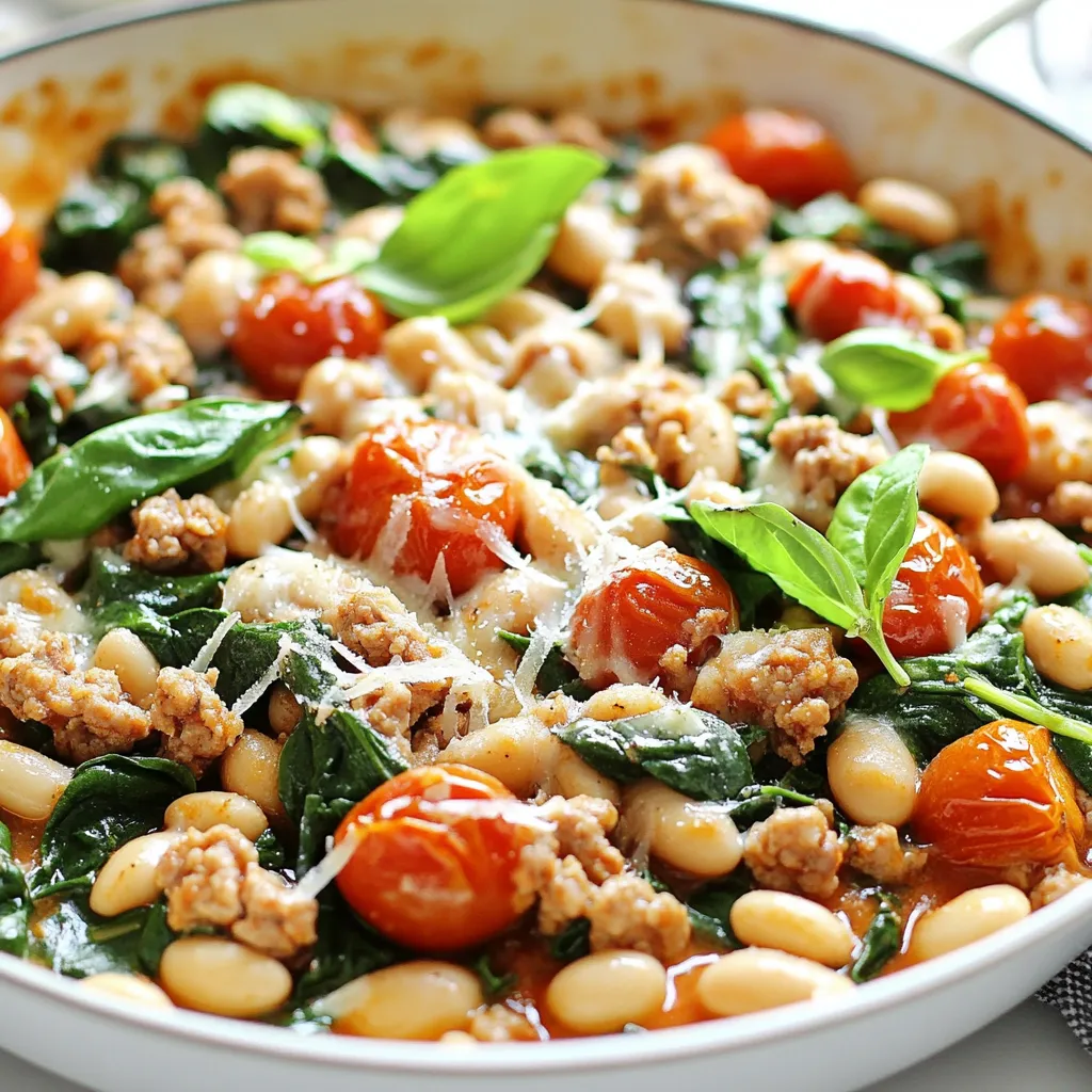 - 1 lb ground turkey - 1 can (15 oz) white beans (cannellini or great northern), drained and rinsed - 1 tablespoon extra virgin olive oil - 1 medium onion, finely diced - 3 cloves garlic, minced - 1 cup cherry tomatoes, halved - 1 cup fresh spinach, tightly packed - 1 teaspoon dried oregano - 1 teaspoon dried thyme - 1/2 teaspoon red pepper flakes (adjust to taste) - Salt and freshly cracked black pepper to taste For my Tuscan White Bean Turkey Skillet, I focus on fresh, simple ingredients. The ground turkey is lean and cooks quickly, making it a great base. I love using white beans like cannellini or great northern. They add creaminess and protein. Olive oil gives the dish a rich flavor and helps cook the veggies. For veggies, I choose an onion and garlic for depth. Cherry tomatoes add a pop of sweetness, while fresh spinach brings color and nutrients. The seasonings are key. Dried oregano and thyme give an aromatic touch. Red pepper flakes add a bit of heat, which you can adjust based on your taste. Salt and black pepper enhance all the flavors. Using these ingredients, I create a dish that is not only healthy but also full of flavor. Each bite makes me feel like I’m dining in a cozy Tuscan kitchen. {{ingredient_image_2}} - Heat 1 tablespoon of olive oil in a large skillet over medium heat. Wait until the oil shimmers. - Add 1 medium onion, finely diced. Sauté for 4-5 minutes. Stir occasionally until softened. - Add 3 cloves of minced garlic to the skillet. Sauté for 1 minute to release the aroma. - Introduce 1 pound of ground turkey. Use a spoon to break it apart. Cook for 5-7 minutes. Stir until the turkey is browned. - Season the turkey with 1 teaspoon of dried oregano, 1 teaspoon of dried thyme, and 1/2 teaspoon of red pepper flakes. Add salt and black pepper to taste. Stir the mixture well. - Add 1 cup of halved cherry tomatoes. Cook for 3-4 minutes until they soften. - Fold in 1 can of drained white beans and 1 cup of tightly packed spinach. Stir until the spinach wilts, about 2-3 minutes. To make sure the turkey is fully cooked, use a meat thermometer. The turkey should reach 165°F. This guarantees safety and a juicy bite. If you like more flavor, adjust the seasoning to suit your taste. A little extra salt or pepper can go a long way. You can also add more red pepper flakes for a spicier kick. For a richer taste, consider adding grated Parmesan cheese. It melts beautifully over the hot dish and adds a nice creaminess. Serve the skillet with crusty bread or over quinoa. Both options soak up the sauce well and make the meal heartier. Clean up is easy when you use a large skillet. It gives you more space to stir and cook without spills. After cooking, let the skillet soak in warm, soapy water. This helps remove any stuck bits easily. Using a larger pan also allows for even cooking of all ingredients, making your meal perfect every time. Pro Tips Use Fresh Herbs: Incorporating fresh basil or parsley as a garnish adds a burst of flavor and color to your dish. Adjusting Spice Levels: If you prefer a milder dish, reduce the amount of red pepper flakes or leave them out entirely. Cook the Turkey Thoroughly: Ensure the ground turkey is fully cooked to an internal temperature of 165°F (74°C) for safe eating. Meal Prep Friendly: This dish can be made ahead of time and stored in the refrigerator for up to 3 days, making it perfect for meal prep. {{image_4}} You can switch ground turkey for ground chicken or beef. These meats add flavor and protein. Ground chicken gives a light taste. Beef adds a richer flavor. Try both to see which you like best. For a vegetarian option, use lentils. Lentils cook fast and soak up flavors. They give a nice texture and protein too. Feel free to add bell peppers or zucchini to the skillet. These veggies bring a nice crunch and color. You can also use seasonal vegetables, like squash in the fall or asparagus in spring. This keeps the dish fresh and fun. Mix and match to find your favorite combo! Want some heat? Add red pepper flakes to kick up the spice. Adjust to your taste; start small and add more if needed. You can also try different herbs like basil or parsley. Fresh herbs brighten the dish. Experiment with the spices you love for a unique twist! To store leftovers, place them in an airtight container. This keeps the dish fresh and safe. You can store it in the fridge for up to three days. Make sure to cool it down before sealing. This helps avoid moisture build-up. To freeze the skillet dish, let it cool completely. Then, transfer it to a freezer-safe container. You can also use freezer bags for easier storage. Be sure to remove as much air as possible. This prevents freezer burn. When you're ready to eat, thaw it in the fridge overnight. Reheat in a skillet on low heat until warm. Stir occasionally to keep it from sticking. Before serving, you can refresh the dish. Add a splash of water or broth while reheating. This helps restore moisture. Stir in some fresh spinach or herbs for extra flavor. This keeps the texture inviting and the taste bright. Enjoy your meal just like when you first made it! It takes about 30 minutes to make this dish. The prep time is roughly 10 minutes. Cooking time is around 20 minutes. With quick steps, you can have a tasty meal ready in no time. Yes, you can prepare this dish ahead of time. Cook the turkey, beans, and veggies, then cool them down. Store the mix in the fridge for up to three days. Reheat it on the stove before serving. This makes meal prep easy and fast. Several sides go well with this skillet. Here are a few ideas: - Crusty bread for dipping - A fresh green salad - Quinoa for added protein - Steamed vegetables for extra nutrients These sides complement the flavors and make your meal more filling. This Tuscan White Bean Turkey Skillet is easy to make and very tasty. We covered key ingredients, from ground turkey to spinach and spices. I shared step-by-step cooking tips to achieve the best flavor. You can also customize the dish with different proteins and veggies. Storing leftovers is simple, too, ensuring you enjoy it later. Overall, this dish is healthy and satisfying, perfect for busy weeknights. Try it out and enjoy delicious meals with minimal effort!