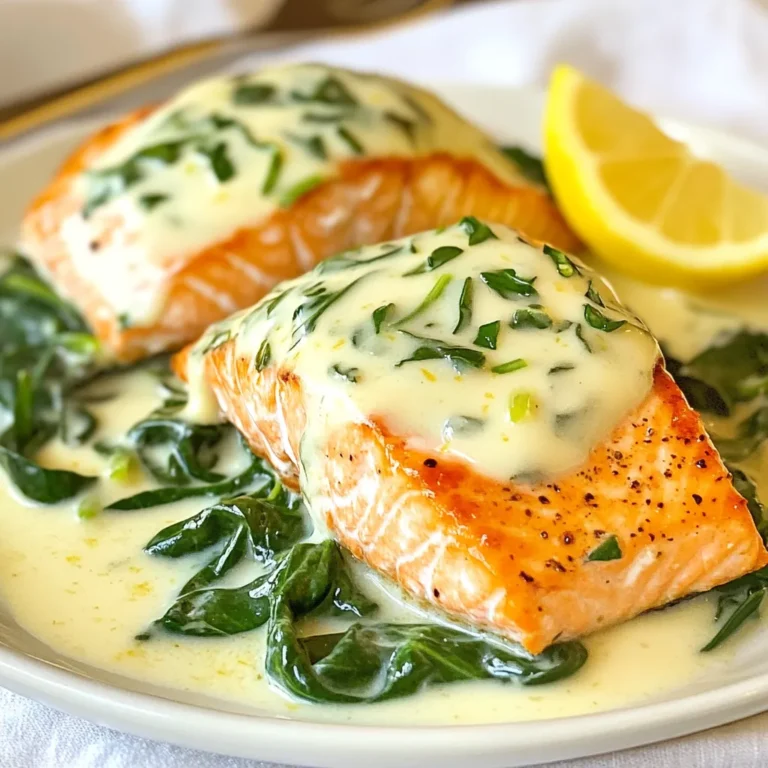 - 4 salmon fillets, skin-on - 2 cups fresh spinach, washed and drained - 1 cup heavy cream - 1/2 cup grated Parmesan cheese - 1 tablespoon garlic, finely minced - 1 tablespoon olive oil - 1/2 teaspoon ground nutmeg - Salt and freshly cracked black pepper to taste - Lemon wedges for garnish These ingredients make a rich and tasty Salmon Florentine. The skin-on fillets help keep the fish moist. Fresh spinach adds color and nutrition. Heavy cream and Parmesan bring a creamy texture. Garlic gives a nice flavor boost. Olive oil keeps things smooth while nutmeg adds warmth. Salt and pepper help balance everything. Lemon wedges brighten the dish when served. Each ingredient plays a role in making this meal special. You can find them at any grocery store. Enjoy the process of gathering and preparing these fresh items! {{ingredient_image_2}} Set your oven to 375°F (190°C). This prepares the oven for baking the salmon. Heat a large skillet over medium heat. Add 1 tablespoon of olive oil. Then, toss in 1 tablespoon of finely minced garlic. Sauté for about 1 minute. You want the garlic to turn golden and fragrant, not burned. Next, stir in 2 cups of fresh spinach. Cook for 3-4 minutes until the spinach is wilted and bright green. Once done, remove the skillet from the heat. In a separate saucepan, combine 1 cup of heavy cream and 1/2 cup of grated Parmesan cheese. Place the saucepan over low heat. Stir continuously until the cheese melts and the cream thickens slightly. Season this rich sauce with 1/2 teaspoon of ground nutmeg, salt, and freshly cracked black pepper to taste. Take a baking dish and arrange 4 salmon fillets skin-side down. Spread the sautéed spinach evenly over each fillet. Make sure the spinach covers them well. Then, pour the creamy Parmesan sauce generously over the salmon and spinach. This ensures each fillet gets maximum flavor. Place the baking dish in the preheated oven. Bake for 15-20 minutes. The salmon will be done when it looks opaque and flakes easily with a fork. This shows it is perfectly cooked. After baking, remove the dish from the oven. Let it cool for a few minutes to keep the moisture in. Serve the Salmon Florentine hot. Garnish with fresh lemon wedges on the side for a zesty touch. For the best flavor, choose wild-caught salmon. It has a richer taste compared to farmed salmon. Look for salmon fillets that are bright pink and moist. The skin should be shiny and not dull. You can use sockeye or king salmon for their bold flavors. If you prefer a milder taste, opt for coho salmon. To keep your sauce smooth, use low heat when warming the cream. Stir it gently and often. If it starts to bubble, take it off the heat. Adding Parmesan cheese slowly helps it melt better. Avoid high heat, as it can cause the cream to curdle. If you notice tiny lumps, whisk it vigorously until smooth. Feel free to play with the seasoning! If you like a bit of heat, add crushed red pepper flakes. For a fresh twist, try lemon zest or fresh herbs like dill or parsley. Adjust the salt and pepper to suit your taste. Remember, you can always add more, but it’s hard to take it out! Pro Tips Choose Fresh Salmon: Always select high-quality, fresh salmon fillets for the best flavor and texture. Look for bright, vibrant color and a firm texture. Don’t Overcook: Keep an eye on the salmon as it bakes; overcooking can lead to dryness. Aim for a temperature of 145°F (63°C) for perfectly flaky salmon. Variations with Greens: Feel free to mix in other greens like kale or Swiss chard with the spinach for added flavor and nutrition. Extra Creaminess: For an even creamier sauce, consider adding a splash of white wine to the cream and cheese mixture, enhancing the overall flavor profile. {{image_4}} You can easily swap salmon for other proteins. Try using trout, cod, or even chicken. Each option brings its unique taste. Trout offers a milder flavor, while cod has a flaky texture. If you choose chicken, bake it until it’s juicy and tender. Want to mix things up? Consider a tomato-based sauce instead of cream. A fresh marinara can brighten the dish. Simply pour it over the salmon and spinach. For a twist, try a lemon butter sauce. It adds a zesty kick and pairs well with fish. Adding seasonal vegetables can boost flavor and nutrition. Try roasted asparagus or sautéed zucchini. You can also mix in bell peppers or mushrooms for extra texture. These veggies not only taste good but also add color to your plate. To store your leftover Salmon Florentine, let it cool first. Cover the dish tightly with plastic wrap or foil. You can also place the salmon in an airtight container. This method keeps it fresh for up to three days in the fridge. Make sure to place it in the coldest part of your refrigerator. When you’re ready to eat, just take it out and enjoy! If you want to keep Salmon Florentine for longer, freezing is a great option. First, let the dish cool completely. Cut the salmon into portions for easy serving. Wrap each portion in plastic wrap, then place them in a freezer-safe bag or container. Label the bag with the date. This way, you can enjoy it for up to three months. When you're ready to eat, just thaw it in the fridge overnight. Reheating Salmon Florentine requires care to keep it tasty. I recommend using the oven to reheat. Preheat your oven to 350°F (175°C). Place the salmon in a baking dish and cover it with foil. Heat for about 15 minutes or until warm. This method keeps the salmon moist and the sauce creamy. You can also use a microwave, but do it in short bursts. This way, you avoid overcooking and drying it out. Enjoy your delicious meal! Salmon Florentine is a creamy dish featuring salmon and spinach. It combines rich flavors and textures. This dish comes from Italian cuisine, where “Florentine” refers to a style of cooking that uses spinach. The creamy sauce enhances the salmon’s natural taste. Yes, you can prepare Salmon Florentine ahead of time. Cook the spinach and creamy sauce in advance. Store them in the fridge until you are ready to bake. When ready to cook, combine the salmon, spinach, and sauce. Bake as instructed for a quick meal. Salmon Florentine offers health benefits. Salmon is rich in omega-3 fatty acids, which are good for your heart. Spinach is full of vitamins and minerals. To make it lighter, consider using low-fat cream or yogurt instead of heavy cream. You can also reduce the cheese for fewer calories. Salmon is fully cooked when it turns opaque and flakes easily with a fork. The internal temperature should reach 145°F (63°C). Check the thickest part of the fillet. If it looks moist and firm, it’s ready to serve. To wrap up, we explored how to make Salmon Florentine. We covered ingredients, cooking steps, and storage tips. I shared ways to customize the dish and answered common questions. Salmon Florentine is tasty, healthy, and easy to prepare. You can make it your own with different proteins and sauces. Enjoy this dish today and impress your family or friends!