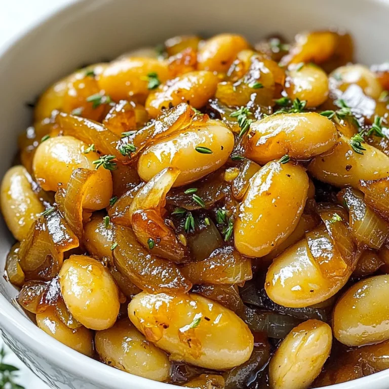 - 1 can (15 oz) of butter beans, thoroughly drained and rinsed - 2 large onions, beautifully thinly sliced - 3 tablespoons extra-virgin olive oil - 2 cloves of garlic, finely minced - 1 tablespoon rich balsamic vinegar - 1 teaspoon dried thyme, or fresh if available - Sea salt and freshly cracked black pepper to taste - Fresh parsley, finely chopped (for a colorful garnish) You can switch up ingredients for fun flavors. Try using white beans instead of butter beans. They add a different texture. You can also use red onions for a sweeter taste. If you want a kick, add a pinch of red pepper flakes. For a fresh twist, toss in some baby spinach at the end. Each serving is packed with nutrients. You get about 200 calories, 8 grams of protein, and 5 grams of fiber. The dish is also rich in vitamins from the onions and parsley. Butter beans provide healthy fats, making this dish both tasty and filling. This dish is great for a balanced meal. {{ingredient_image_2}} 1. Start by gathering all your ingredients. You need: - 1 can (15 oz) of butter beans, thoroughly drained and rinsed - 2 large onions, beautifully thinly sliced - 3 tablespoons extra-virgin olive oil - 2 cloves of garlic, finely minced - 1 tablespoon rich balsamic vinegar - 1 teaspoon dried thyme, or fresh if available - Sea salt and freshly cracked black pepper to taste - Fresh parsley, finely chopped for garnish 2. Thinly slice the onions. This helps them cook evenly. Aim for long, thin strips. 1. In a spacious skillet, pour in the olive oil. Warm it over medium-low heat. Let it become fragrant without smoking. 2. Add the thinly sliced onions. Season them lightly with sea salt. This step boosts their natural sweetness. 3. Cook the onions slowly. Stir them occasionally for about 15-20 minutes. Watch as they turn soft and golden-brown. 4. If onions stick, add a small splash of water. This keeps them tender and prevents burning. 5. Once caramelized, stir in the minced garlic. Sauté for 1-2 minutes until it becomes aromatic. Be careful not to burn the garlic. 1. Gently fold in the drained butter beans. Mix them well with the onions and garlic. 2. Drizzle balsamic vinegar over the mixture. Sprinkle in the dried thyme, salt, and freshly cracked black pepper. 3. Stir everything well. Cook for an additional 5 minutes. This lets all flavors meld beautifully. 4. Remove the skillet from heat. Taste and adjust seasoning as needed. 5. Serve the warm dish in bowls. Garnish with freshly chopped parsley for a vibrant touch. To get the best caramelized onions, use low heat. This method lets the sugars develop slowly. Start with a large skillet. Add olive oil and let it warm. Then, add your onions with a pinch of salt. This salt helps draw out moisture. Stir them often but gently. If they stick, add a splash of water. Keep cooking until they turn golden brown, about 15-20 minutes. The patience will be worth it! To boost the flavor, add fresh or dried herbs. Thyme works great in this dish. It adds a nice depth to the beans and onions. You can also experiment with other herbs. Try rosemary or sage for different tastes. For a little kick, add crushed red pepper flakes. Just a pinch will do. Remember, balance is key. You want the flavors to blend nicely. These caramelized onion butter beans shine as a side dish. Serve them next to grilled meats for a hearty meal. They pair well with chicken or steak. You can also enjoy them on their own. Top with extra parsley for color and freshness. For a complete meal, serve with crusty bread or a fresh salad. This makes for a delightful dinner experience! Pro Tips Use Fresh Ingredients: Whenever possible, opt for fresh onions and herbs to enhance the dish's flavor. Fresh ingredients bring a brightness and vitality that can elevate your meal. Control the Heat: Keep the heat on medium-low when caramelizing onions. This slow cooking process allows the natural sugars to develop without burning, resulting in perfectly sweet and tender onions. Experiment with Vinegars: While balsamic vinegar adds a rich flavor, feel free to experiment with other types like red wine or apple cider vinegar for a different taste profile. Add Texture: For a bit of crunch, consider topping the dish with some toasted pine nuts or breadcrumbs just before serving. This adds an interesting contrast to the creamy butter beans. {{image_4}} This dish is already vegetarian and can easily be vegan. Simply use vegetable broth instead of water if you need to add liquid while cooking the onions. You can also skip the butter and oil for a lighter version. The dish still tastes great without these fats. If you want a creamy texture, try adding a splash of coconut milk or cashew cream. Both options work well and keep the dish vegan. Just stir in a little at the end, after the beans are heated through. This change brings a rich flavor that pairs nicely with the caramelized onions. For those who like some spice, add red pepper flakes or diced jalapeños. Start with a small amount and adjust to your taste. You can also mix in some smoked paprika for a different flavor twist. This will add warmth and depth to the dish, making it even more exciting. To store your leftover caramelized onion butter beans, let them cool first. Use an airtight container and pour the beans inside. Make sure to seal it tightly. Place the container in your fridge. They will stay fresh for about 3 to 4 days. When you want to eat them again, take the beans out of the fridge. You can reheat them on the stove or in the microwave. If using the stove, add a splash of water or olive oil. This helps keep them moist. Heat them over low heat until warm. In the microwave, heat for 1-2 minutes, stirring halfway through to warm evenly. If you want to save the beans for later, freezing is great. Use a freezer-safe container or bag. Make sure to leave some space for expansion. Seal it tightly and label it with the date. They can last about 2 to 3 months in the freezer. When you’re ready to eat, thaw in the fridge overnight. Then reheat as mentioned. Yes, you can use fresh butter beans. First, shell them from their pods. Then, cook them in boiling water for about 5-7 minutes. Drain and cool them before adding to the recipe. Fresh beans will give a vibrant texture and taste. To store leftovers, let them cool to room temperature. Place them in an airtight container. Store in the fridge for up to 3 days. For longer storage, consider freezing them. Use a freezer-safe container, and they can last for about 2 months. Serve these beans as a side with grilled meats or fish. They also pair well with crusty bread or over a bed of rice. For a vegetarian option, serve them with roasted vegetables or a fresh salad. The flavors complement many dishes. This blog post explored how to make the best caramelized onion butter beans. You learned about the key ingredients, step-by-step cooking, and useful tips. Variations allow for personal touches, like making it vegan or spicy. I also shared smart ways to store and reheat leftovers. In summary, cooking this dish is fun and flexible. Experiment with flavors to create your own favorite version. Enjoy your delicious creation!