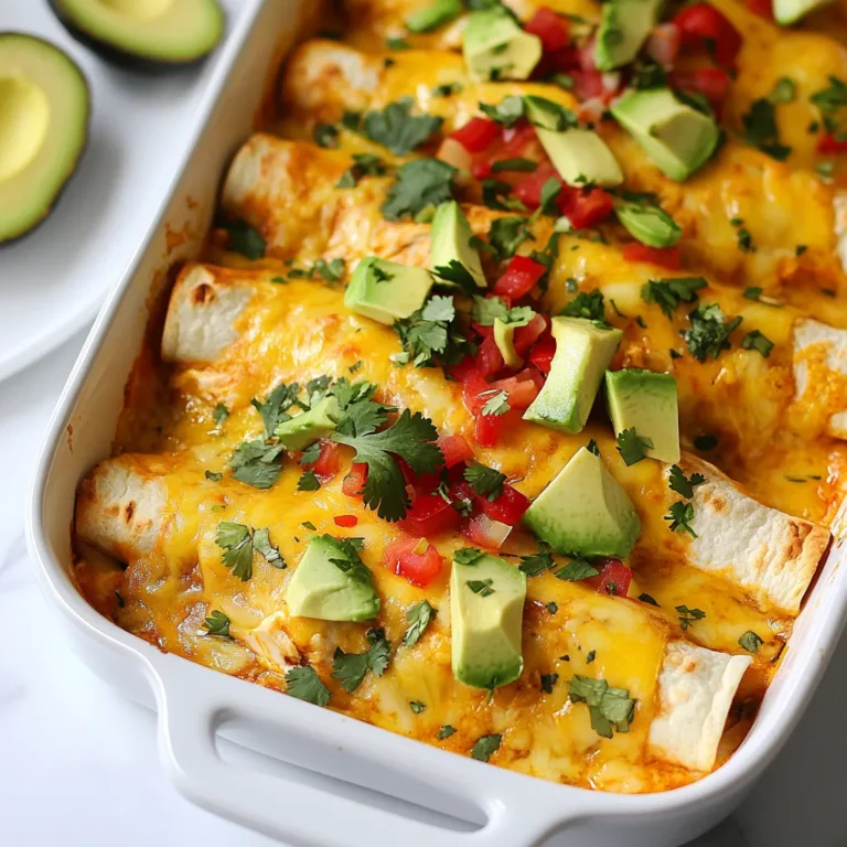 - 2 cups cooked chicken, shredded - 1 cup shredded cheese (gruyere or Monterey Jack) - 1 cup enchilada sauce (store-bought or homemade) - 8 small corn tortillas - ½ cup red bell pepper, diced - ½ cup onion, finely chopped - 1 tablespoon olive oil - 1 teaspoon ground cumin - 1 teaspoon garlic powder - Salt and pepper to taste - Fresh cilantro, chopped - Avocado slices You can swap cooked chicken for shredded beef or beans for a vegetarian option. Use cheddar or pepper jack cheese for a different flavor. If you prefer, try whole wheat tortillas instead of corn for added fiber. For the sauce, homemade enchilada sauce can elevate your dish. It's easy to make with tomatoes, spices, and broth. - Chicken: Use fresh, high-quality chicken. Rotisserie chicken is a great time-saver. - Cheese: Look for blocks of cheese rather than pre-shredded. It melts better. - Tortillas: Choose soft, pliable tortillas for easier rolling. Check for freshness. - Vegetables: Pick vibrant, firm onions and bell peppers. They add flavor and color. - Spices: Fresh spices enhance taste. Check dates to ensure they are potent. These choices make a big difference in flavor and texture. Enjoy the process of selecting each ingredient! {{ingredient_image_2}} Start by gathering all your ingredients. This will make cooking smooth and fun. You will need cooked chicken, cheese, enchilada sauce, tortillas, red bell pepper, onion, olive oil, spices, and garnishes. Preheat your oven to 375°F (190°C). This ensures it's ready for baking. 1. Sauté the Veggies: Heat olive oil in a skillet over medium heat. Add diced red bell pepper and chopped onion. Stir for about five minutes until they soften and smell great. 2. Combine Filling Ingredients: In a large bowl, mix shredded chicken, sautéed veggies, half the cheese, cumin, garlic powder, salt, and pepper. Stir until everything is well mixed. 3. Prepare Tortillas: To soften the corn tortillas, warm them in the microwave for about 20 seconds. This makes them easier to roll. 4. Assemble the Enchiladas: Pour a bit of enchilada sauce on the bottom of your baking dish. Take one tortilla, add a spoonful of the chicken mix in the center, and roll it up tightly. Place it seam side down in the dish. Repeat this for all tortillas. 5. Add Remaining Sauce: Pour the leftover enchilada sauce over all the rolled tortillas. Sprinkle the rest of the cheese on top for a cheesy finish. 6. Bake: Cover the dish with foil and bake for 20 minutes. Then, remove the foil and bake for another 10 minutes until the cheese is bubbly and golden. 7. Garnish and Serve: Take the dish from the oven and let it cool for a few minutes. Serve warm, topped with cilantro and avocado slices. - Make sure the tortillas are warm; this helps with rolling. - Don't overfill the tortillas; this keeps them from tearing. - Spread sauce on the bottom of the dish to prevent sticking. - Use a mix of cheeses for added flavor. These steps will help you create delicious cheesy chicken enchiladas that everyone will love! To boost the flavor of your cheesy chicken enchiladas, try adding more spices. Cumin adds warmth, but you can also use chili powder or smoked paprika for a twist. A squeeze of lime juice brightens the dish and balances the cheese. Consider adding black beans or corn to the filling for extra texture and flavor. One common mistake is using cold tortillas. Cold tortillas can crack when you roll them. Warm them first to keep them flexible. Another mistake is skimping on the sauce. Enough sauce keeps the enchiladas moist. Too little sauce can make them dry. Lastly, don’t rush the baking time. Letting them bake until golden ensures the cheese melts perfectly. Serve your enchiladas with a sprinkle of fresh cilantro on top for color and flavor. Slices of avocado bring creaminess that pairs well with the cheese. You can also add a side of Mexican rice or refried beans for a complete meal. For a fresh crunch, a simple salad with lime dressing works great too. Pro Tips Warm Tortillas: Warming the tortillas in the microwave for a few seconds makes them more pliable and easier to roll without tearing. Customize Your Filling: Feel free to add your favorite vegetables or beans to the chicken mixture for extra flavor and nutrition. Make-Ahead Option: Assemble the enchiladas in advance and refrigerate until ready to bake. Just add a few extra minutes to the baking time if baking from cold. Cheese Variety: Mix different types of cheese for a richer flavor profile; consider adding pepper jack for a spicy kick. {{image_4}} You can swap the chicken for other meats like beef or turkey. If you want a vegetarian option, try black beans or lentils. For a fun twist, add spinach or zucchini to your filling. You can also mix in different cheeses like cheddar or pepper jack for extra flavor. When it comes to sauces, you can use green salsa or mole sauce instead of traditional enchilada sauce. Homemade sauce adds a special touch but store-bought works great too. To make this dish gluten-free, choose corn tortillas that are certified gluten-free. You can also use gluten-free enchilada sauce. If you want a vegetarian version, simply leave out the chicken. Use more veggies and beans for the filling. You can add mushrooms, corn, or even sweet potatoes. With these swaps, everyone can enjoy cheesy chicken enchiladas. If you like heat, add jalapeños or chili powder to the filling. You can also mix in some hot sauce into the enchilada sauce. For milder enchiladas, use bell peppers and skip the spicy ingredients. This way, you can make the dish just right for your taste. Adjusting spice levels is easy and makes the meal enjoyable for everyone. Store any leftover cheesy chicken enchiladas in an airtight container. Make sure to cool them down first. This helps keep the flavors fresh. Keep them in the fridge for up to three days. If you want to store them longer, freezing is a good option. To reheat your enchiladas, preheat your oven to 350°F (175°C). Place the enchiladas in an oven-safe dish. Cover them with foil to keep moisture in. Heat for about 20 minutes or until warm. You can also use a microwave. Heat in short bursts of 1-2 minutes. Make sure to check if they are hot throughout. For freezing, wrap each enchilada tightly in plastic wrap. Then, place them in a freezer bag or container. They can last up to three months in the freezer. When you want to eat them, thaw them overnight in the fridge. Then, follow the reheating instructions to enjoy your meal again. Yes, you can use many kinds of cheese. Cheese adds flavor and creaminess. I love using Gruyere for a nutty taste or Monterey Jack for a milder flavor. Cheddar is great too! Just pick what you like best. Mixing different cheeses can also make your dish unique and fun to eat. Making homemade enchilada sauce is simple. Here’s a quick recipe. - Ingredients: - 2 tablespoons olive oil - 2 tablespoons chili powder - 1 teaspoon garlic powder - 1 teaspoon ground cumin - 1 can (15 ounces) tomato sauce - 1 cup vegetable broth - Salt and pepper to taste Instructions: 1. In a pot, heat olive oil over medium heat. 2. Add chili powder, garlic powder, and cumin. Stir for 1 minute. 3. Add tomato sauce and broth. 4. Season with salt and pepper. 5. Simmer for 10 minutes. You can make this sauce ahead of time. It adds a tasty twist to your enchiladas. Many sides go well with cheesy chicken enchiladas. Here are some great options: - Mexican rice - Refried beans - Fresh guacamole - A simple salad with lime dressing - Corn on the cob These sides complement the flavors of the enchiladas. They bring color and texture to your meal. Enjoy mixing and matching to find your perfect plate! This blog post covered all you need to prepare cheesy chicken enchiladas. We explored ingredients, cooking steps, and tips to enhance flavor. You learned about variations, storage, and answers to common questions. Remember, the right ingredients and methods can transform a simple dish into a favorite. Enjoy experimenting with flavors and personal twists. With these tips, you can make delicious enchiladas every time. Happy cooking!