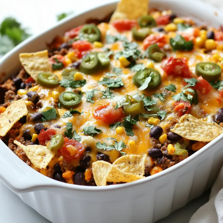 - 1 pound ground beef - 1 small onion, finely diced - 2 cloves garlic, minced - 1 packet (1 oz) taco seasoning mix - 1 can (15 oz) black beans, rinsed and drained - 1 can (15 oz) corn, drained - 1 can (10 oz) diced tomatoes with green chilies - 1 cup cooked rice (your choice of white or brown) - 2 cups shredded sharp cheddar cheese - 1 cup crushed tortilla chips (for added crunch) - 1 cup sour cream (for creaminess) - 1/4 cup sliced jalapeños (optional, for heat) - Fresh cilantro, chopped (for garnish) - Large skillet - 9x13 inch baking dish - Spatula and spoon Using these ingredients, you can create a flavorful and hearty Loaded Taco Beef Casserole. The ground beef serves as a tasty base, while the beans and corn add fiber and texture. The mix of spices in the taco seasoning gives it that classic taco flavor we all love. You can also customize this dish to fit your taste. Add jalapeños for a spicy kick or sprinkle cilantro on top for some fresh flavor. Don't forget the tools! A large skillet helps with cooking the beef, while a 9x13 inch baking dish is perfect for layering all the goodness. {{ingredient_image_2}} 1. Start by cooking the ground beef in a large skillet over medium heat. 2. Brown the beef well, breaking it into small pieces. This step takes about 8 minutes. 3. After the beef is cooked, drain any extra fat from the skillet. 4. Next, add the finely diced onion and minced garlic to the beef. 5. Sauté these for about 3 to 4 minutes until the onion is soft and clear. Stir often to avoid burning. 1. Now, mix in the taco seasoning. This adds great flavor to the beef. 2. Next, add the rinsed black beans, drained corn, and canned diced tomatoes with green chilies. 3. Stir everything together and let it cook for an extra 5 minutes. This helps all the flavors blend well. 4. Remove the skillet from heat and gently mix in the cooked rice. Make sure it’s evenly spread through the mixture. 1. Lightly grease a 9x13 inch baking dish to prevent sticking. 2. Spread half of the beef mixture over the bottom of the dish. 3. Top it with 1 cup of shredded sharp cheddar cheese. This will melt beautifully. 4. Add the rest of the beef mixture on top of the cheese layer. 5. Next, spoon the sour cream across the surface. Use a spatula to spread it out evenly. 6. Finish with the remaining cheese and sprinkle crushed tortilla chips on top for crunch. 7. If you want some heat, add sliced jalapeños over the top. 1. Preheat your oven to 350°F (175°C). This ensures even cooking. 2. Place the baking dish in the oven and bake for 25 to 30 minutes. 3. Look for the cheese to be melted and bubbly, with a nice golden color. 4. Once it’s done, take the casserole out and let it cool for a few minutes before serving. 5. Garnish with fresh chopped cilantro for a bright touch. To make your Loaded Taco Beef Casserole burst with flavor, consider adding spices. Try cumin, chili powder, or even smoked paprika. These spices give the dish warmth and depth. Fresh ingredients also boost taste. Use fresh garlic instead of minced. Fresh cilantro adds a bright touch as a garnish. For cheese that melts perfectly, use sharp cheddar. It gives great flavor and melts well. Layer it between the beef mixture to trap heat. For crunchiness, add crushed tortilla chips on top. Bake until they are golden. This adds a great texture contrast to the soft casserole. Serve the casserole with a fresh salad for balance. A simple green salad with lime dressing works well. You can also add salsa and extra sour cream on the side. These sides add freshness and creaminess. Enjoy your meal with family and friends! Pro Tips Use Lean Ground Beef: Opt for 90% lean ground beef to reduce excess grease while still maintaining flavor. Customize Your Heat: Adjust the amount of taco seasoning and jalapeños based on your heat preference; taste as you go! Make Ahead: Prepare the casserole a day in advance, cover, and refrigerate. Just bake it when you're ready to serve! Cheese Variations: Experiment with different cheeses like pepper jack or mozzarella for unique flavors and textures. {{image_4}} If you want a meat-free option, try using plant-based meat. You can use lentils, beans, or soy crumbles. These options give you the same texture and flavor you love. Just cook them like you would ground beef. You can add some extra spices to boost the flavor. This way, everyone can enjoy the casserole. For a low-carb twist, swap the rice for cauliflower rice. It keeps the dish light and still tasty. You can also use zucchini or bell peppers instead of rice. This change cuts down on carbs while keeping the meal hearty. You won’t miss the rice at all! Feel free to get creative with toppings! Try adding sliced olives, diced avocado, or fresh pico de gallo. You can also sprinkle some green onions on top for a crunchy bite. If you like it spicy, add more jalapeños or a drizzle of hot sauce. These toppings make the casserole even more fun and tasty! To keep your Loaded Taco Beef Casserole fresh, store leftovers in an airtight container. Make sure the casserole cools down first. It can last in the fridge for about three to four days. If you want to enjoy it later, try not to let it sit out too long. For freezing, cut the casserole into portions. Wrap each piece tightly in plastic wrap. Then, place the wrapped pieces in a freezer-safe bag or container. This prevents freezer burn. You can freeze the casserole for up to three months. When you are ready to eat, thaw it in the fridge overnight. To reheat, place the casserole in the oven at 350°F (175°C). Heat it for about 20-30 minutes. Cover it with foil to avoid sogginess. If you want it crispier, uncover it for the last few minutes. Enjoy it hot and fresh! You can use ground turkey or chicken instead of ground beef. These options are leaner and still tasty. If you prefer plant-based proteins, try black beans or lentils. Both give great texture and flavor. You can also use crumbled tofu or tempeh for a vegetarian twist. Each choice offers a unique taste while keeping the spirit of the casserole alive. Yes, you can make it ahead! Prepare the casserole up to the baking step. Cover it well and store it in the fridge for one to two days. This makes it easy for busy days. When ready to bake, just add a few extra minutes to the cooking time. If you want to freeze it, wrap the dish tightly with foil. It can last up to three months in the freezer. Thaw it overnight in the fridge before baking. To add heat, mix in sliced jalapeños with the meat. You can also use spicy taco seasoning instead of mild. Adding some red pepper flakes will kick up the spice too. If you love hot sauce, drizzle it on top just before serving. These options let you control the heat level and make it as spicy as you like! This casserole combines ground beef, veggies, and cheese for a tasty meal. You learned how to enhance flavors with spices and adjust for dietary needs. Remember to store leftovers properly and reheat with care. Try new toppings or swap ingredients for fun twists. With these tips, you'll make a dish everyone loves. Enjoy your cooking journey and share your delicious results!