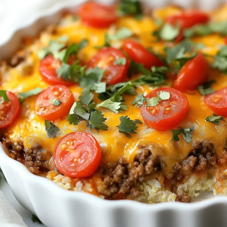 To make Keto Taco Pizza Casserole, you will need these items: - 1 pound ground beef (or turkey) - 1 small onion, finely diced - 2 cloves garlic, minced - 1 packet taco seasoning (ensure it's sugar-free) - 1 (14 oz) can diced tomatoes, well-drained - 1 cup cauliflower rice (fresh or frozen) - 1 cup shredded cheddar cheese - 1 cup shredded mozzarella cheese - 1 small bell pepper, diced - 1 jalapeño, thinly sliced (optional for added heat) - 2 large eggs - Salt and pepper to taste - Fresh cilantro, chopped, for garnish - Sour cream and avocado slices, for garnish (optional) Choosing the right taco seasoning helps boost flavor. I often use these brands: - Taco Bell Original Seasoning - McCormick Taco Seasoning Mix - Simply Organic Taco Seasoning Make sure to check labels for sugar. Some brands add extra carbs, which can affect your keto diet. Cheese plays a big role in this dish. Here’s how to pick the best types: - Cheddar Cheese: Use sharp cheddar for a stronger taste. It melts well and adds great flavor. - Mozzarella Cheese: Go for low-moisture mozzarella. It gives a nice stretch and richness. - Alternative Options: If you're lactose intolerant, try vegan cheese. Just ensure it melts well. These tips will help you make a tasty casserole that everyone will love. {{ingredient_image_2}} Start by preheating your oven to 375°F (190°C). This step is key for cooking the casserole evenly. While the oven heats, gather all your ingredients. Here’s what you need: - 1 pound ground beef (or turkey) - 1 small onion, finely diced - 2 cloves garlic, minced - 1 packet taco seasoning (ensure it's sugar-free) - 1 (14 oz) can diced tomatoes, well-drained - 1 cup cauliflower rice (fresh or frozen) - 1 cup shredded cheddar cheese - 1 cup shredded mozzarella cheese - 1 small bell pepper, diced - 1 jalapeño, thinly sliced (optional for added heat) - 2 large eggs - Salt and pepper to taste - Fresh cilantro, chopped, for garnish - Sour cream and avocado slices, for garnish (optional) Make sure you have everything ready. This will help you move fast in the kitchen and keep things fun. In a large skillet, add the ground beef or turkey and the diced onion. Cook this over medium heat. Stir often until the meat is brown and the onions are soft. This should take about 7-10 minutes. If there is extra fat, drain it carefully. Next, add the minced garlic and taco seasoning to the skillet. Mix it well and let it cook for about one minute. Then, stir in the well-drained diced tomatoes. Let this simmer for about 5 minutes. This makes sure all the flavors blend together nicely. In a large mixing bowl, mix the cauliflower rice, half of the shredded cheddar cheese, half of the mozzarella cheese, and the two beaten eggs. Stir until everything blends well. Season this mixture with salt and pepper to taste. Now, grease a 9x13-inch baking dish lightly. Spread the cauliflower rice mixture evenly across the bottom. This will be the base of your casserole. Next, layer the seasoned meat mixture on top of the cauliflower layer. Then, sprinkle the diced bell pepper and optional jalapeño slices over the meat. This adds great flavor and texture. Finally, top everything with the remaining cheddar and mozzarella cheeses. Place the dish in the preheated oven and bake for 25-30 minutes. Look for the cheese to be melted, bubbly, and golden brown on top. Once it's done, take it out and let it cool for a few minutes. Slice it into squares for serving. Add fresh cilantro on top and serve with optional sour cream and avocado slices. Enjoy your Keto Taco Pizza Casserole! To boost the cheese factor, use a mix of cheeses. I love mixing cheddar and mozzarella. Try adding cream cheese for richness. You can also sprinkle some Parmesan on top before baking. This gives a nice crust and extra flavor. Don't be shy with the cheese! If you’re not a fan of cauliflower rice, try other options. Riced broccoli or zucchini can work well too. Shredded cabbage is a great low-carb choice. Each of these swaps gives a different texture and taste. Experiment to find your favorite! You can control the heat in this dish easily. Start by adding less jalapeño if you want it mild. If you enjoy spice, add more jalapeños or even some crushed red pepper. You can also serve hot sauce on the side for guests. This way, everyone can enjoy their perfect level of spice. Pro Tips Use Fresh Ingredients: Always opt for fresh vegetables and high-quality meats to enhance the flavor and nutritional value of your casserole. Customize the Heat: Adjust the amount of jalapeño or add a pinch of cayenne pepper for extra spice, depending on your heat preference. Make it Ahead: Prepare the casserole in advance and refrigerate it. This allows the flavors to meld and can be baked right before serving. Rest Before Serving: Allow the casserole to sit for a few minutes after baking. This helps it set and makes it easier to cut into neat squares. {{image_4}} You can easily make a vegetarian version of this casserole. Instead of ground beef or turkey, use 1 pound of black beans or lentils. Cook them with the onion and garlic just like the meat. You can also add more veggies, like zucchini or mushrooms, for extra taste. This keeps the dish filling and flavorful while staying keto-friendly. Feel free to switch up proteins for variety. Ground chicken or pork works well in this dish. You can also use shredded rotisserie chicken. Just make sure to adjust the cooking time to avoid drying out the meat. Each protein will bring its unique texture and flavor, making it fun to try different options. The recipe is naturally gluten-free, but always check your taco seasoning and other ingredients. Some brands add gluten. To ensure your casserole stays gluten-free, use fresh or frozen cauliflower rice, and confirm that your cheese is also gluten-free. This way, everyone can enjoy this tasty dish without worry. To keep your Keto Taco Pizza Casserole fresh, let it cool to room temperature. Then, place it in an airtight container. Store it in the fridge for up to three days. If you want to keep it longer, freezing works great too. Just make sure to wrap it well to avoid freezer burn. When you're ready to enjoy leftovers, preheat your oven to 350°F (175°C). Remove the casserole from the fridge. Cover it with foil to keep it moist while it reheats. Bake for about 20 minutes or until heated through. You can also microwave individual portions for a quick meal. Just heat for one to two minutes, checking often. Freezing the casserole is a smart choice for meal prep. Cut it into squares for easy serving. Wrap each piece tightly in plastic wrap, then place them in a freezer bag. It will stay good for up to three months. When you're ready to eat, thaw it overnight in the fridge. Then, follow the reheating instructions above for a tasty meal. Yes, you can make Keto Taco Pizza Casserole ahead of time. Prepare the dish up to the point of baking. Cover the casserole with foil and refrigerate it for up to 24 hours. When you are ready to eat, just bake it straight from the fridge. You may need to add a few extra minutes to the baking time. This method saves you time on busy days. If you want to switch up the protein, there are many good options. You can use ground chicken, pork, or even plant-based meat. Each option adds a unique flavor. Just ensure that any meat you use is cooked thoroughly. If you prefer a vegetarian dish, consider using black beans or lentils instead. They add great texture and protein while keeping it keto-friendly. The Keto Taco Pizza Casserole is low in carbs. Each serving has about 5-7 grams of net carbs. This count can vary depending on the specific ingredients you use. For the best results, make sure to check the labels on your ingredients, especially the taco seasoning and cheese. Enjoy this dish without worrying about your carb count! In this article, we explored all you need for a tasty Keto Taco Pizza Casserole. We discussed the key ingredients, brands for taco seasoning, and tips for cheese. You learned step-by-step instructions, from prepping to baking. We shared helpful tips for extra flavor, alternatives, and ways to modify your dish. Don’t forget storage tips for your leftovers or to answer common questions. Now you can enjoy this meal anytime! Keep experimenting and make it your own!