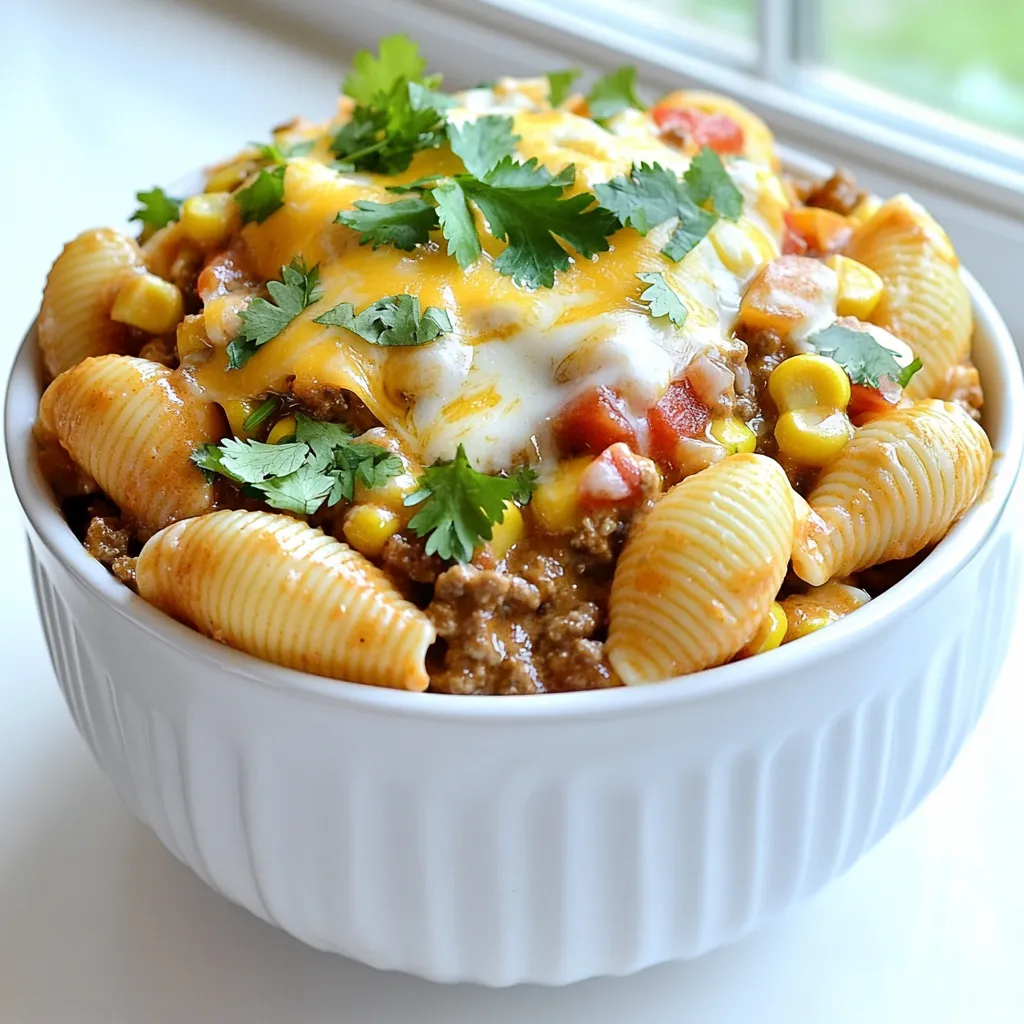 - Pasta options: shells or rotini - Ground meat choice: beef or turkey - Aromatics: onion and garlic For this dish, pasta is the base. I like using shells or rotini because they hold sauce well. You can choose ground beef for a classic taste or ground turkey for a lighter meal. Diced onion adds sweetness, while minced garlic gives a bold flavor. - Taco seasoning - Diced tomatoes with green chilies - Chicken or vegetable broth Taco seasoning is key for flavor. It brings that classic taco taste right into your pasta. Diced tomatoes with green chilies add a bit of heat and tang. I prefer chicken or vegetable broth for a rich base that brings everything together. - Corn: fresh, frozen, or canned - Cheeses: cheddar and Monterey Jack - Garnish: fresh cilantro Corn adds sweetness and texture. You can use fresh, frozen, or canned corn based on what you have. For cheese, I use a mix of cheddar and Monterey Jack. They melt well and make the pasta creamy. Fresh cilantro is a great garnish that adds a burst of flavor and color. Start by heating one tablespoon of olive oil in a large pot over medium heat. Once the oil is hot, add one small diced onion. Sauté the onion for about 4 to 5 minutes. It should turn translucent and smell great. After that, add two minced garlic cloves. Cook the garlic for one more minute. This step makes your base tasty. Next, add one pound of ground beef or turkey to the pot. Break up the meat with a spoon. Cook it until it's browned and no longer pink. This should take about 5 to 7 minutes. If there is extra fat, drain it off. Now it's time to add flavor! Sprinkle one packet of taco seasoning over the cooked meat. Stir well to coat every piece evenly. Then, pour in one can of diced tomatoes with green chilies. This adds a nice kick! Next, add one cup of corn, whether it's frozen or canned. Finally, pour in four cups of chicken or vegetable broth. Stir everything together until well mixed. Increase the heat until the mixture comes to a boil. Once boiling, add 12 ounces of uncooked pasta, like shells or rotini, directly into the pot. Reduce the heat to low and cover the pot. Let it cook for about 12 to 15 minutes. Stir occasionally to keep the pasta from sticking. Check the pasta for doneness. It should be al dente and most of the liquid should be absorbed. When the pasta is just right, remove the pot from the heat. Stir in one cup of shredded cheddar cheese and one cup of shredded Monterey Jack cheese. Keep stirring until the cheese melts and coats the pasta. Finally, taste and add salt and pepper as needed to enhance the flavor. Let the dish sit for a few minutes to thicken up. Serve warm, and if you like, garnish with fresh chopped cilantro for a burst of color and taste. To make your One Pot Cheesy Taco Pasta even tastier, consider adjusting the spices. I enjoy adding extra chili powder or cayenne for a kick. If you prefer milder flavors, reduce the spice. You can also add more veggies. Bell peppers, zucchini, or black beans blend well. They add nutrition and color to your dish! Preventing pasta from sticking is key. Stir the pasta often as it cooks. This helps keep it from clumping together. If you want even cooking, ensure the pot isn’t overcrowded. Use enough broth so all the pasta has room to cook properly. Serve your pasta in bright bowls for a fun look. Sprinkle more cheese on top, along with fresh cilantro for color. You can also add a side of tortilla chips. They give a nice crunch and pair well with the creamy pasta. {{image_4}} For a vegetarian twist, you can use plant-based meat instead of ground beef. This option keeps the dish hearty and flavorful. You can find many tasty brands that mimic meat well. If you need a gluten-free option, swap regular pasta for gluten-free pasta. There are many great choices made from rice or corn that work well. To kick up the flavor, consider adding jalapeños or black olives. These ingredients add heat and a briny taste that pairs well with the cheesy goodness. For cheese lovers, try using pepper jack for a spicy twist. Cream cheese also works well, adding a rich and creamy layer to the dish. If you prefer using an Instant Pot, start by sautéing the onion and garlic using the sauté function. Then add the meat, taco seasoning, and other ingredients. Cook on high pressure for about 8 minutes and let it release naturally. For a skillet version, use a large skillet over medium heat. Follow the original recipe but cook the pasta separately and combine it with the sauce at the end. This method is quicker and still delicious. After you make your One Pot Cheesy Taco Pasta, let it cool down. You should move any leftovers to an airtight container. Store it in the fridge for up to three days. This keeps the flavors fresh and safe to eat. If you wait too long, it might spoil. For long-term storage, freezing is a great option. Portion your pasta into freezer-safe containers. Make sure to leave some space at the top for expansion. You can freeze it for up to three months. When you want to eat it, thaw it overnight in the fridge. Then, reheat it on the stove over low heat. Stir it often to warm it evenly. If it seems dry, add a splash of broth. This dish is perfect for meal prep. You can make it ahead for busy nights. Portion out servings into individual containers. This way, dinner is ready to go. You can also pack it for lunch. It tastes great warm or cold. Just remember to store it correctly for the best flavor. How do I make One Pot Cheesy Taco Pasta in advance? You can prepare One Pot Cheesy Taco Pasta ahead of time. Cook it, let it cool, and store it in the fridge. When you're ready to eat, just reheat it in a pot over low heat. Add a splash of broth if it seems dry. Can I use different types of cheese? Absolutely! You can mix different cheeses based on your taste. Try pepper jack for a spicy kick or cream cheese for extra creaminess. What can I substitute for ground beef? You can use ground turkey or chicken for a leaner option. For a vegetarian dish, try lentils, black beans, or plant-based meat. How long does One Pot Cheesy Taco Pasta last in the fridge? It can last for about 3 to 5 days in the fridge. Just keep it in an airtight container to keep it fresh. Can I freeze leftovers for future meals? Yes, you can freeze it! Place it in a freezer-safe container, and it will last for up to 3 months. How to make this recipe spicier? Add diced jalapeños or a pinch of cayenne pepper to the mix. You can also use spicy taco seasoning for an extra kick. What can I serve with One Pot Cheesy Taco Pasta? This dish pairs well with tortilla chips, a side salad, or guacamole. You can also add sour cream or fresh salsa for added flavor. This blog post shared a simple and tasty recipe for One Pot Cheesy Taco Pasta. We covered ingredients, step-by-step instructions, and tips to boost flavor. You now know different cooking methods and variations to fit your needs. Prepare this dish for a fun meal or great leftovers. Enjoy experimenting with flavors and ingredients. With this guide, you can make a delicious dish every time. Happy cooking!