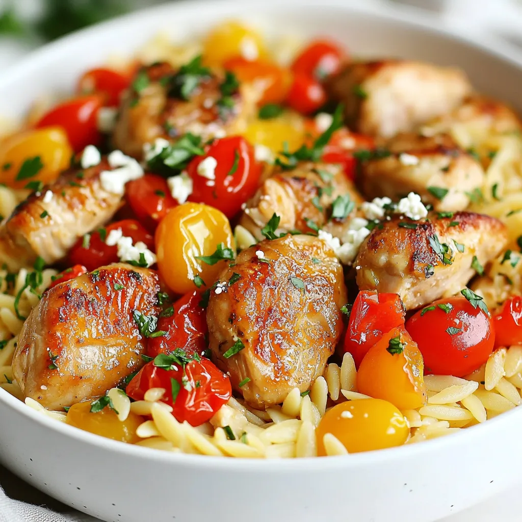 - 1 lb boneless, skinless chicken thighs, diced - 1 cup orzo pasta - 1 medium onion, diced - 2 cloves garlic, minced - 1 red bell pepper, diced - 2 cups chicken broth - 1 cup cherry tomatoes, halved - 1 teaspoon dried oregano - 1 teaspoon paprika - Salt and pepper to taste - ½ cup feta cheese, crumbled - Fresh parsley, chopped (for garnish) - 2 tablespoons olive oil - Large skillet - Wooden spoon or spatula - Measuring cups and spoons In this recipe, I use chicken thighs for their juicy flavor. Orzo pasta cooks quickly and adds a nice texture. You can mix in various vegetables, like onion, garlic, and bell pepper, for added taste and color. The broth makes the orzo rich and full of flavor. If you want to elevate the dish, add feta cheese for a creamy touch. Fresh parsley brightens up the meal and makes it look nice. To cook this dish, you need a large skillet. Olive oil is key for sautéing the chicken and veggies. A wooden spoon helps mix everything well. Make sure to have measuring cups and spoons handy for accurate portions. {{ingredient_image_2}} Searing the Chicken Thighs Start by heating 2 tablespoons of olive oil in a large skillet over medium heat. Once it’s hot, add 1 pound of diced chicken thighs. Make sure to season the chicken with salt, pepper, 1 teaspoon of dried oregano, and 1 teaspoon of paprika. Cook the chicken for about 6 to 8 minutes. Stir it often until it turns golden brown and is cooked through. When done, take the chicken out and place it on a plate. Seasoning Tips Seasoning is key for great flavor. Use fresh herbs if you have them. If you want a little heat, add some red pepper flakes. Taste the chicken as you cook to find the right balance. Sautéing Onions and Garlic In the same skillet, add 1 medium diced onion and 2 minced garlic cloves. Sauté them for about 2 to 3 minutes. The onion should become soft and see-through. This adds a nice base flavor to your dish. Adding Bell Peppers Next, toss in 1 diced red bell pepper. Cook it for another 3 minutes. The pepper should soften and blend well with the onions and garlic. This adds sweetness and a pop of color to your meal. Incorporating the Orzo Now, add 1 cup of orzo pasta to the skillet. Stir it well with the veggies. This helps the orzo soak up all the great flavors in the pan. Pouring in Chicken Broth Gradually pour in 2 cups of chicken broth. Bring this mixture to a gentle boil. Once it boils, turn the heat down to a simmer. Cover the skillet and let it cook for about 10 minutes. Stir it occasionally to keep the orzo from sticking. Adding Chicken and Tomatoes After 10 minutes, add the cooked chicken back into the skillet along with 1 cup of halved cherry tomatoes. Gently stir to mix everything. Cook for another 5 minutes. The orzo should be tender and soak up most of the broth. Fluffing the Dish Once finished, take the skillet off the heat. Use a fork to fluff the orzo gently. Taste the dish and add salt or pepper if needed. Your Skillet Chicken Orzo is now ready to serve! Seasoning Adjustments To make the most of your Skillet Chicken Orzo, adjust your seasonings. Start with salt and pepper. Sprinkle in dried oregano and paprika for a warm kick. Taste as you go. If you want more flavor, add a pinch of each spice until it feels just right. Using Fresh Herbs Fresh herbs can elevate your dish. I love using fresh parsley. It adds a bright taste. Chop it finely and sprinkle it on top just before serving. You can also try fresh basil or thyme for a different twist. Avoiding Sticky Orzo To keep your orzo from sticking, stir it often. After adding it to the skillet, mix it well with the veggies. When you pour in the chicken broth, it helps create steam. This steam keeps the orzo fluffy and not clumpy. Ensuring Even Cooking For even cooking, cut your chicken thighs into small, uniform pieces. This way, they cook at the same rate. When sautéing onions and garlic, watch closely. They should be soft and fragrant, not browned. This step adds depth to the dish. Serving Suggestions Serve the Skillet Chicken Orzo warm in shallow bowls. This way, each bite looks colorful. The red bell peppers and cherry tomatoes pop against the golden orzo. Garnishing Tips Garnish with a sprinkle of feta cheese for creaminess. The salty cheese pairs well with the dish. Add extra parsley for a fresh look. You can also drizzle a bit of olive oil on top for shine. Pro Tips Perfectly Cooked Orzo: Stir the orzo occasionally while it simmers to ensure even cooking and prevent sticking. Flavor Boost: For an extra depth of flavor, consider adding a splash of white wine after sautéing the onions and garlic. Veggie Variations: Feel free to add other vegetables like zucchini or spinach for added nutrition and color. Serving Suggestions: This dish pairs wonderfully with a side salad or crusty bread to soak up the delicious juices. {{image_4}} You can switch out the chicken thighs for chicken breasts. Chicken breasts are leaner and cook faster. You can also add shrimp or tofu for a fun twist. Shrimp cooks quickly and adds a nice flavor. Tofu gives a great texture and is great for vegetarians. Feel free to use seasonal vegetables. In summer, zucchini or corn work well. In winter, try carrots or frozen peas. You can also use spinach or kale. They add color and nutrition. Just toss them in during the last few minutes of cooking. If you need gluten-free options, look for gluten-free orzo. Many stores offer this now. For a vegetarian version, skip the chicken and use vegetable broth instead. You can add more veggies or beans for protein. This keeps the dish hearty and satisfying. - Storing Leftovers: After dinner, let the skillet chicken orzo cool. Place it in an airtight container. This helps keep it fresh. It can last in the fridge for up to three days. - Best Container Practices: Use glass or plastic containers with tight lids. This keeps moisture in and air out. Label the containers with the date to track how long they’ve been stored. - How to Freeze and Reheat: To freeze, pack the cooled dish into freezer-safe containers. Leave some space at the top since it may expand. When you want to eat it, thaw it overnight in the fridge before reheating. - Storage Duration: You can freeze skillet chicken orzo for up to three months. After that, the taste may change, and it might not be as good. - Best Methods for Reheating: Reheat in a skillet over medium heat. Add a splash of chicken broth or water to prevent sticking. Stir often to warm it evenly. You can also use the microwave. Use a microwave-safe dish and cover it to keep moisture. - Ensuring Quality after Storage: When reheating, check the temperature. It should be hot all the way through. Taste it again and add salt or pepper if needed. This keeps the flavors bright and delicious. Skillet Chicken Orzo takes about 30 minutes from start to finish. - Prep Time: 10 minutes - Cook Time: 20 minutes - Sear the chicken: 6-8 minutes - Cook the vegetables: 5-6 minutes - Cook the orzo: 10 minutes - Combine and finish cooking: 5 minutes Yes, you can make Skillet Chicken Orzo ahead of time. I recommend storing it in the fridge. - Best Practices for Meal Prep: - Let it cool before storing. - Place it in an airtight container. - It stays fresh for 3-4 days. Skillet Chicken Orzo is great on its own, but sides can enhance the meal. - Side Dish Suggestions: - A simple green salad. - Roasted or steamed vegetables. - Crusty bread for dipping. - A light yogurt sauce for a cool contrast. In this post, I covered how to make Skillet Chicken Orzo. You learned about the main ingredients, cooking steps, and helpful tips to enhance flavor. Remember, you can customize the dish with different proteins and veggies. Store leftovers safely and reheat properly for the best taste. Get creative with your presentation and enjoy this meal with your loved ones. Your cooking skills can impress anyone, and with practice, you'll master it quickly. Start your cooking adventure today!