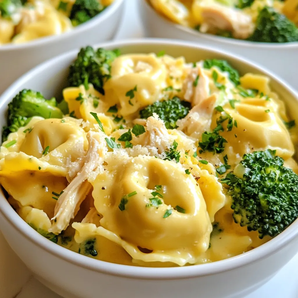 - 8 oz cheese tortellini - 2 cups broccoli florets - 1 cup cooked, shredded chicken - 2 cups chicken broth - 1 cup heavy cream - 1 teaspoon garlic powder - 1 teaspoon onion powder - 2 tablespoons olive oil - 1 cup shredded mozzarella cheese - 1/2 cup grated Parmesan cheese - Salt and pepper to taste - Fresh parsley, finely chopped, for garnish The base of this dish starts with cheese tortellini, which gives a rich and creamy bite. Broccoli florets add a nice crunch and bright color. You need cooked chicken for protein. I love using shredded chicken because it mixes well with the sauce. Chicken broth adds depth and flavor, while heavy cream ensures a silky finish. For extra flavor, I suggest adding garlic powder and onion powder. Olive oil helps sauté the chicken nicely. Mozzarella brings extra creaminess, and Parmesan gives a sharp finish. Don't forget salt and pepper! They bring all the flavors together. Fresh parsley is perfect for garnishing. It adds a fresh touch and looks great on the plate. Now, gather your ingredients, and let's make this creamy comfort dish! {{ingredient_image_2}} - Boiling Water: Start by filling a large pot with water. Add a generous amount of salt. Bring the water to a rolling boil over high heat. This step is key for flavor. - Cooking Time and Draining: Once the water boils, add 8 oz of cheese tortellini. Cook it according to the package, usually 3-5 minutes. The tortellini should be tender but firm. After cooking, drain it in a colander and set it aside. - Blanching Technique: In a different pot, bring water to a boil again. Carefully add 2 cups of broccoli florets. Cook for 2-3 minutes. The broccoli should turn bright green but remain crunchy. - Cooling Method: After blanching, drain the broccoli in a colander. Rinse it under cold water. This stops the cooking and keeps the color vibrant. Set it aside with the tortellini. - Making the Creamy Sauce: In a large skillet, heat 2 tablespoons of olive oil over medium heat. Add 1 cup of cooked, shredded chicken. Sauté for 2 minutes until warm. - Adding Tortellini and Broccoli: Pour in 2 cups of chicken broth and 1 cup of heavy cream. Stir in 1 teaspoon of garlic powder and 1 teaspoon of onion powder. Season with salt and pepper. Bring it to a gentle simmer. Once simmering, stir in the tortellini and broccoli. Gently mix to coat everything in the creamy sauce. - Melting the Cheese: Sprinkle 1 cup of shredded mozzarella and 1/2 cup of grated Parmesan cheese over the mixture. Stir until the cheese melts and blends into the sauce. Taste and adjust salt or pepper if needed. - Serving Suggestions: Spoon the Chicken Tortellini Delight into bowls. Garnish with fresh parsley for color. For an extra touch, drizzle with olive oil or add more Parmesan. Enjoy your comforting dish! To achieve a creamy consistency, use heavy cream. This adds richness to your dish. Stir the cream into the chicken broth slowly. This helps to blend the flavors well. If the sauce is too thick, add a bit more chicken broth. For a thinner sauce, you can also add a splash of water. For seasoning adjustments, taste as you cook. Add salt and pepper to bring out the flavors. Garlic and onion powder enhance the taste but do not overpower. A little bit goes a long way. If you love spice, consider adding a pinch of red pepper flakes. To avoid overcooking tortellini, follow package instructions closely. Most cheese tortellini cooks in just 3-5 minutes. Check for al dente texture. It should be firm yet tender. Drain it right away to prevent mushiness. You can choose different types of tortellini. Cheese-filled is classic, but chicken or spinach tortellini works too. Each type brings its own flavor to the dish. Experiment to find your favorite! To keep broccoli bright and crunchy, blanch it quickly. Boil for just 2-3 minutes until it turns bright green. Rinse under cold water right after. This stops the cooking and keeps its color. If you want to try alternative cooking methods, consider steaming or roasting. Steaming also preserves nutrients. Roasting adds a nice char and flavor. Both methods work well with this dish. Pro Tips Cook Tortellini Al Dente: Ensure you cook the tortellini until just al dente for the best texture. This will prevent it from becoming mushy when combined with the sauce. Chill Blanched Broccoli: After blanching, rinse the broccoli under cold water to stop the cooking process. This keeps the vibrant green color and crisp texture. Customize the Cheese: Feel free to mix different types of cheese, like cheddar or gouda, for a unique flavor twist. Just keep the mozzarella for that perfect melt! Garnish Creatively: For an extra touch of flavor and presentation, drizzle a bit of infused olive oil and add a sprinkle of red pepper flakes for a hint of spice. {{image_4}} You can easily swap out the chicken in this dish. Turkey works well if you want a lighter meat. Shrimp also adds a nice flavor and cooks quickly. For a vegetarian option, try using mushrooms or chickpeas. They both add protein and texture without meat. Spices and herbs can change the taste of this dish. Consider adding Italian herbs like basil or oregano. They give a fresh twist. You can also try a pinch of red pepper flakes for some heat. Different cheese types can change the creaminess. Use gouda for a smoky flavor or feta for a tangy touch. If you need gluten-free options, look for gluten-free tortellini. Many stores offer this choice now. For those needing dairy-free meals, use coconut milk instead of heavy cream. Nutritional yeast can stand in for cheese and add a cheesy flavor. Always check labels to ensure your choices fit your dietary needs. - To store leftovers, place them in an airtight container. - Cool the dish to room temperature before sealing. - Label the container with the date. - Use within 3-4 days for best quality. - For freezing, let the dish cool completely first. - Transfer to a freezer-safe container or bag. - Remove as much air as possible to prevent freezer burn. - It can last up to 3 months in the freezer. - To refresh leftovers, reheat in a skillet over medium heat. - Add a splash of chicken broth or cream if the sauce thickens. - Stir gently to ensure even heating. - Check the temperature; it should reach 165°F before serving. The total time to make this dish is about 30 minutes. You spend about 15 minutes prepping. The cooking time is around 15 minutes. This quick cooking time makes it great for busy nights. Yes, you can use frozen broccoli instead of fresh. Pros of Frozen: - Convenient and ready to use. - Often frozen at peak freshness. Cons of Frozen: - May lose some crunch. - Can be softer when cooked. I prefer fresh for its taste and texture, but frozen works well in a pinch. You can easily mix in other veggies and proteins. Here are some ideas: - Spinach for more greens. - Bell peppers for color and sweetness. - Peas for a pop of texture. For proteins, try: - Cooked shrimp for seafood lovers. - Turkey for a leaner option. - Tofu for a vegetarian twist. These additions make the dish even more delicious. Absolutely! Kids usually love this dish. To make it more appealing, you can: - Cut the broccoli into smaller pieces for easier eating. - Use fun-shaped tortellini. - Let kids sprinkle cheese on top before serving. These small changes can make the dish more fun for children while they enjoy a tasty meal. This article covered everything you need to make delicious Chicken Tortellini Broccoli. You learned about the key and optional ingredients to use. We walked through cooking the tortellini and preparing the broccoli. I shared tips on perfecting the sauce and offered variations to suit your taste. Don’t forget to store leftovers properly for later enjoyment. With these simple steps and tricks, you’ll create a dish that’s not just tasty but also looks great on the plate. Enjoy experimenting with flavors and making it your own!