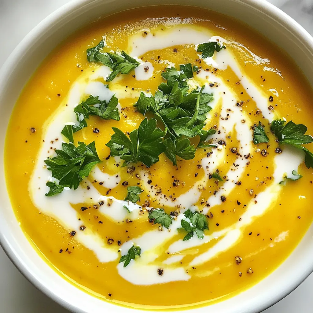 - 4 medium carrots, chopped into bite-sized pieces - 3 medium potatoes, peeled and diced into cubes - 1 medium onion, chopped finely - 3 cloves garlic, minced - 1 tablespoon fresh ginger, grated - 4 cups vegetable broth (preferably low-sodium) - 1 cup coconut milk (unsweetened) - 2 tablespoons extra virgin olive oil - 1 teaspoon ground cumin - Salt and freshly ground black pepper to taste - Fresh parsley or cilantro, chopped, for garnish This delicious soup serves about 4 to 6 people. Each serving has around 150-200 calories. It holds around 7 grams of fat, 30 grams of carbs, and 3 grams of protein. Health benefits of key ingredients: - Carrots are high in beta-carotene, which helps your eyes and skin. - Potatoes provide energy and are a great source of vitamins C and B6. - Onions offer antioxidants and can help lower blood pressure. - Garlic may boost your immune system and improve heart health. - Ginger can reduce nausea and has anti-inflammatory properties. - Coconut milk adds healthy fats and gives a creamy texture. This soup is not just tasty; it also packs a nutritious punch! {{ingredient_image_2}} 1. Sauté onion, garlic, and ginger: In a large pot, heat two tablespoons of olive oil over medium heat. Once hot, add the finely chopped onion. Cook for about five minutes until the onion turns soft and clear. Then, add three minced garlic cloves and one tablespoon of grated ginger. Stir and cook for another two minutes. The kitchen will smell amazing! 2. Adding carrots and potatoes: Next, add four medium chopped carrots and three diced potatoes to the pot. Sprinkle in one teaspoon of ground cumin, along with salt and pepper to taste. Mix everything well so the spices cover the veggies evenly. To make the soup smooth, you can use an immersion blender. If you don't have one, carefully pour the soup into a countertop blender. Blend until it’s creamy and smooth. Be careful with the hot soup. Always allow steam to escape. 1. Incorporating coconut milk: After blending, return the soup to the pot over low heat. Add one cup of unsweetened coconut milk and stir. Heat for another five to ten minutes. This step adds creaminess and a rich flavor. 2. Suggested serving method and presentation tips: Serve the soup hot. For an extra touch, drizzle a bit of coconut milk on top. Add some chopped parsley or cilantro for color and freshness. Enjoy this comforting dish! To boost the soup's flavor, adjust the spices and seasoning. Start with the basics. Add salt and pepper to taste. If you want more warmth, add extra ginger or cumin. You can also try a pinch of cayenne for heat. Taste your soup before serving. This step helps you find the right balance. You can cook this soup in different ways. A slow cooker is a great option. Simply sauté the onion, garlic, and ginger first. Then, add the rest of the ingredients to the slow cooker. Set it to low for about 6-8 hours. This method allows the flavors to blend well. This soup pairs well with many sides. Serve it with crusty bread for dipping. A fresh salad also complements the soup nicely. Try a simple green salad with a light vinaigrette. For a fun twist, serve it with grilled cheese sandwiches. Enjoy your meal! Pro Tips Enhance the Flavor: Consider adding a dash of lemon juice or zest to brighten the flavors just before serving. Texture Variation: For added texture, reserve some of the diced carrots and potatoes; sauté them separately and stir them in before serving. Storage Tips: This soup can be stored in the refrigerator for up to 4 days, or frozen for up to 3 months. Reheat slowly to maintain creaminess. Spice it Up: If you like a bit of heat, add a pinch of red pepper flakes or a dash of hot sauce to the pot during cooking. {{image_4}} You can switch out some veggies in this soup. Sweet potatoes are a great choice. They add a nice sweetness. You can also try parsnips for a different taste. Just chop them the same way as carrots and potatoes. Another option is to add butternut squash. It brings a creamy texture and a hint of nutty flavor. Want to make this soup vegan? Simply use vegetable broth and coconut milk, which are already vegan. You can also skip the butter or cream that some recipes use. For a gluten-free version, check your broth for gluten. Most vegetable broths are safe, but always read labels. This soup is naturally gluten-free, so you’re good to go! To boost the flavor, add herbs or spices. Fresh thyme or rosemary can bring depth. You can also sprinkle in some red pepper flakes for heat. If you like a bit of zing, try adding a splash of lemon juice before serving. It brightens the taste and makes it pop. For a curry twist, use curry powder instead of cumin. Each change creates a new soup experience! You can store your carrot potato soup in the fridge for up to five days. Make sure to let the soup cool before you place it in a container. Use an airtight container to keep it fresh. This way, the flavors stay intact, and the soup remains safe to eat. To freeze the soup, let it cool completely. Pour it into freezer-safe containers, leaving some space at the top for expansion. You can freeze the soup for up to three months. When you are ready to eat it, move the soup to the fridge to thaw overnight. This keeps the flavors locked in and makes reheating easy. Reheat the soup gently on the stove over low heat. Stir often to prevent it from sticking. If the soup seems too thick, add a little vegetable broth or water to reach your desired consistency. You can also microwave it in a safe bowl. Heat in short bursts, stirring in between to ensure even warming. Enjoy your soup like it’s freshly made! You can use several options if you don’t have coconut milk. Almond milk adds a light flavor. Soy milk can also work, but it has a different taste. For creaminess, try using cashew cream or oat milk. These choices will keep your soup smooth and tasty. Yes, this soup is great for meal prep. You can make it in advance and store it. Just let it cool before putting it in containers. Keep it in the fridge for up to five days. For longer storage, you can freeze it for up to three months. Just reheat it gently on the stove or in the microwave. Absolutely! You can add cooked beans, like white beans or chickpeas, for a plant-based boost. If you prefer meat, shredded chicken or cooked sausage works well. For a vegetarian option, try adding firm tofu. Just make sure to heat it through before serving. This blog covered a simple, tasty soup made from carrots, potatoes, and coconut milk. I explained how to cook, blend, and serve it. You now know how to adjust flavors and try different ingredients. Embrace this comforting dish as a healthy meal option. It’s versatile, easy to make, and perfect for any diet. Enjoy experimenting with ingredients and perfecting your own version. Happy cooking!