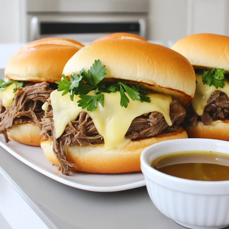 To make the best slow cooker French dip sandwiches, gather these key ingredients: - 2 lbs beef chuck roast - 1 medium onion, thinly sliced - 4 cloves fresh garlic, minced - 2 cups rich beef broth - 2 tablespoons Worcestershire sauce - 1 teaspoon dried thyme - 1 teaspoon dried rosemary - Salt and freshly ground black pepper to taste - 4 hoagie rolls - 8 slices creamy provolone cheese - Fresh parsley, finely chopped (for garnish) These ingredients work together to create a savory and satisfying meal. The beef chuck roast is the star, providing rich flavor. The onion and garlic add depth, while the herbs enhance the taste. The seasoning and broth are crucial for flavor. Use beef broth as the base. It adds richness and depth. Worcestershire sauce brings a tangy note. Dried thyme and rosemary give the dish a lovely herbal aroma. Don’t forget to season the beef with salt and pepper. This step boosts the overall taste. For the best melt, use creamy provolone cheese. It complements the beef perfectly. The hoagie rolls should be sturdy. They need to hold the juicy beef and cheese without falling apart. Look for fresh hoagie rolls at your local bakery. This choice adds to the overall texture and flavor of your sandwich. Start by seasoning the beef chuck roast. Use salt and freshly ground black pepper. Make sure to cover all sides. This adds flavor to the meat. Next, heat a large skillet over medium-high heat. Sear the roast for about 3-4 minutes on each side. Look for a rich, brown crust to form. This step is key for deep flavor. In your slow cooker, layer the sliced onions and minced garlic evenly at the bottom. This helps to build a tasty base. Pour in the beef broth next. Then add Worcestershire sauce, dried thyme, and dried rosemary. Stir well to mix everything together. Carefully place the seared beef roast into the slow cooker. Make sure it is mostly covered by the broth. This helps keep the roast moist as it cooks. Cover the slow cooker with its lid. Set it to cook on low for 8 hours or on high for 4 hours. The goal is to make the beef fork-tender. Once the cooking time is up, use tongs to take the roast out. Place it on a cutting board. Shred the beef into bite-sized pieces using two forks. Return the shredded beef to the slow cooker. Let it soak up all that delicious broth. This step makes sure every bite is full of flavor. Searing beef adds deep flavor. Start by seasoning your roast with salt and pepper. Heat a skillet until hot. Sear the roast for 3-4 minutes on each side. Look for a rich brown crust. This step makes the final dish taste amazing. It locks in juices and creates a great base for the broth. Using a slow cooker is simple but effective. Layer ingredients correctly for the best taste. Start with onions and garlic at the bottom. They will infuse flavor into the broth. Pour in the beef broth and Worcestershire sauce. Place the seared roast on top. Cover the slow cooker and set it to low for 8 hours. This slow cooking makes the beef tender and juicy. Serve your sandwiches on a wooden board for style. Stuff hoagie rolls with shredded beef and melted provolone. Offer small bowls of broth for dipping. This adds a fun touch to the meal. For color, garnish with chopped parsley. This makes your dish look and taste even better. Enjoy the rich flavors and great textures! {{image_4}} You can switch the beef for other meats. Try pork shoulder for a sweet twist. Chicken thighs work well too. They stay juicy and tender during cooking. Each meat brings its own unique taste. This lets you create a fun mix of flavors. The broth is key to great flavor. You can swap regular beef broth for a low-sodium version. This helps control salt levels. Adding a splash of red wine or balsamic vinegar enhances depth. For a kick, try adding some hot sauce or chili flakes. Adjust seasonings to fit your taste. Fresh herbs like basil or cilantro can also brighten the dish. You can make a tasty vegetarian version, too! Use mushrooms or jackfruit as a meat substitute. Both have great texture and absorb flavors well. For broth, use vegetable broth combined with soy sauce. This adds umami richness. Load up with plenty of caramelized onions and melted cheese for a hearty bite. Don't forget to serve with a side of warm broth for dipping! After enjoying your Slow Cooker French Dip sandwiches, store any leftovers right away. Place the beef and broth in an airtight container. This keeps the meat moist. You can also store the hoagie rolls separately. This prevents them from getting soggy. Make sure to cover the rolls with plastic wrap or foil. In the fridge, your leftovers will stay fresh for up to three days. To reheat your French dip, use a microwave or a skillet. If using a microwave, heat the beef with some broth. This keeps it juicy. For a skillet, warm the beef over medium heat. Add a splash of broth and cover it. This helps steam the meat. If you want to crisp the rolls, pop them in the oven for a few minutes. This makes them nice and crunchy. Freezing is a great option for longer storage. To freeze, place the beef and broth in a freezer-safe bag. Remove as much air as possible before sealing. You can also freeze the hoagie rolls. Just wrap them tightly. When ready to eat, thaw the beef overnight in the fridge. Reheat it as mentioned above. Enjoying these sandwiches later is a treat! French dip sandwiches stay fresh for about 3 days in the fridge. Store them in an airtight container. If you want to keep them longer, freeze the beef and rolls separately. They can last up to 3 months in the freezer. Just thaw and reheat before serving. Yes, you can! To make it on the stove, sear the beef in a pot. Then, add onions, garlic, broth, and seasonings. Cover and simmer on low heat for about 3 hours. The beef should be tender and easy to shred. Serve your French dip sandwiches with crispy fries or a fresh salad. Onion rings or coleslaw also make great sides. You could even try a warm bowl of soup for a cozy meal. Pairing them with a light drink like iced tea adds a nice touch. In this blog post, we explored how to make delicious slow cooker French dip sandwiches. We covered essential ingredients and seasoning options. I shared step-by-step instructions for cooking the beef roast to perfection. You learned helpful tips for enhancing flavor and serving ideas. We also discussed variations, storage methods, and answered common questions. As you try this recipe, remember to make it your own. Enjoy these sandwiches with friends and family for a great meal.