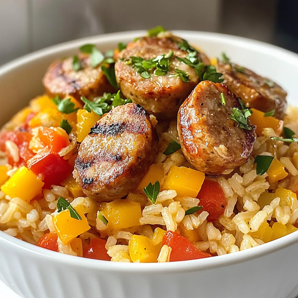 To cook One Pot Sausage and Rice, gather these items: - 1 lb chicken sausage, sliced into bite-sized pieces - 1 cup long-grain rice, thoroughly rinsed and drained - 1 medium onion, finely diced - 2 cloves garlic, minced - 1 bell pepper (your choice of red or green), diced - 1 can (14.5 oz) diced tomatoes, with their juice - 2 cups chicken broth (low-sodium preferred) - 1 teaspoon smoked paprika - 1 teaspoon dried thyme - ½ teaspoon cayenne pepper (optional, adjust according to heat preference) - Salt and freshly cracked black pepper, to taste - 1 cup frozen peas, no need to thaw - 2 tablespoons extra virgin olive oil - Fresh parsley, finely chopped, for garnish You can add some fun flavors with these options: - 1 teaspoon Italian seasoning for a herby twist - ½ cup corn for sweetness and color - A dash of lemon juice to brighten the dish This dish is balanced and full of flavors. Here’s a quick look at the nutrition: - Serving size: 1 cup - Calories: About 400 - Protein: 25g - Carbohydrates: 45g - Fat: 12g - Fiber: 4g - Sodium: Varies based on broth choice This meal is hearty and satisfying while providing good nutrition. {{ingredient_image_2}} This one pot sausage and rice dish is easy to make. You will need a few key ingredients. Gather everything before you start cooking. This will help you stay organized. Here’s what you need to prepare: - 1 lb chicken sausage, sliced into bite-sized pieces - 1 cup long-grain rice, thoroughly rinsed and drained - 1 medium onion, finely diced - 2 cloves garlic, minced - 1 bell pepper, diced - 1 can (14.5 oz) diced tomatoes, with their juice - 2 cups chicken broth - 1 teaspoon smoked paprika - 1 teaspoon dried thyme - ½ teaspoon cayenne pepper - Salt and freshly cracked black pepper, to taste - 1 cup frozen peas - 2 tablespoons extra virgin olive oil - Fresh parsley, finely chopped, for garnish 1. Heat the olive oil in a large pot over medium heat. Wait until it shimmers. 2. Add the sliced chicken sausage. Sauté for about 5-7 minutes. Stir occasionally until browned. Remove the sausage and set aside. 3. In the same pot, add the diced onion and bell pepper. Sauté for 4-5 minutes until softened. 4. Add the minced garlic and cook for one more minute. Stir constantly to release the aroma. 5. Add the rinsed rice, stirring well to mix. Toast the rice for 2-3 minutes. This adds flavor and prevents sticking. 6. Pour in the diced tomatoes and chicken broth. Add smoked paprika, dried thyme, cayenne, salt, and pepper. Stir to combine everything. 7. Bring the mixture to a gentle boil. Once boiling, lower the heat and cover the pot. Let it simmer for 15 minutes without lifting the lid. 8. After 15 minutes, remove the lid carefully. Add the sausage and frozen peas. Gently fold everything together. Cover and cook for another 5-10 minutes. The rice should be tender. 9. Remove the pot from heat and let it sit covered for 5 minutes. This helps fluff the rice. 10. Fluff the rice gently with a fork. Garnish with freshly chopped parsley before serving. - Use medium heat for sautéing. This helps avoid burning the garlic and veggies. - Rinse the rice well to remove excess starch. This keeps the rice from becoming sticky. - Stir often when toasting the rice. This enhances the nutty flavor and prevents burning. - Don’t lift the lid while simmering. This keeps the steam inside for fluffy rice. - Let the dish rest before serving. This allows flavors to meld together nicely. To get perfectly cooked rice, rinse it well before using. Rinsing removes excess starch. This helps keep the rice from getting sticky. Use long-grain rice for the best texture. When you add rice to the pot, toast it for a few minutes. This boosts the flavor and gives it a nice bite. Keep an eye on the liquid. If your rice seems dry, add a little more chicken broth. If you like heat, add cayenne pepper. Start with a half teaspoon. You can always add more later. If you prefer it mild, leave out the cayenne. Instead, try adding more smoked paprika. This adds a rich flavor without the heat. Taste as you cook. This way, you can adjust the spices to suit your taste. Fresh parsley adds a bright touch to your dish. Chop it finely before adding it as a garnish. You can use other herbs too. Fresh thyme or basil work well. Add them at the end of cooking for the best flavor. If you want a stronger herb taste, mix some in during cooking. This gives your meal a fresh and vibrant kick. Pro Tips Use Fresh Ingredients: Fresh vegetables and high-quality sausage can significantly enhance the flavor of your dish. Adjust Spice Levels: Feel free to modify the amount of cayenne pepper based on your heat preference, or omit it entirely for a milder dish. Let It Rest: Allowing the dish to sit covered for a few minutes after cooking helps the flavors meld and the rice to finish cooking perfectly. Garnish for Color: Adding fresh parsley not only adds a pop of color but also a fresh flavor that complements the dish beautifully. {{image_4}} You can switch up the sausage for more flavor. Try turkey sausage for a leaner option. If you want a kick, use spicy Italian sausage. Bratwurst or chorizo also work well. Just slice them like the chicken sausage. Each type adds a unique taste to your dish. Adding veggies boosts the meal's nutrition. You can mix in spinach, carrots, or zucchini. Chop them small so they cook well. Try mushrooms for an earthy flavor, or corn for sweetness. These additions make your dish colorful and healthy. You can easily make this meal in an Instant Pot or slow cooker. For the Instant Pot, use the "sauté" function for the sausage and veggies. Then add the rice and broth. Cook on high pressure for about 10 minutes. For a slow cooker, just add all ingredients and cook on low for 6-8 hours. Both methods keep the dish tasty and easy. To store your leftover one pot sausage and rice, let it cool first. Transfer it to an airtight container. Make sure to cover it tightly. This helps keep the dish fresh. Store it in the fridge for up to three days. If you want to keep it longer, freezing is a great option. When you are ready to eat your leftovers, heat them gently. You can use the microwave or a pot on the stove. If using the microwave, place the food in a bowl. Add a splash of water to keep it moist. Heat in 30-second bursts, stirring in between. If using the stove, add a bit of broth or water to the pot. Stir while heating until it's warm and tasty. To freeze your one pot sausage and rice, let it cool completely. Portion it into freezer-safe containers. Label each container with the date. This helps you know when to use it. You can freeze it for up to three months. When you want to eat it, thaw it overnight in the fridge. Reheat it as mentioned earlier for best results. Yes, you can use uncooked sausage. Just cook it longer to ensure it is fully done. Start by browning the uncooked sausage in the pot. Once it is brown, remove it and follow the steps as usual. This adds great flavor and juiciness to the dish. For this recipe, long-grain rice works best. It cooks evenly and stays fluffy. You could also use basmati or jasmine rice for a fragrant twist. Just remember to rinse the rice well before cooking. This removes extra starch and prevents it from getting sticky. Yes, you can make this recipe vegetarian. Simply swap the sausage for your favorite plant-based sausage. Use vegetable broth instead of chicken broth for flavor. You can also add more veggies like mushrooms or zucchini for added texture and taste. Enjoy a delicious meal that fits your diet! This blog post covered key ingredients and helpful cooking steps for a tasty dish. You learned about optional ingredients that add flavor, along with essential tips for perfect rice. I also shared variations to keep meals interesting. Proper storage and reheating can help you enjoy leftovers. In the end, this recipe is versatile and straightforward. You can customize it to fit your taste. Now, get cooking and enjoy your meal!