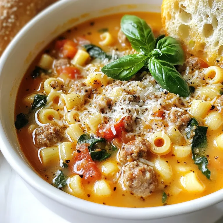 - 1 tablespoon extra virgin olive oil - 1 small onion, finely diced - 2 cloves garlic, minced - 1 pound Italian sausage, casing removed and crumbled - 4 cups low-sodium chicken broth - 1 (14.5 oz) can diced tomatoes, preferably with Italian herbs - 1 cup ditalini pasta - 2 cups fresh spinach, roughly chopped - 1 teaspoon dried oregano - 1/2 teaspoon red pepper flakes (optional for heat) - Salt and freshly ground black pepper to taste - 1/2 cup freshly grated Parmesan cheese, plus more for serving - Fresh basil leaves for garnish {{ingredient_image_2}} 1. Heat 1 tablespoon of extra virgin olive oil in a large soup pot over medium heat. 2. Add 1 small diced onion to the pot. Sauté for about 3-4 minutes until soft and translucent. 3. Next, add 2 minced garlic cloves. Cook for 1 minute, stirring to keep it from burning. 4. Now, add 1 pound of crumbled Italian sausage. Cook for 6-8 minutes until it’s well browned. 1. Pour in 4 cups of low-sodium chicken broth and 1 can of diced tomatoes (with juice). Stir the mixture well. 2. Bring the soup to a gentle simmer, then add 1 cup of ditalini pasta and 1 teaspoon of dried oregano. 3. Cook the pasta according to package instructions, usually about 8-10 minutes, until al dente. 1. With 2 minutes left, stir in 2 cups of roughly chopped fresh spinach. Cook until it wilts. 2. Season the soup with optional 1/2 teaspoon of red pepper flakes, salt, and black pepper to taste. 3. Stir in 1/2 cup of freshly grated Parmesan cheese until it melts and blends well. 4. Serve the hot soup in bowls. Garnish with more Parmesan cheese and fresh basil leaves. Enjoy with crusty bread for a complete meal. You can swap out the Italian sausage. Try using chicken or turkey sausage for a lighter taste. If you want a vegetarian option, use sliced mushrooms or lentils. Another great choice is plant-based sausage, which adds a nice flavor. For broth, I suggest low-sodium vegetable broth. It keeps the soup rich without the meat. This change gives a nice depth while keeping it vegetarian. To get perfect pasta texture, cook the ditalini until it is al dente. This means it should be firm but not hard. Make sure to follow the package instructions. Stir it often to prevent sticking. When adding spinach, do this in the last two minutes of cooking. This way, it wilts just right. If you cook it too long, it can lose its bright color and flavor. Serve the soup hot in bowls. I love to sprinkle extra Parmesan cheese on top. This adds a nice touch and enhances the flavor. Pair the soup with crusty bread for a complete meal. The bread adds a nice crunch and helps scoop up the soup. For garnishing, try fresh basil leaves. They bring a pop of color and a fresh taste. You can also add a drizzle of olive oil for extra richness. Pro Tips Use Fresh Ingredients: Fresh spinach and high-quality Italian sausage can significantly enhance the flavor of your soup. Opt for local produce whenever possible for the best taste. Customize Your Heat Level: Adjust the amount of red pepper flakes based on your spice preference. Start with a small amount and add more if desired to achieve your perfect heat level. Make It Ahead: This soup tastes even better the next day! Prepare it in advance and store it in the refrigerator to allow the flavors to meld together, then reheat before serving. Perfect Pairings: Serve your soup with crusty bread or a side salad for a complete meal. A sprinkle of extra Parmesan on top adds a delightful finish. {{image_4}} You can boost the flavor of your Parmesan Ditalini Soup by adding more veggies. Try carrots or celery for a nice crunch. Chop them small so they cook well. You can also mix in some bell peppers for a sweet twist. Different cheeses can change the taste too. Instead of just Parmesan, try a mix of mozzarella or fontina. These cheeses melt well and add a creamy texture. You can even sprinkle some feta on top for a salty kick. To spice things up, use spicy sausage instead of regular sausage. This will give your soup a nice heat without being too much. If you want even more heat, add red pepper flakes or a dash of hot sauce. Start small and adjust to your taste. You can always add more! Making this soup in one pot is easy. Just follow the steps in the recipe, and you’ll have less mess to clean. If you want to prepare it ahead of time, this soup freezes well. Let it cool completely before putting it in an airtight container. When you're ready to eat, thaw it in the fridge overnight. To reheat, warm it on the stove over low heat. Stir it often so it doesn’t stick. Enjoy a hot bowl of comfort any time! Store your Parmesan Ditalini Soup in an airtight container. This keeps it fresh and tasty. The soup lasts about 3 to 4 days in the fridge. Make sure to cool it to room temperature before sealing it. To freeze the soup, let it cool completely first. Then, pour it into freezer-safe containers. Leave some space at the top, as the soup will expand. It can last up to 3 months in the freezer. To thaw, place the container in the fridge overnight. For reheating, warm it on the stove over low heat. Stir often to ensure even warming. You can also microwave it, but check it frequently to avoid hot spots. Transform leftover soup into a new dish! You can mix it into casseroles for added flavor. It also works well in pasta bakes. Just combine the soup with cooked pasta and cheese, then bake until bubbly. This adds a new twist and helps reduce food waste. Yes, you can make this soup gluten-free! Just swap regular ditalini pasta for gluten-free options. Look for brands made from rice or quinoa. They cook well and give a nice texture. Always check the label to ensure they are truly gluten-free. Absolutely! You can make this soup ahead of time. Cook it completely and let it cool. Store it in an airtight container in the fridge for up to three days. When you’re ready to eat, reheat it on the stove. You may need to add a splash of broth to keep it from getting too thick. This soup pairs well with several side dishes. Here are a few ideas: - Crusty bread for dipping - A fresh garden salad - Garlic bread for extra flavor These sides complement the soup and make your meal more filling. Yes, you can omit the sausage. For a vegetarian version, try adding more veggies like mushrooms or zucchini instead. You can also use plant-based sausage for a similar taste. This keeps the soup hearty while catering to different diets. This blog post covers a flavorful Parmesan Ditalini Soup, highlighting key ingredients and step-by-step instructions. You learned how to sauté onions and garlic, cook Italian sausage, and mix in ditalini pasta with broth. I also shared tips for adjustments, cooking tricks, and presentation ideas. Feel free to try variations to suit your taste or dietary needs. Experimenting with ingredients makes this soup your own. Enjoy making and sharing this comforting dish with family and friends.