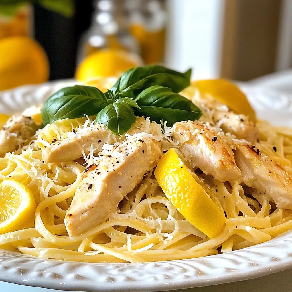 For the main part of this dish, you will need: - 2 boneless, skinless chicken breasts, sliced into strips - 8 oz linguine or spaghetti pasta The chicken adds protein, while the pasta gives the dish its heartiness. To make the dish pop, gather these ingredients: - 3 tablespoons extra virgin olive oil, divided - 3 cloves garlic, minced - Zest of 1 large lemon - 1/4 cup freshly squeezed lemon juice (about 1-2 lemons) These aromatics bring out bright flavors. The garlic adds depth, while lemon zest and juice provide a fresh kick. For a rich and creamy sauce, you will need: - 1/2 cup heavy cream - 1/2 cup freshly grated Parmesan cheese - Salt and freshly cracked black pepper to taste - A handful of fresh basil leaves, torn or whole, for garnish Heavy cream and Parmesan make the sauce creamy and rich. Salt and pepper help balance the flavors. Fresh basil adds a lovely touch on top. {{ingredient_image_2}} To start, fill a large pot with water. Add a good amount of salt. Bring the water to a rolling boil. Once boiling, add 8 oz of linguine or spaghetti. Cook it according to the package instructions. Aim for al dente, which means tender but still firm. When done, drain the pasta but keep 1/2 cup of the starchy water. Set the pasta aside. While the pasta cooks, heat 2 tablespoons of olive oil in a large skillet over medium heat. Take 2 boneless, skinless chicken breasts and slice them into strips. Season the chicken with salt and freshly cracked black pepper. Add the chicken to the skillet. Cook for about 5-7 minutes until golden brown and cooked through. Once it’s done, remove the chicken from the skillet and set it on a plate. In the same skillet, add the last tablespoon of olive oil. Heat it up before adding 3 cloves of minced garlic. Sauté the garlic for about 1 minute. Stir it often until it smells amazing. Be careful not to burn it, as that can make the dish bitter. Next, stir in the zest of 1 large lemon and 1/4 cup of freshly squeezed lemon juice. Let this mixture bubble gently for about a minute. This step brings all the flavors together. Now, lower the heat to medium-low. Stir in 1/2 cup of heavy cream and 1/2 cup of freshly grated Parmesan cheese. Mix everything well until the cheese melts and the sauce becomes creamy. If it gets too thick, add some of the reserved pasta water. Keep stirring until you reach the right consistency. Finally, add the cooked chicken and drained pasta to the skillet. Toss everything together so the chicken and pasta are well coated in the lemon sauce. Taste for seasoning, adding more salt and pepper if needed. Plate the pasta warm and garnish with a handful of torn or whole fresh basil leaves. This adds a nice touch and fresh aroma. - Use a large pot with lots of water. - Add salt to the water; it should taste like the sea. - Stir the pasta often to prevent sticking. - Cook until al dente, which means firm to the bite. - Reserve some pasta water; it helps the sauce later. Cooking pasta well is key to a great dish. The right texture makes every bite enjoyable. Plus, the salty water adds flavor. - Cut chicken into even strips for even cooking. - Season with salt and black pepper before cooking. - Use medium heat to avoid burning. - Cook until golden brown and no longer pink inside. - Let it rest before slicing, so it stays juicy. Perfect chicken adds a lot of flavor. It should be tender and cooked through. Avoid overcooking, as it can dry out. - Start with sautéed garlic for a rich base. - Use heavy cream for that silky texture. - Stir in Parmesan cheese slowly until melted. - Add reserved pasta water to adjust thickness. - Taste often to get the seasoning just right. A creamy sauce brings everything together. It coats the pasta and chicken nicely. Adjust the sauce as needed for the best result. - Fresh lemon zest brightens the dish. - Consider adding a pinch of red pepper flakes for heat. - Fresh herbs like basil or parsley add freshness. - A squeeze of lemon juice brightens flavors. - Try different cheeses like feta for a twist. Enhancing flavors takes your dish to the next level. Small changes can make a big difference. Keep experimenting to find your favorite combination. Pro Tips Marinate the Chicken: For enhanced flavor, consider marinating the chicken strips in lemon juice, olive oil, and garlic for at least 30 minutes before cooking. Use Fresh Ingredients: Fresh lemon juice and zest will elevate the dish significantly compared to bottled alternatives. Always opt for fresh where possible. Adjust Creaminess: If you prefer a lighter sauce, reduce the amount of heavy cream or substitute with half-and-half for a less rich flavor. Perfect Pasta: To prevent the pasta from becoming mushy, cook it just until al dente, and remember to toss it with the sauce immediately after draining. {{image_4}} You can boost the nutrition of your lemon chicken pasta by adding vegetables. Try adding spinach, cherry tomatoes, or broccoli. These veggies add color and flavor. Simply sauté them after cooking the garlic. Add them to the skillet before mixing in the chicken and pasta. This makes your dish more balanced and tasty. If you need a gluten-free meal, swap out the regular pasta. Use gluten-free pasta made from rice or quinoa. You can find these options in most stores. The cooking time may differ, so watch your pasta closely. This way, everyone can enjoy lemon chicken pasta without worry. Want to change the protein in your lemon chicken pasta? You can use shrimp, salmon, or tofu instead of chicken. Cook shrimp until pink and tender. For salmon, pan-sear it until flaky. If you choose tofu, make sure to press it well and sauté until golden. Each choice brings a new flavor to the dish. After enjoying your lemon chicken pasta, let it cool to room temperature. Store it in an airtight container. This dish lasts up to three days in the fridge. Make sure to keep it sealed to prevent it from drying out. You can always add a splash of water or cream before reheating to refresh the sauce. If you want to save some for later, you can freeze it. Place the cooled pasta in a freezer-safe container. It will stay good for up to three months in the freezer. When ready to eat, thaw it overnight in the fridge before reheating. Avoid freezing the dish with fresh basil, as it doesn't freeze well. To reheat, you can use the stove or microwave. If using the stove, place the pasta in a skillet with a splash of water or cream. Heat it on low, stirring often until warmed through. For the microwave, cover the dish with a damp paper towel and heat in short bursts. This helps keep it moist and prevents drying out. Enjoy your meal again, just as good as the first time! I recommend using linguine or spaghetti for this dish. Both types hold the creamy sauce well. They also add a nice texture. You can use any pasta you enjoy, but these work best with the lemon flavor. You can use bottled lemon juice, but fresh juice tastes better. Fresh lemons give a bright, zesty flavor. The zest also adds great aroma. If using bottled juice, choose one with no added sugars. To add some heat, try adding red pepper flakes. Start with a small amount and taste as you go. You can also use spicy sausage instead of chicken. Another option is to add finely chopped jalapeños. You can use half-and-half for a lighter option. Coconut cream is a great dairy-free choice. For a low-calorie version, try Greek yogurt. Just mix it in slowly to avoid lumps. This dish lasts about 3 to 4 days in the fridge. Store it in an airtight container to keep it fresh. Reheat it gently to maintain the creamy texture. Yes, you can prep the chicken and sauce in advance. Cook the pasta right before serving. This way, it stays fresh and al dente. Just toss everything together when ready to enjoy. This blog post covers everything you need for a great lemon chicken pasta. You learned about each ingredient, from the chicken and pasta to the creamy sauce. The step-by-step instructions made cooking easy. I shared tips for perfect pasta and chicken, plus sauce secrets. You can try fun variations and have storage tips, too. Cooking is fun and sharing meals brings joy. Enjoy your lemon chicken pasta experience!