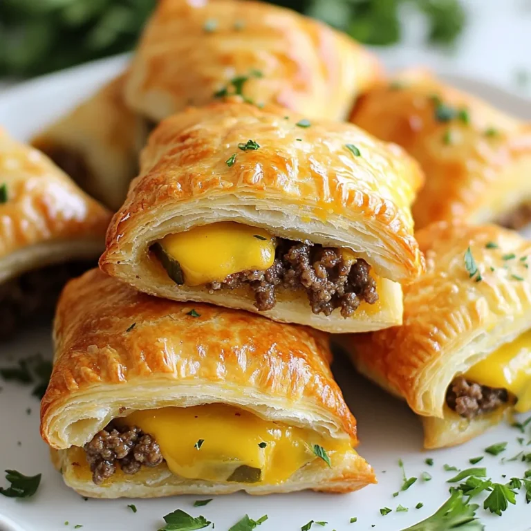To make delicious cheeseburger pocket bites, gather these simple ingredients: - 1 package of refrigerated crescent roll dough - 1 pound ground beef - 1 teaspoon onion powder - 1 teaspoon garlic powder - Salt and pepper to taste - 1 cup shredded sharp cheddar cheese - 1/4 cup dill pickles, finely diced - 1 tablespoon yellow mustard - 1 tablespoon ketchup - 1 egg (for egg wash) You can swap some ingredients for different flavors. Try these options: - Ground turkey or chicken instead of beef for a leaner option. - Use any cheese you like, such as mozzarella or pepper jack. - Replace dill pickles with sweet pickles for a tangy twist. - Make it spicy by adding chopped jalapeños or hot sauce. Having the right tools makes cooking easier. Here’s what you need: - Large skillet for cooking the meat - Rolling pin to flatten crescent dough - Baking sheet lined with parchment paper - Small bowl for the egg wash - Knife or pizza cutter for cutting dough squares - Mixing spoon for combining ingredients {{ingredient_image_2}} To start, heat a large skillet over medium heat. Add 1 pound of ground beef to the skillet. Cook the beef while stirring often. You want it to be browned and crumbly. This should take about 7 to 10 minutes. Once it’s cooked, drain the extra grease. This step stops the bites from being oily. Next, add 1 teaspoon of onion powder and 1 teaspoon of garlic powder. You can also add salt and pepper to taste. Stir everything well and let it cook for one more minute. This helps the flavors mix together. After that, remove the skillet from heat. Mix in 1 cup of shredded sharp cheddar cheese, 1/4 cup of finely diced dill pickles, 1 tablespoon of yellow mustard, and 1 tablespoon of ketchup. Let this mixture cool for a few minutes. Now, prepare your work surface. Lightly flour it to prevent sticking. Roll out the crescent roll dough from the package. Pinch the seams together to make one big sheet. Use a sharp knife or pizza cutter to slice the dough into 4-inch squares. This will help keep the sizes even. Take a tablespoon of the cooled beef mixture and place it in the center of each dough square. Fold each corner of the square over the filling. Press the edges firmly to seal them. Make sure no filling can escape while baking. In a small bowl, beat 1 egg until smooth. Use a brush to coat the tops of each pocket with the egg wash. This gives them a nice golden color. Next, line a baking sheet with parchment paper. Arrange the pocket bites on the sheet, making sure they have space around them. This allows them to puff up while baking. Place the baking sheet in your preheated oven at 375°F (190°C). Bake for 12 to 15 minutes until they are golden brown and puffed up. After baking, let them cool for a few minutes before serving. This keeps you from burning your mouth on the hot filling. Enjoy your delicious cheeseburger pocket bites warm with extra ketchup and mustard for dipping! To make the best cheeseburger pocket bites, follow these tips: - Use fresh ingredients. This makes a big difference in flavor. - Don’t rush the browning. Take your time to brown the beef well. This adds depth. - Seal the edges tightly. A good seal keeps the filling inside during baking. - Brush with egg wash. This gives a nice golden color and shine to your bites. Avoid these common mistakes to ensure your bites turn out great: - Overcooking the beef. Remove it from the heat as soon as it's browned. - Skipping the seasoning. Don’t forget the onion and garlic powders, salt, and pepper. - Using too much filling. A tablespoon is enough; too much will spill out. - Not cooling the filling. Let it cool before filling the dough; this helps with sealing. Using the right tools makes cooking easier and more fun: - Sharp knife or pizza cutter. This helps cut the dough easily. - Rolling pin. To flatten the crescent roll dough smoothly. - Large skillet. For browning the beef evenly. - Baking sheet and parchment paper. These help prevent sticking and make cleanup easy. Pro Tips Use Lean Ground Beef: Opt for lean ground beef to reduce grease. This will help keep your pocket bites from becoming too oily while baking. Experiment with Cheese: Feel free to mix different types of cheese like mozzarella or pepper jack for added flavor and creativity in your pocket bites. Chill the Filling: Allow the beef mixture to cool completely before filling the dough. This helps prevent the dough from becoming too soggy. Make Ahead: You can prepare the filling and assemble the pocket bites ahead of time. Just cover and refrigerate them until you're ready to bake! {{image_4}} You can easily make these pocket bites vegetarian. Use meat alternatives like tempeh or lentils. These options provide great flavor and texture. Cook the meat alternative just like you would the beef. Add onion powder, garlic powder, salt, and pepper for taste. Mix in cheese, pickles, mustard, and ketchup as usual. The bites will still be delicious and satisfying without meat. Cheese is the star in cheeseburger pocket bites. While sharp cheddar is a classic choice, other cheeses can work too. Try pepper jack for a spicy kick. Mozzarella offers a gooey texture, while gouda adds a smoky flavor. Mix different cheeses for a fun twist. Just remember to keep the total cheese quantity the same. Feel free to customize your pocket bites with extra ingredients. Chopped jalapeños can add heat and crunch. Finely diced onions give a nice flavor boost. You can also add cooked bacon bits for extra richness. Just keep the total filling amount balanced. This way, the pockets won’t burst while baking. Get creative, and make these bites your own! To keep your leftover pocket bites fresh, place them in an airtight container. This helps prevent them from drying out. Store them in the fridge for up to three days. If you want to enjoy them later, freezing is a great option. When you're ready to eat your leftovers, preheat your oven to 350°F (175°C). Place the pocket bites on a baking sheet. Heat them for about 10-15 minutes until they are warm and crispy. You can also use the microwave, but they might get a bit soft. To freeze pocket bites, let them cool completely first. Then, place them in a single layer on a baking sheet. Freeze for about an hour. Once they are solid, transfer them to a freezer-safe bag. They will stay good for about three months. When you’re ready to eat, you can bake them straight from the freezer. Just add a few extra minutes to the baking time. Yes, you can make cheeseburger pocket bites ahead of time. Prepare the filling and assemble the bites. Store them in the fridge for up to 24 hours. Just remember to cover them tightly with plastic wrap to keep them fresh. When you’re ready to bake, take them out and follow the baking instructions as usual. This method saves time and helps you enjoy these tasty bites at a moment’s notice. Cheeseburger pocket bites taste great with several dipping sauces. Here are some favorites: - Ketchup - Yellow mustard - BBQ sauce - Ranch dressing - Hot sauce Feel free to mix and match sauces for unique flavors. You can even create a fun dipping station for your guests with different options. It adds excitement to your meal and keeps everyone happy. Absolutely! You can use different types of cheese in your cheeseburger pocket bites. Here are some tasty options: - Mozzarella for a gooey texture - Pepper jack for a spicy kick - Swiss for a nutty flavor - American for creamy richness Experimenting with different cheeses can change the flavor and make it more fun. Just remember to choose cheeses that melt well for the best results. You now have all the tools to make delicious cheeseburger pocket bites. We covered the ingredients, cooking steps, and tips to get it just right. You also learned how to add your own twist and store them for later. Remember, these bites are fun to make and share. Don't be afraid to try out new flavors. Enjoy your cooking and happy eating!