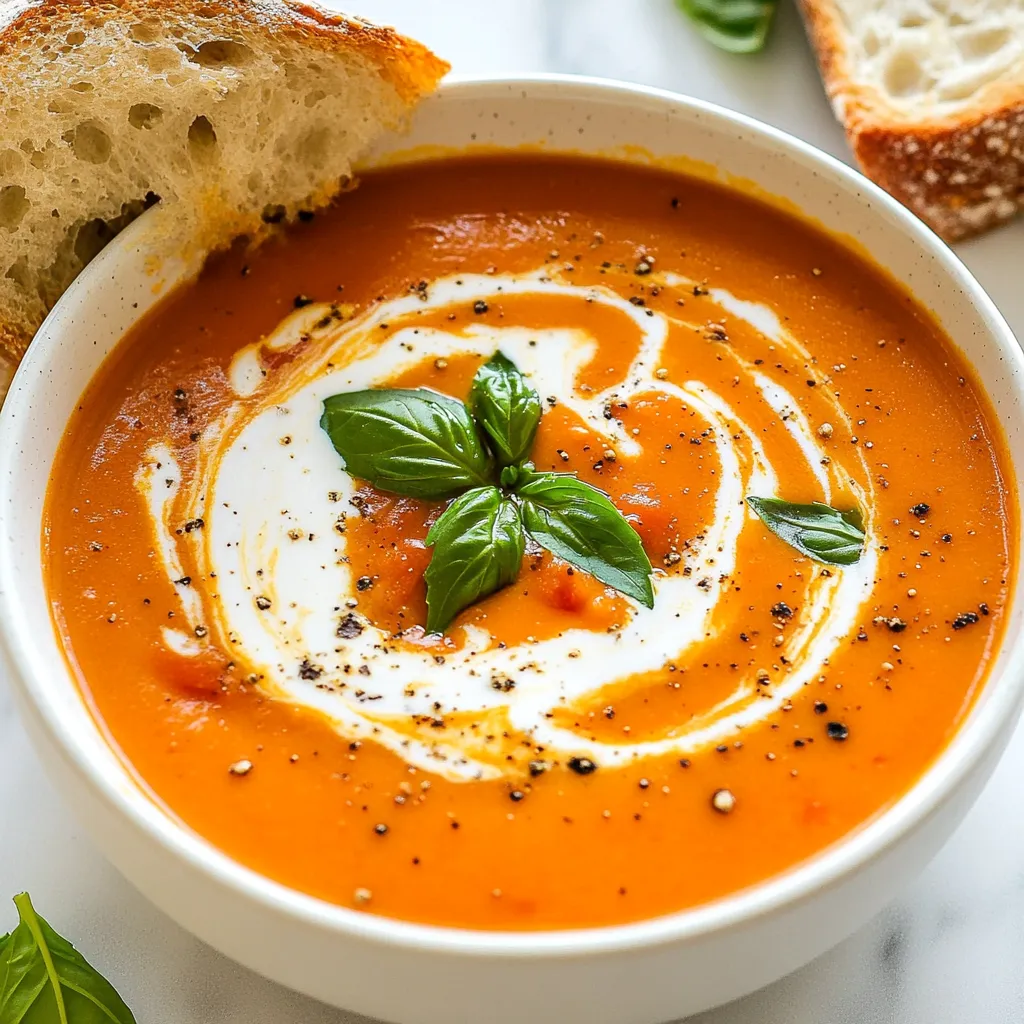 To make this vegan creamy tomato basil soup, you will need: - 4 cups ripe tomatoes, chopped (or 2 cans of whole peeled tomatoes) - 1 medium onion, diced - 4 cloves garlic, minced - 1 cup vegetable broth - 1 cup coconut cream (or cashew cream for a lighter taste) - 1 teaspoon dried oregano - 1 teaspoon sugar (optional, to balance acidity) - Salt and pepper to taste - 1/4 cup fresh basil leaves, chopped (plus extra for garnish) - 2 tablespoons olive oil - 1 tablespoon balsamic vinegar (optional for depth) If you do not have fresh tomatoes, canned tomatoes work well. They save time and still taste great. You can swap coconut cream for cashew cream if you want a lighter soup. For herbs, fresh oregano can replace dried oregano. If fresh basil is unavailable, dried basil is a good alternative, but use less. You may reduce the sugar or skip it if you prefer a tangier soup. Fresh tomatoes give a bright taste and vibrant color. They work best when in season. Canned tomatoes offer convenience and consistency. They are picked at peak ripeness. If you choose fresh tomatoes, ensure they are ripe for the best flavor. Canned tomatoes come ready to use. This makes them a great option for busy cooks. Both choices will yield a delicious soup. {{ingredient_image_2}} First, gather all your ingredients. You will need: - 4 cups ripe tomatoes, chopped (or 2 cans of whole peeled tomatoes) - 1 medium onion, diced - 4 cloves garlic, minced - 1 cup vegetable broth - 1 cup coconut cream (or cashew cream for a lighter option) - 1 teaspoon dried oregano - 1 teaspoon sugar (optional) - Salt and pepper to taste - 1/4 cup fresh basil leaves, chopped (plus extra for garnish) - 2 tablespoons olive oil - 1 tablespoon balsamic vinegar (optional) Chop the tomatoes, onion, and mince the garlic. This makes cooking easier. Heat olive oil in a large pot over medium heat. When the oil shimmers, add the diced onion. Cook until the onion is soft and clear, about 4-5 minutes. Then, add the minced garlic. Stir for one minute until it smells good. Now, add the chopped tomatoes, vegetable broth, and dried oregano. If you want to balance the acidity, mix in sugar. Bring this to a boil, then lower the heat. Let it simmer for about 15-20 minutes. Stir occasionally until the tomatoes are soft. After the tomatoes soften, take the pot off the heat. If you have an immersion blender, use it to blend the soup until smooth. If not, carefully transfer the soup in batches to a regular blender. Blend until it is creamy. Return the smooth soup to low heat. Gradually stir in the coconut cream. Make sure it mixes well. Taste the soup and add salt, pepper, and balsamic vinegar if you like. Let it simmer for another 5 minutes. Just before serving, fold in the chopped basil. This adds a fresh, tasty kick. Enjoy your soup! To make your soup burst with flavor, use fresh herbs. Fresh basil is key. It gives a bright taste that makes the soup shine. If you like, add a pinch of crushed red pepper. This adds a nice kick. You can also use a bit of balsamic vinegar. It deepens the flavors. If you want a creamier texture, use coconut cream. It blends beautifully and adds richness. For a lighter option, cashew cream works well. Just soak cashews in water for a few hours, then blend until smooth. If you prefer a chunkier soup, don’t blend all the tomatoes. Leave some pieces intact for a fun texture. Start by sautéing onions and garlic. This step builds a strong flavor base. Use medium heat to avoid burning. When adding tomatoes, use ripe ones for the best taste. If you use canned tomatoes, choose whole peeled ones. They often taste fresher. Remember to simmer your soup gently. This allows the flavors to meld together perfectly. Enjoy the process and taste as you go! Pro Tips Fresh Tomato Selection: Choose ripe, in-season tomatoes for the best flavor. Heirloom varieties can add a unique taste to your soup. Blend for Texture: For a chunkier soup, blend only half of the mixture and leave the rest as is. This adds a delightful texture. Herb Variations: Experiment with other herbs like thyme or parsley for different flavor profiles, but keep the basil for that classic taste. Serving Suggestions: Pair with a vegan grilled cheese sandwich or a fresh garden salad for a complete meal experience. {{image_4}} You can easily make this soup lighter using cashew cream. Cashew cream adds a rich, creamy texture without extra fat. To make cashew cream, blend soaked cashews with water until smooth. Use one cup of this instead of coconut cream. This change keeps the flavor while reducing calories. Want to boost the nutrition? Try adding veggies like spinach or kale. Just stir them in during the simmer stage. You can also add cooked lentils or chickpeas for extra protein. These options make the soup heartier and more filling. For a flavor kick, add balsamic vinegar. This adds depth and a hint of sweetness. You can also try spices like smoked paprika or red pepper flakes. These spices give the soup a warm, inviting taste. Experimenting with different herbs, like thyme or parsley, can also enhance the flavor profile. After making the soup, let it cool to room temperature. Pour it into an airtight container. Store it in the fridge for up to five days. This soup tastes even better the next day as flavors blend. When you're ready to enjoy, just check for freshness before serving. You can freeze the soup for later use. Allow it to cool completely first. Transfer it to freezer-safe containers, leaving some space for expansion. Seal tightly and label each container with the date. It will keep well for up to three months. To thaw, place it in the fridge overnight or run warm water over the container. Reheating is easy. If you froze the soup, thaw it first. Pour it into a pot over medium heat. Stir occasionally until it’s hot. You can also use a microwave. Heat in short bursts, stirring in between. Add a splash of vegetable broth or water if it thickens too much. Enjoy your creamy tomato basil goodness! Yes, you can make this soup ahead of time. It keeps well in the fridge for about three days. Just cool it down first, then store it in an airtight container. When you're ready to serve, reheat it on the stove over low heat. Stir occasionally to make sure it warms evenly. To thicken the soup, blend it longer until it reaches your desired smoothness. If you want it creamier, add more coconut or cashew cream. You can also mix in a bit of cornstarch with cold water. Stir this mixture into the soup and heat until thickened. This soup pairs well with many sides. Some great options include: - Crusty bread for dipping - Grilled cheese sandwiches - A fresh green salad - Garlic bread for extra flavor These sides enhance your meal and make it more filling. Yes, this recipe is gluten-free. All the main ingredients, like tomatoes and vegetable broth, do not contain gluten. Just make sure to check your broth and any bread you serve for hidden gluten. Enjoy this soup worry-free! This blog post covered how to make a delicious vegan creamy tomato basil soup. You learned about key ingredients, from fresh to canned tomatoes. I shared steps for preparing and cooking, blending, and adding final touches. Tips on flavor and texture helped enhance your dish, while variations added fun twists. Storing tips ensured your soup stays fresh. Remember, cooking can be simple with great guidelines. Try these ideas and enjoy your soup experience!