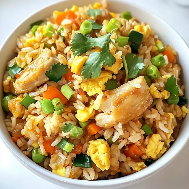 - 2 cups cooked jasmine rice - 1 pound chicken breast - 2 tablespoons soy sauce - 2 tablespoons sesame oil - 1 cup mixed vegetables - 2 eggs - 3 cloves garlic - 1 teaspoon fresh ginger - Salt and pepper - Sliced green onions - Fresh cilantro leaves For Blackstone Chicken Fried Rice, you need simple and fresh ingredients. Start with cooked jasmine rice. Day-old rice works best. It stays firm and mixes well. Next is chicken breast. Cut it into small pieces. This makes it cook evenly. You'll also need soy sauce for that savory punch. Sesame oil brings a lovely nutty flavor. Don’t forget mixed vegetables! Peas, carrots, and corn are great choices. They add color and nutrition. For a tasty base, use eggs to create fluffiness. Garlic and fresh ginger give depth to the dish. Finally, season with salt and pepper to taste. For garnish, you can use sliced green onions and fresh cilantro leaves. They add freshness and look great on the plate. {{ingredient_image_2}} First, I season the diced chicken with salt and pepper. This simple step adds flavor. I heat one tablespoon of sesame oil on the griddle. Once hot, I add the chicken and cook it for about 5-7 minutes. The chicken should be cooked through and nicely browned. After cooking, I remove it from the griddle and keep it warm on a plate. Using day-old rice is key for this dish. Fresh rice can be too sticky. Day-old rice has dried slightly, making it perfect for frying. It separates better, creating a nice texture in the fried rice. Next, I pour the beaten eggs onto the griddle. I use a spatula to scramble them until fully cooked. This usually takes about 2-3 minutes. Once cooked, I mix the eggs with the chicken. This step combines the flavors before adding the other ingredients. Now, I shift to the other side of the griddle. I heat the remaining tablespoon of sesame oil. I add the minced garlic and ginger, sautéing them for about 30 seconds. This step fills the air with a lovely aroma. I then toss in the mixed vegetables and stir them for 2-3 minutes. They should be heated through and tender. After the vegetables are ready, I add the day-old jasmine rice. I break apart any clumps to ensure even cooking. I pour the soy sauce over the rice and mix everything well. This is where the magic happens! Finally, I return the chicken and scrambled eggs to the griddle. I mix everything together, ensuring the chicken and eggs are evenly distributed. I taste the mixture, adjusting with salt and pepper if needed. I let it cook for another 2 minutes to let the flavors meld together. The result is a delicious, colorful dish ready to enjoy! To cook Blackstone Chicken Fried Rice well, the right griddle heat is key. Start by preheating your griddle to medium-high. This heat helps cook the chicken evenly. Too low heat can make the chicken soggy. Too high can burn your food. - Keep an eye on the chicken. It needs to cook for about 5-7 minutes. - Remove it when it’s golden brown. This gives great flavor. - When adding garlic and ginger, lower the heat to avoid burning. You can switch up ingredients based on what you have. If you don’t have chicken, try tofu or shrimp. Both add great flavor. For veggies, use what you enjoy. Bell peppers or broccoli work well too. - If you don’t have jasmine rice, white or brown rice can work. Just make sure it’s cooked. Day-old rice is best as it’s drier and fries better. For added flavor, consider spices or sauces. A dash of chili oil can give it a kick. Soy sauce adds depth and saltiness. Fresh ingredients make a big difference too. - Use fresh garlic and ginger for the best taste. - Fresh herbs like cilantro add brightness and color. - Always taste your dish and adjust salt and pepper as needed. Enjoy playing with these tips to make your dish even better! Pro Tips Use Day-Old Rice: For the best texture and flavor, use rice that has been cooked and refrigerated overnight. This helps to prevent the rice from becoming mushy when stir-fried. Proper Chicken Seasoning: Make sure to season the chicken well with salt and pepper before cooking. This enhances the overall flavor of the dish and ensures the chicken is delicious. High Heat Cooking: Cooking on a high heat allows the ingredients to fry quickly, helping to develop that signature fried rice texture and flavor. Keep everything moving in the pan to avoid burning. Customize Your Veggies: Feel free to mix and match your choice of vegetables based on what you have on hand. Fresh or frozen veggies can work well, adding color and nutrition to your dish. {{image_4}} You can easily make a vegetarian version of Blackstone chicken fried rice. Instead of chicken, use tofu. Firm tofu works best. Press it to remove extra moisture, then dice it into small cubes. Sauté it until it's golden brown. This adds a nice texture and flavor. You can also use more vegetables. Try bell peppers, broccoli, or snap peas. Adding different colors makes the dish look vibrant. Plus, it boosts the nutrition. Use whatever fresh veggies you enjoy. If you prefer seafood, swap the chicken for shrimp or scallops. Both cook quickly and add a tasty twist. When adding shrimp, cook until they turn pink. For scallops, sear them until they are golden brown. Adjust your cooking times slightly. Shrimp take about 3-4 minutes, while scallops usually need 2-3 minutes per side. Keep an eye on them to avoid overcooking. For those who enjoy heat, add chili oil or sriracha. Start with a teaspoon and adjust to your taste. Mix it into the soy sauce for a spicy kick. Adjust heat levels by adding ingredients slowly. Always taste as you go. This way, you control the spice and make it just right for you. To keep your Blackstone Chicken Fried Rice fresh, store it in airtight containers. Make sure it cools down to room temperature before sealing. This helps lock in moisture and flavor. Store it in the fridge for up to four days. If you want to enjoy it longer, consider freezing it. To freeze your chicken fried rice, let it cool completely first. Then, divide it into portions and place them in freezer bags. Squeeze out as much air as possible before sealing. You can freeze it for up to three months. When you want to eat it, thaw it in the fridge overnight. Reheat it on the griddle, stirring often, until it is hot throughout. Blackstone Chicken Fried Rice stays fresh in the fridge for about four days. After that, its quality declines. Look for signs of spoilage, like off smells or changes in texture. If you see any mold, throw it out. Always trust your senses when deciding if food is still good. Yes, you can use frozen vegetables. They save time and add color. - Advantages: Frozen veggies are quick and easy. They often have good nutrients. They also cook fast on the griddle. - Preparation tips: No need to thaw them first. Just toss them in while cooking the garlic and ginger. Cook for 2-3 minutes until hot. Stir often for even cooking. To make Blackstone Chicken Fried Rice gluten-free, you can swap a few items. - Potential substitutions: Use gluten-free soy sauce or tamari. This keeps the flavor while avoiding gluten. - Sauces: Check labels on sauces to ensure they are gluten-free. Some brands have gluten-free options that taste great. Yes, you can still make this dish without a griddle. - Alternative cooking methods: Use a large skillet or frying pan. A wok also works well for this recipe. - Equipment: Just make sure your pan has a good non-stick surface. This will help prevent sticking and make cleanup easier. You learned how to make delicious chicken fried rice using simple ingredients. We discussed the main ingredients, optional garnishes, and handy tips for perfect results. Remember, you can customize this dish with various proteins and spices. Store leftovers properly to keep them fresh. Follow these steps, and you’ll create a tasty meal that everyone will love. Enjoy the process and don’t be afraid to experiment. Happy cooking!