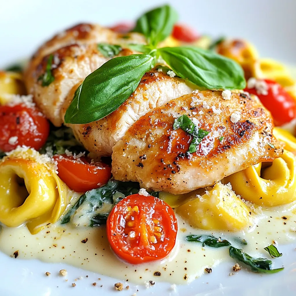 - 2 boneless, skinless chicken breasts - 1 package (9 oz) cheese tortellini - 1 cup fresh spinach, coarsely chopped - 2 tablespoons extra-virgin olive oil - 1 teaspoon garlic powder - 1 teaspoon Italian seasoning - Salt and black pepper, to taste - 1 cup heavy cream - ½ cup chicken broth - ½ cup grated Parmesan cheese - Fresh basil leaves, for garnish - 1 cup cherry tomatoes, halved For Marry Me Chicken Tortellini, gather these key ingredients. Start with fresh chicken breasts. They offer a tasty and juicy base. Cheese tortellini adds heartiness and flavor. Fresh spinach gives color and nutrition. Next, let's look at the pantry staples. Extra-virgin olive oil helps cook the chicken. Garlic powder and Italian seasoning bring out the best flavors. Heavy cream and chicken broth create a rich sauce. You can use optional garnishes to enhance the dish. Grated Parmesan cheese adds a salty bite. Fresh basil leaves give a nice touch. Cherry tomatoes not only look great but also add sweetness. Having these ingredients ready will make cooking easier. They come together to create a delightful meal. {{ingredient_image_2}} To season the chicken breasts, start with two boneless, skinless pieces. Use one teaspoon of garlic powder and one teaspoon of Italian seasoning. Sprinkle salt and black pepper to taste. Coat both sides evenly for the best flavor. Next, heat two tablespoons of extra-virgin olive oil in a large skillet over medium heat. Once the oil is hot, add the seasoned chicken breasts carefully. Sauté them for about 5-6 minutes on each side. Look for a golden brown color and ensure the chicken's internal temperature reaches 165°F. Remove the chicken from the skillet and set it aside on a plate. In the same skillet, add one cup of halved cherry tomatoes. Cook them for 2-3 minutes. Stir occasionally until they soften and release their juices. Lower the heat slightly. Then, pour in one cup of heavy cream and half a cup of chicken broth. Stir well to combine, bringing it to a gentle simmer. While the sauce simmers, cook one package (9 oz) of cheese tortellini according to package instructions. Once cooked, drain the tortellini. Make sure to time this well so the tortellini stays hot when added to the sauce. Slice the sautéed chicken breasts into strips. Add the drained tortellini to the skillet with the creamy sauce. Arrange the sliced chicken over the tortellini mixture. Sprinkle half a cup of grated Parmesan cheese on top. Gently stir to combine all the ingredients, ensuring the tortellini is well coated. Serve the dish hot. For a lovely finish, garnish with fresh basil leaves. This adds a fragrant touch and enhances the dish's appearance. Enjoy your delicious Marry Me Chicken Tortellini! To keep your chicken juicy, start with fresh, quality chicken breasts. Season both sides well with garlic powder, Italian seasoning, salt, and black pepper. This helps lock in moisture. Sauté in hot olive oil for about 5-6 minutes on each side. Make sure the internal temperature hits 165°F. This ensures it’s safe to eat while staying tender. A creamy sauce is key for this dish. After adding the heavy cream and chicken broth, stir well. Keep the heat low to avoid boiling. This helps the sauce thicken nicely without curdling. If it’s too thick, add a bit more chicken broth. For a richer flavor, add more Parmesan cheese as you mix it in. To store leftovers, let the dish cool completely. Place it in an airtight container. It will stay fresh for about 3 days in the fridge. To reheat, add a splash of chicken broth or cream to the pan. Heat on low, stirring gently until warmed through. This helps maintain creaminess and flavor. Pro Tips Perfectly Cooked Chicken: Use a meat thermometer to ensure your chicken reaches 165°F for optimal juiciness and safety. Flavor Boost: Consider marinating the chicken in olive oil, garlic, and herbs for a few hours before cooking to enhance the flavors. Fresh Spinach Substitute: If fresh spinach isn't available, you can use frozen spinach; just ensure it's well-drained before adding. Cheese Tortellini Tips: To prevent the tortellini from sticking together, give them a gentle stir while they cook in boiling water. {{image_4}} You can easily make this dish vegetarian. Instead of chicken, use plant-based protein. Consider options like tofu, tempeh, or seitan. These will absorb the sauce well and add texture. You can also use chickpeas for a protein boost. Just sauté them in olive oil, like you would with chicken. This change makes the dish just as tasty and satisfying. Want to spice things up? Try adding spices or different veggies. Red pepper flakes give a nice kick. Fresh herbs like thyme or oregano can enhance the flavor too. You can add mushrooms, zucchini, or bell peppers to the sauce. These vegetables cook quickly and add great texture. Just toss them in when you add the spinach. If you're not a fan of tortellini, no problem! You can swap it for other types of pasta. Penne, fusilli, or even fettuccine work well with the creamy sauce. Just cook the pasta per package directions. Then combine it with the sauce as you would with tortellini. This keeps the dish fun and fresh, allowing for different flavors each time. To keep your Marry Me Chicken Tortellini fresh, store it in an airtight container. Let the dish cool to room temperature before sealing it. This helps prevent moisture buildup. Place the container in the fridge if you plan to eat it within a few days. For best results, consume it within three days. If you want to freeze your Marry Me Chicken Tortellini, follow these steps: 1. Allow the dish to cool completely. 2. Transfer it to a freezer-safe container. Make sure to leave some space for expansion. 3. Seal the container tightly and label it with the date. To thaw, place the container in the fridge overnight. Reheat it on the stove over low heat until warm. When stored properly, Marry Me Chicken Tortellini lasts: - In the fridge: 3 days - In the freezer: up to 3 months This duration ensures your meal stays fresh and tasty. Always check for any signs of spoilage before eating. If you can’t find tortellini, don’t worry! You can use other pasta types. Here are some options: - Penne: This pasta holds sauce well and cooks quickly. - Farfalle: Its shape adds fun and texture to the dish. - Fusilli: Twisted pasta captures the creamy sauce nicely. These choices keep the dish tasty and satisfying without losing the essence of Marry Me Chicken Tortellini. Yes, you can prepare this dish ahead of time! Here’s how to do it: - Cook the Chicken: Sauté the chicken and let it cool. - Prepare the Sauce: Make the creamy sauce and let it cool. - Cook the Pasta: You can cook the tortellini, but it’s better to store it uncooked. Store each component in airtight containers. When ready, combine and heat. This saves time without losing flavor. Reheating this dish is simple. Use these methods: - Stovetop: Place in a skillet over low heat. Stir gently until warm. - Microwave: Transfer to a microwave-safe bowl. Heat in short bursts, stirring in between. Both methods keep the dish creamy and delicious. Avoid overheating to prevent drying out. Absolutely! Here are some easy swaps: - Chicken: Use skinless chicken thighs for more flavor and moisture. - Cream: Swap heavy cream for half-and-half or coconut milk. - Cheese: Opt for reduced-fat Parmesan to cut calories. These changes make the dish lighter but still tasty. Enjoy your healthier version of Marry Me Chicken Tortellini! This blog post covered the delicious Marry Me Chicken Tortellini recipe. We detailed key ingredients, from chicken and tortellini to pantry staples. You learned how to cook the chicken and prepare a rich cream sauce. I shared tips for perfecting your chicken and storing leftovers. In summary, this dish is easy to make and offers many variations. Whether you prefer it vegetarian or want to adjust flavors, you have options. Enjoy creating this dish and make it your own! Your family and friends will love it.
