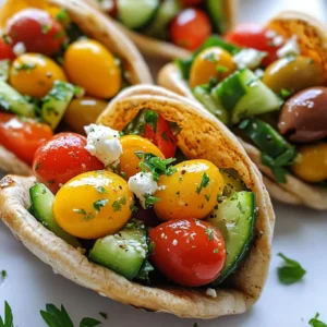 To make Greek salad pita pockets, gather these fresh ingredients: - 4 whole wheat pita pockets - 1 cup cherry tomatoes, halved - 1 cucumber, diced - 1 red bell pepper, diced - 1/2 red onion, finely chopped - 1 cup Kalamata olives, pitted and halved - 1/2 cup feta cheese, crumbled - 2 tablespoons fresh oregano, chopped - 2 tablespoons extra-virgin olive oil - 1 tablespoon red wine vinegar - Salt and pepper to taste - Optional: A handful of fresh parsley for garnish Greek salad pita pockets are not just tasty; they are healthy too. They offer a good mix of nutrients. Each serving has protein from feta cheese, healthy fats from olive oil, and fiber from whole wheat pita and veggies. This meal is low in calories while being rich in vitamins and minerals. Enjoying these pockets can help you feel full and satisfied. You can easily swap some ingredients to fit your taste or needs: - Pita pockets: Use gluten-free pita for a gluten-free option. - Feta cheese: Try goat cheese or a dairy-free cheese if you prefer. - Kalamata olives: Use green olives or skip them if you don’t like olives. - Olive oil: Avocado oil works well too. - Fresh oregano: Dried oregano can work in a pinch. Just use less since it’s stronger. Feel free to mix and match to create your perfect Greek salad pita pocket! {{ingredient_image_2}} Start by washing all your fresh vegetables. I recommend using cherry tomatoes, cucumbers, red bell peppers, and red onions. - Halve the cherry tomatoes. - Dice the cucumber and red bell pepper. - Finely chop the red onion. Place all these veggies into a large mixing bowl. Gently toss them together. Be careful not to bruise the tomatoes. This step sets the base for our fresh salad. Next, we add some tasty extras to our vegetable mix. Stir in the Kalamata olives and crumbled feta cheese. - Use a gentle hand to mix. You want to keep the feta cheese intact. This gives the salad a nice texture. It also adds a salty kick that pairs well with the olives. Now, let’s make the dressing. In a small bowl, whisk together: - 2 tablespoons extra-virgin olive oil - 1 tablespoon red wine vinegar - 2 tablespoons fresh oregano, chopped - A pinch of salt and pepper Once mixed, pour this dressing over the salad. Toss gently to coat everything evenly. Next, take a whole wheat pita pocket. Open it carefully by running a knife along the edge or gently pulling it apart. Fill each pocket with the salad mixture. Make sure to include plenty of olives and feta for the best flavor. Repeat until all your pita pockets are stuffed. Enjoy this fresh and flavorful dish! When making Greek salad pita pockets, fresh ingredients are key. Look for bright, firm cherry tomatoes. They should feel heavy for their size. Choose cucumbers that are crisp and have smooth skin. For bell peppers, opt for ones that are shiny with no soft spots. Red onions should be solid and firm. Kalamata olives should be pitted and dark purple. For feta cheese, find a block or crumbles with a creamy texture. Fresh oregano is best if you can find it, with bright green leaves. Stuffing pita pockets can be tricky. First, gently open each pocket without tearing it. Use a small knife or your fingers to create a pocket. Start by adding a layer of salad mixture at the bottom. This keeps the filling from spilling out. Next, fill it with olives and feta for extra flavor. Don’t overstuff, or it might burst. Aim for balance, so every bite is tasty. Presentation makes a meal special. Arrange the stuffed pita pockets on a large platter. You can fan them out for a nice look. Add a bowl of tzatziki sauce next to the platter for dipping. Sprinkle fresh parsley on top for color. If you like, serve extra Kalamata olives on the side. This adds a fun touch and gives everyone options. Enjoy your vibrant Greek feast! Pro Tips Use Fresh Ingredients: Always opt for the freshest vegetables and herbs to enhance the flavor and nutritional value of your Greek Salad Pita Pockets. Chill Before Serving: For the best flavor, let the salad mixture chill in the refrigerator for at least 30 minutes before stuffing the pita pockets. This allows the flavors to meld beautifully. Customize Your Fillings: Feel free to add additional ingredients like avocado, artichokes, or grilled chicken to personalize your pita pockets according to your taste preferences. Perfect Pita Technique: When opening the pita pockets, gently run your fingers around the edge to avoid tearing. This keeps the pockets intact for filling. {{image_4}} Greek salad pita pockets are great for everyone. If you want a vegetarian option, just skip the feta cheese. For a vegan version, use a plant-based feta. This keeps the flavor without any dairy. Also, you can add more veggies, like zucchini or avocado. These choices add taste and nutrients. Feel free to mix in other ingredients! Here are some ideas: - Chopped artichokes for a tangy flavor - Roasted red peppers for sweetness - Spinach or kale for extra greens - Chickpeas for added protein and texture These additions make your pita pockets even more delicious. You can create your own unique version! The dressing makes the meal shine. While the olive oil and vinegar are classic, you can try different flavors. Here are some options: - Lemon juice for a fresh kick - Balsamic vinegar for a sweet touch - Greek yogurt for creaminess - Tahini for a nutty flavor Experiment with these dressings to find your favorite! Each one adds a new twist to the Greek salad pita pockets. To keep your Greek salad pita pockets fresh, store them in the fridge. Place them in a sealed container to prevent them from drying out. If you have extra salad, store it separately. This way, the pita won’t get soggy. Use airtight containers or resealable bags for storage. Glass containers work well and are eco-friendly. If you prefer plastic, choose BPA-free options. Label the containers with the date, so you know when to eat them. Reheat your pita pockets gently. Use a microwave for a quick warm-up. Heat for about 15-20 seconds at a time. Check often to avoid overheating. If you want a crispy texture, use an oven. Preheat it to 350°F (175°C), wrap the pockets in foil, and heat for about 10 minutes. Enjoy them warm for the best taste! You can pair your Greek salad pita pockets with various sides. Some great options include: - Tzatziki sauce for dipping - Roasted vegetables for a warm side - Hummus with pita chips - A light fruit salad for sweetness These sides will enhance your meal and offer different textures. They also add more flavors that complement the refreshing taste of the salad. Yes, you can prepare the salad ahead of time. Just follow these steps: 1. Chop the vegetables: You can cut the tomatoes, cucumber, bell pepper, and onion in advance. 2. Mix the salad: Combine everything except the dressing. This keeps veggies fresh. 3. Store in the fridge: Keep it in an airtight container for up to 24 hours. When ready to eat, add the dressing and stuff the pita pockets. This method saves time and keeps the salad crisp. Making gluten-free Greek salad pita pockets is simple. Here’s how: - Use gluten-free pita bread: Many stores sell gluten-free options. Check the label. - Ensure all ingredients are gluten-free: Confirm that olives, feta, and any added spices are gluten-free. Follow the same steps in the recipe. You’ll get a tasty meal that everyone can enjoy! Greek salad pita pockets are easy to make and packed with flavor. We covered the ingredients, steps to prepare, and useful tips for a great meal. You learned how to store leftovers and variations to try. Remember, fresh ingredients make a big difference. Experiment with different dressings and fillings to keep it exciting. With these ideas, you're ready to create delicious and healthy pita pockets. Enjoy your cooking journey!