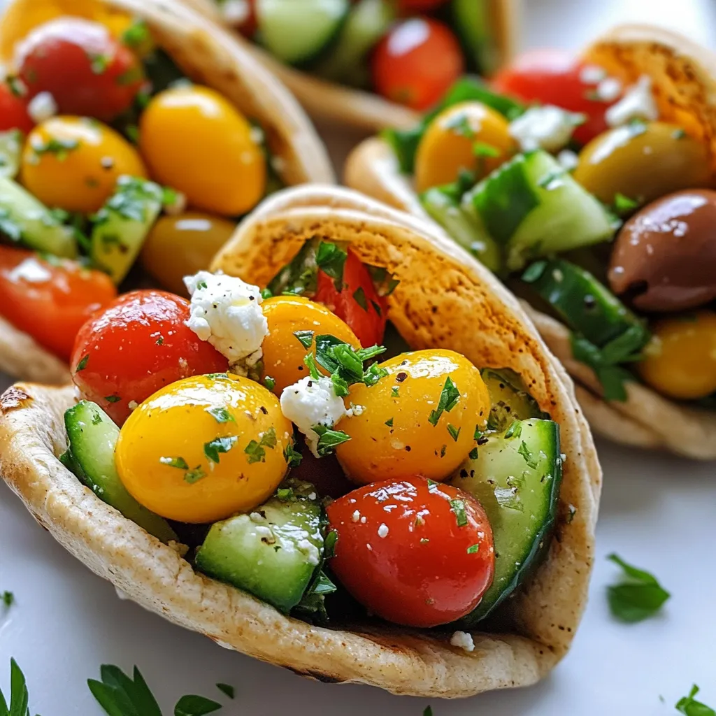 To make Greek salad pita pockets, gather these fresh ingredients: - 4 whole wheat pita pockets - 1 cup cherry tomatoes, halved - 1 cucumber, diced - 1 red bell pepper, diced - 1/2 red onion, finely chopped - 1 cup Kalamata olives, pitted and halved - 1/2 cup feta cheese, crumbled - 2 tablespoons fresh oregano, chopped - 2 tablespoons extra-virgin olive oil - 1 tablespoon red wine vinegar - Salt and pepper to taste - Optional: A handful of fresh parsley for garnish Greek salad pita pockets are not just tasty; they are healthy too. They offer a good mix of nutrients. Each serving has protein from feta cheese, healthy fats from olive oil, and fiber from whole wheat pita and veggies. This meal is low in calories while being rich in vitamins and minerals. Enjoying these pockets can help you feel full and satisfied. You can easily swap some ingredients to fit your taste or needs: - Pita pockets: Use gluten-free pita for a gluten-free option. - Feta cheese: Try goat cheese or a dairy-free cheese if you prefer. - Kalamata olives: Use green olives or skip them if you don’t like olives. - Olive oil: Avocado oil works well too. - Fresh oregano: Dried oregano can work in a pinch. Just use less since it’s stronger. Feel free to mix and match to create your perfect Greek salad pita pocket! {{ingredient_image_2}} Start by washing all your fresh vegetables. I recommend using cherry tomatoes, cucumbers, red bell peppers, and red onions. - Halve the cherry tomatoes. - Dice the cucumber and red bell pepper. - Finely chop the red onion. Place all these veggies into a large mixing bowl. Gently toss them together. Be careful not to bruise the tomatoes. This step sets the base for our fresh salad. Next, we add some tasty extras to our vegetable mix. Stir in the Kalamata olives and crumbled feta cheese. - Use a gentle hand to mix. You want to keep the feta cheese intact. This gives the salad a nice texture. It also adds a salty kick that pairs well with the olives. Now, let’s make the dressing. In a small bowl, whisk together: - 2 tablespoons extra-virgin olive oil - 1 tablespoon red wine vinegar - 2 tablespoons fresh oregano, chopped - A pinch of salt and pepper Once mixed, pour this dressing over the salad. Toss gently to coat everything evenly. Next, take a whole wheat pita pocket. Open it carefully by running a knife along the edge or gently pulling it apart. Fill each pocket with the salad mixture. Make sure to include plenty of olives and feta for the best flavor. Repeat until all your pita pockets are stuffed. Enjoy this fresh and flavorful dish! When making Greek salad pita pockets, fresh ingredients are key. Look for bright, firm cherry tomatoes. They should feel heavy for their size. Choose cucumbers that are crisp and have smooth skin. For bell peppers, opt for ones that are shiny with no soft spots. Red onions should be solid and firm. Kalamata olives should be pitted and dark purple. For feta cheese, find a block or crumbles with a creamy texture. Fresh oregano is best if you can find it, with bright green leaves. Stuffing pita pockets can be tricky. First, gently open each pocket without tearing it. Use a small knife or your fingers to create a pocket. Start by adding a layer of salad mixture at the bottom. This keeps the filling from spilling out. Next, fill it with olives and feta for extra flavor. Don’t overstuff, or it might burst. Aim for balance, so every bite is tasty. Presentation makes a meal special. Arrange the stuffed pita pockets on a large platter. You can fan them out for a nice look. Add a bowl of tzatziki sauce next to the platter for dipping. Sprinkle fresh parsley on top for color. If you like, serve extra Kalamata olives on the side. This adds a fun touch and gives everyone options. Enjoy your vibrant Greek feast! Pro Tips Use Fresh Ingredients: Always opt for the freshest vegetables and herbs to enhance the flavor and nutritional value of your Greek Salad Pita Pockets. Chill Before Serving: For the best flavor, let the salad mixture chill in the refrigerator for at least 30 minutes before stuffing the pita pockets. This allows the flavors to meld beautifully. Customize Your Fillings: Feel free to add additional ingredients like avocado, artichokes, or grilled chicken to personalize your pita pockets according to your taste preferences. Perfect Pita Technique: When opening the pita pockets, gently run your fingers around the edge to avoid tearing. This keeps the pockets intact for filling. {{image_4}} Greek salad pita pockets are great for everyone. If you want a vegetarian option, just skip the feta cheese. For a vegan version, use a plant-based feta. This keeps the flavor without any dairy. Also, you can add more veggies, like zucchini or avocado. These choices add taste and nutrients. Feel free to mix in other ingredients! Here are some ideas: - Chopped artichokes for a tangy flavor - Roasted red peppers for sweetness - Spinach or kale for extra greens - Chickpeas for added protein and texture These additions make your pita pockets even more delicious. You can create your own unique version! The dressing makes the meal shine. While the olive oil and vinegar are classic, you can try different flavors. Here are some options: - Lemon juice for a fresh kick - Balsamic vinegar for a sweet touch - Greek yogurt for creaminess - Tahini for a nutty flavor Experiment with these dressings to find your favorite! Each one adds a new twist to the Greek salad pita pockets. To keep your Greek salad pita pockets fresh, store them in the fridge. Place them in a sealed container to prevent them from drying out. If you have extra salad, store it separately. This way, the pita won’t get soggy. Use airtight containers or resealable bags for storage. Glass containers work well and are eco-friendly. If you prefer plastic, choose BPA-free options. Label the containers with the date, so you know when to eat them. Reheat your pita pockets gently. Use a microwave for a quick warm-up. Heat for about 15-20 seconds at a time. Check often to avoid overheating. If you want a crispy texture, use an oven. Preheat it to 350°F (175°C), wrap the pockets in foil, and heat for about 10 minutes. Enjoy them warm for the best taste! You can pair your Greek salad pita pockets with various sides. Some great options include: - Tzatziki sauce for dipping - Roasted vegetables for a warm side - Hummus with pita chips - A light fruit salad for sweetness These sides will enhance your meal and offer different textures. They also add more flavors that complement the refreshing taste of the salad. Yes, you can prepare the salad ahead of time. Just follow these steps: 1. Chop the vegetables: You can cut the tomatoes, cucumber, bell pepper, and onion in advance. 2. Mix the salad: Combine everything except the dressing. This keeps veggies fresh. 3. Store in the fridge: Keep it in an airtight container for up to 24 hours. When ready to eat, add the dressing and stuff the pita pockets. This method saves time and keeps the salad crisp. Making gluten-free Greek salad pita pockets is simple. Here’s how: - Use gluten-free pita bread: Many stores sell gluten-free options. Check the label. - Ensure all ingredients are gluten-free: Confirm that olives, feta, and any added spices are gluten-free. Follow the same steps in the recipe. You’ll get a tasty meal that everyone can enjoy! Greek salad pita pockets are easy to make and packed with flavor. We covered the ingredients, steps to prepare, and useful tips for a great meal. You learned how to store leftovers and variations to try. Remember, fresh ingredients make a big difference. Experiment with different dressings and fillings to keep it exciting. With these ideas, you're ready to create delicious and healthy pita pockets. Enjoy your cooking journey!
