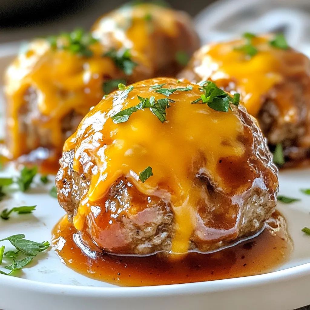 - 1 lb (450g) ground beef - 1/2 cup (50g) breadcrumbs - 1/4 cup (25g) grated Parmesan cheese - 1/2 cup (75g) finely diced onion - 2 cloves garlic, minced - 1 large egg - 1/4 cup (60ml) BBQ sauce (plus extra for topping) - 1 teaspoon Worcestershire sauce - 1 teaspoon salt - 1/2 teaspoon freshly ground black pepper - 1 cup (100g) shredded cheddar cheese Make sure to use a kitchen scale for accuracy. This ensures your meatballs turn out great. For the cheese, I recommend shredding it yourself. Pre-shredded cheese often has additives that can change texture. Chopped fresh parsley adds a nice color and taste. You can also consider adding pickles or sliced jalapeños for extra zing. If you want a fun twist, serve the meatballs on mini buns for sliders. {{ingredient_image_2}} Preheat your oven to 400°F (200°C). This step is key for even cooking. Make sure it reaches the right temperature before baking. In a large bowl, mix the ground beef with breadcrumbs, Parmesan cheese, diced onion, and minced garlic. Add the egg, BBQ sauce, Worcestershire sauce, salt, and pepper. Use your hands or a spatula to blend everything well. You want the mix to be even, so each meatball has great flavor. Scoop out portions of the mixture. Roll them into balls about 1.5 inches wide. Aim for 16 to 20 meatballs total. Place them on a baking sheet lined with parchment paper. This helps keep them from sticking. Bake your meatballs for 20 minutes in the preheated oven. This helps them cook through and become firm. The smell will start to fill your kitchen! After 20 minutes, take the baking sheet out of the oven. Flip each meatball gently. Top them with shredded cheddar cheese and add a drizzle of BBQ sauce. This step turns them into a cheeseburger delight. Put the meatballs back in the oven for another 5 minutes. Watch for the cheese to melt and become bubbly. It should look golden and delicious. Once done, let the meatballs cool for a few minutes. You can garnish them with chopped parsley for color. Serve them on a platter with extra BBQ sauce for dipping. For a fun twist, place them on mini buns to make sliders! To make your meatballs juicy, use fresh ground beef with a higher fat content. I suggest 80/20 beef for the best results. Don't overmix the meat; mix just until combined. This keeps them tender. Also, let the meatballs rest for a few minutes after baking. This helps the juices settle. You can change the flavor with simple swaps. Try adding chopped jalapeños for heat or diced bell peppers for sweetness. Fresh herbs like basil or thyme add a nice touch. If you love spice, add smoked paprika or cayenne pepper to the mix. You can also use different BBQ sauces to create your own flavor profile. Avoid overcooking the meatballs. Keep an eye on the time; they should be golden but not dry. Don't skip the cheese topping; it adds richness. Also, make sure to space the meatballs on the baking sheet. This allows heat to circulate, helping them cook evenly. Lastly, remember to let them cool before serving. This makes them easier to handle and tastier! Pro Tips Use Fresh Ingredients: Always opt for fresh onions and garlic for a more robust flavor in your meatballs. Don’t Overmix: Mix the ingredients just until combined to keep the meatballs tender and juicy. Experiment with BBQ Sauce: Try different BBQ sauces to customize the flavor profile of your meatballs—smoky, sweet, or spicy! Rest Before Serving: Let the meatballs rest for a few minutes after baking to allow the juices to redistribute for optimal flavor. {{image_4}} Cheese makes everything better, right? For BBQ cheeseburger meatballs, you can get creative. While I love using sharp cheddar, you might enjoy other options too. Here are a few ideas: - Monterey Jack: This cheese melts well and adds a creamy touch. - Pepper Jack: If you like a little kick, this cheese brings heat. - Mozzarella: Use this for a gooey cheese pull that everyone loves. Feel free to mix and match! Combining cheeses can also boost flavor and texture. Want to spice it up? Adjusting the heat is simple. Here’s how: - Add Red Pepper Flakes: Just a pinch can add warmth. - Use Spicy BBQ Sauce: Swap regular sauce for a spicy version. - Jalapeños: Finely diced jalapeños can pack a punch. You can make these meatballs as spicy as you want. Just taste as you go! You can cook BBQ cheeseburger meatballs in different ways. Here are some methods to try: - Grilling: Grill the meatballs to give them a smoky flavor. Preheat the grill, then cook until browned. - Slow Cooking: For a tender bite, use a slow cooker. Combine meatballs and BBQ sauce, then cook on low for several hours. - Pan-Frying: For a crispy outside, pan-fry the meatballs in a bit of oil until golden. Experiment with these methods to find your favorite way to cook BBQ cheeseburger meatballs! After you make your BBQ cheeseburger meatballs, let them cool. Place them in an airtight container. They will stay fresh in the fridge for 3 to 4 days. When you want to eat them, just take out the amount you need. These meatballs freeze well! To freeze, let them cool completely. Arrange them on a baking sheet in a single layer. Freeze them for 1 to 2 hours until firm. Then, transfer them to a freezer bag. They can last up to 3 months in the freezer. When you want to enjoy them, just thaw in the fridge overnight. For reheating, preheat your oven to 350°F (175°C). Place the meatballs on a baking sheet. Bake for about 15-20 minutes until heated through. You can also use a microwave. Just heat them in a microwave-safe dish for 1-2 minutes. If they seem dry, add a splash of BBQ sauce before heating. This keeps them juicy and tasty! You can serve BBQ cheeseburger meatballs with many sides. Some great options include: - French fries: Crispy and salty, they match well. - Coleslaw: The crunch adds freshness. - Pickles: They give a tangy bite. - Corn on the cob: Sweet corn pairs nicely. - Mini buns: Turn them into sliders for fun! To make this recipe gluten-free, swap regular breadcrumbs for gluten-free ones. Ensure your BBQ sauce is also gluten-free. Many brands offer this option. Check the labels to be sure. Yes, ground turkey is a great substitute. It will make the meatballs lighter. Use the same amount as the beef. You may want to add a bit more seasoning to boost the flavor. To check if meatballs are cooked, use a meat thermometer. They should reach 165°F (74°C). If you cut one open, it should not be pink inside. The juices should run clear. The best BBQ sauce depends on your taste. A tangy sauce works well for balance. If you like heat, go for a spicy option. Sweet BBQ sauce can add a nice touch too. Try different types to find your favorite! In this post, we covered the key ingredients and detailed steps for making BBQ cheeseburger meatballs. We also shared tips for juicy meatballs and different cooking methods. Remember, you can customize spices and cheese for unique flavors. Proper storage keeps leftovers fresh, and my FAQs answer common questions. Enjoy these flavorful bites at your next meal. Trust your skills, and have fun experimenting with this tasty dish!