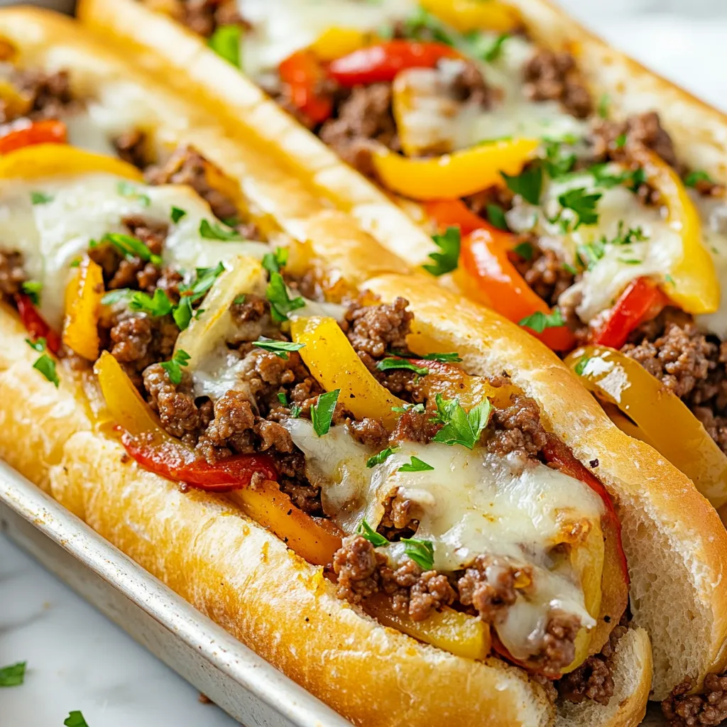 - Ground Beef and Cheese - 1 pound ground beef - 8 slices provolone cheese - Vegetables and Seasonings - 2 tablespoons olive oil - 1 large onion, thinly sliced - 1 medium green bell pepper, thinly sliced - 1 medium red bell pepper, thinly sliced - 3 cloves garlic, minced - 1 teaspoon Worcestershire sauce - Salt and freshly ground black pepper, to taste - Hoagie Rolls and Optional Garnishes - 4 hoagie rolls - Fresh parsley, finely chopped (for garnish) The ingredients come together to create a tasty and hearty meal. Ground beef gives it a rich flavor. Provolone cheese adds creaminess that melts beautifully. The mix of bell peppers and onion adds sweetness. Garlic boosts the flavor, while Worcestershire sauce ties it all together. Using fresh parsley as a garnish not only looks nice, but it also adds a fresh touch. The hoagie rolls hold all this deliciousness well. Each bite is a blend of textures and flavors that make this dish a favorite. {{ingredient_image_2}} Heating the Olive Oil Begin by pouring 2 tablespoons of olive oil into a large skillet. Set the heat to medium. Let the oil warm up for about a minute. You want it hot but not smoking. Sautéing Onions and Peppers Next, add 1 large sliced onion, 1 medium green bell pepper, and 1 medium red bell pepper to the skillet. Stir the mixture often for about 5 to 7 minutes. Cook until the veggies soften and start to brown. Adding Garlic for Flavor Now, toss in 3 minced garlic cloves. Stir for another minute until it smells amazing. Garlic adds a lot of flavor to our dish. Cooking and Browning the Beef Push the veggies to the sides of the skillet. Create a space in the center and add 1 pound of ground beef. Use a spatula to break it apart. Cook for 5 to 7 minutes. Stir it occasionally until the beef is browned and no longer pink. Combining with Vegetables Once the beef is cooked, mix it with the sautéed veggies. This step is crucial for getting all those great flavors together. Seasoning for Taste Stir in 1 teaspoon of Worcestershire sauce. Season with salt and freshly ground black pepper to taste. Cook for another 2 to 3 minutes. This lets the spices meld together. Preparing Hoagie Rolls for Broiling Preheat your oven's broiler on high. Carefully split 4 hoagie rolls open. Arrange them cut-side up on a baking sheet. They need to be ready for the filling. Filling the Rolls Evenly distribute the beef and vegetable mixture into each hoagie roll. Make sure each one is generously filled. This is where the magic happens! Broiling with Cheese Place 2 slices of provolone cheese on top of each filled hoagie. Slide the baking sheet under the broiler for 2 to 3 minutes. Keep an eye on them until the cheese melts and turns bubbly. Selecting the Right Beef You want ground beef that has some fat. I recommend 80/20 ground beef. The fat adds flavor and keeps your cheesesteaks juicy. Look for fresh beef, ideally from a local butcher. Tips for Cooking Vegetables Perfectly Slice your onions and peppers thin. This helps them cook fast and blend well with the beef. Start by cooking the onions first. They need a bit longer to caramelize. Add the peppers next. They should be soft but still vibrant in color. Best Cheese Options for Philly Cheesesteaks Provolone cheese is classic for cheesesteaks. It melts well and has a nice flavor. You can also use Cheez Whiz for a creamy touch. If you like a stronger taste, try sharp cheddar. Each cheese gives a unique twist to your dish. Serving Suggestions for Cheesesteaks Serve your cheesesteaks on a wooden platter. It adds a rustic feel. Pair them with crispy potato fries or a fresh salad. This makes the meal complete and satisfying. Garnishing with Fresh Ingredients Top each cheesesteak with fresh parsley. It adds a pop of color and freshness. You can also add sliced jalapeños for some heat. These little touches make your plates look and taste amazing. Pro Tips Use Fresh Ingredients: Fresh vegetables and high-quality ground beef will enhance the flavor and texture of your cheesesteak. Don't Overcrowd the Skillet: Sauté the vegetables in batches if needed to ensure they caramelize evenly and develop a rich flavor. Experiment with Cheeses: While provolone is classic, try using Cheez Whiz or American cheese for a different twist on the traditional cheesesteak. Serve Immediately: These cheesesteaks are best enjoyed hot and fresh, so serve them right after broiling to maintain the gooey cheese texture. {{image_4}} Different Types of Cheese While provolone cheese is classic, you can try other types. Cheddar adds sharpness. Swiss gives a nutty flavor. For something rich, use gouda. Mixing cheeses can create fun tastes, too. Adding Extra Veggies or Spices Feel free to boost your cheesesteak with more veggies. Mushrooms add earthiness, while jalapeños give heat. Spinach or kale can sneak in some greens. Try different spices like paprika or cayenne for extra zing. Using Ground Turkey or Chicken If you want a leaner option, ground turkey or chicken works well. These meats absorb flavors nicely. They make a lighter sandwich but still deliver taste. Just adjust the cooking time since they may cook faster. Slow Cooker Version For an easy meal, use a slow cooker. Brown the meat first, then add veggies and sauce. Cook on low for about 6 hours. This method yields tender meat and deep flavors. Perfect for busy days! Grilled Cheese Variation Want to change it up? Make a grilled cheese version! Use bread slices instead of hoagie rolls. Fill with the beef mix and cheese, then grill. This gives you a crunchy, melty delight! Vegan or Vegetarian Alternatives To make a plant-based cheesesteak, replace ground beef with mushrooms or lentils. Use vegan cheese to keep it dairy-free. This option is tasty and still filling. You can enjoy the flavors without meat! To keep your Philly cheesesteaks fresh, use these tips: - Storing in the Refrigerator: Place leftovers in an airtight container. Store it in the fridge for up to three days. Make sure it cools down before sealing it. This helps keep moisture in and prevents sogginess. - Freezing for Future Meals: For longer storage, wrap each cheesesteak tightly in plastic wrap. Then place them in a freezer bag. Label the bag with a date. These can last up to three months in the freezer. When ready to eat, thaw them in the fridge overnight. When you want to enjoy your leftovers, here are the best ways to reheat them: - Microwave vs. Oven Reheating: The microwave is quick but can make the bread soggy. Use it if you are in a hurry. Heat for 1-2 minutes on medium power. The oven is better for taste and texture. Preheat to 350°F (175°C) and heat for 10-15 minutes until warm. - Best Practices for Maintaining Flavor and Texture: If using the oven, cover the cheesesteaks with foil. This keeps them moist. For the microwave, place a damp paper towel over the sandwich. This helps keep the bread soft and tasty. Philly cheesesteaks come from Philadelphia. The first one made a big splash in the 1930s. A hot dog vendor, Pat Olivieri, created it by grilling beef on a hot plate. People loved it and asked for one. Soon, it became a local favorite. Now, you can find cheesesteaks all over the U.S. They are a proud part of Philly’s food scene. Yes, you can use lean ground beef. It is a great option for those watching their fat intake. Lean beef has less grease, which can make the dish lighter. However, be careful not to dry it out. Cook it well, but don’t overdo it. Add a bit more oil if needed to keep it juicy. Many sides go well with Philly cheesesteaks. Here are some tasty options to consider: - Crispy potato fries - Onion rings - Coleslaw - Side salad with light dressing - Pickles for a crunch For drinks, try a cold soda or iced tea. These sides and drinks will make your meal even better! In this blog post, we explored how to make delicious Philly cheesesteaks. We covered essential ingredients like beef, vegetables, and cheese. You learned step-by-step cooking instructions, tips for authentic flavor, and easy storage methods. These sandwiches are fun to make and easy to customize. Whether you like extra veggies or a slow cooker version, you can adjust the recipe to suit your taste. Enjoy your cooking adventure and share your tasty cheesesteaks with friends!
