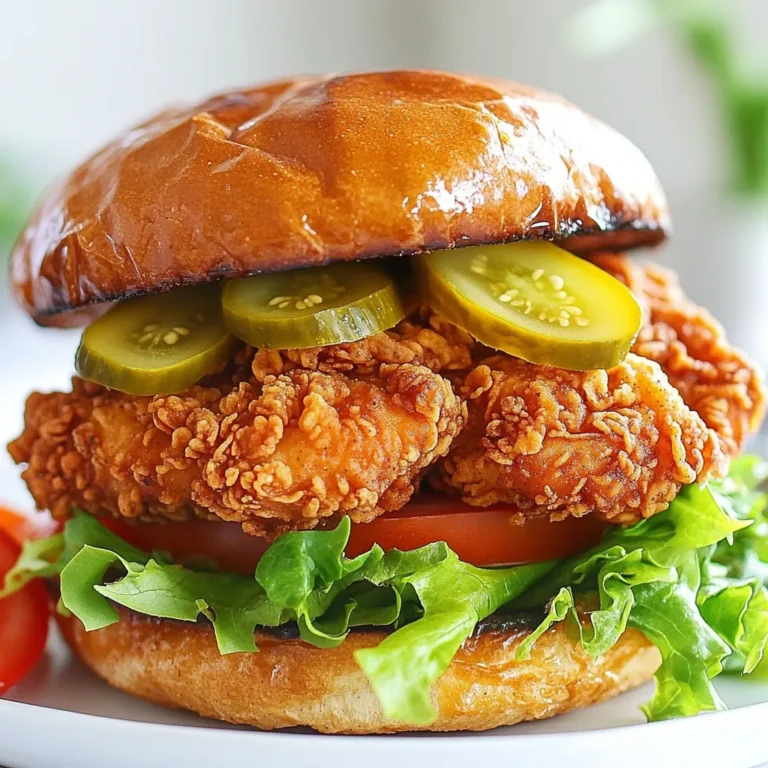 To create the perfect Jalapeño Honey Fried Chicken Sandwich, you need fresh and high-quality ingredients. Each element plays a key role in building flavor and texture. - 2 large chicken thighs, boneless and skinless - 1 cup buttermilk - 1 cup all-purpose flour - 1 teaspoon paprika - 1 teaspoon garlic powder - 1 teaspoon onion powder - 1 teaspoon salt - ½ teaspoon black pepper - ½ teaspoon cayenne pepper (adjust for spice) - Vegetable oil, for frying - 2 tablespoons honey - 2 tablespoons finely chopped fresh jalapeños (remove seeds for less heat) - 4 brioche buns - Leafy lettuce (like Romaine or Butter) - Sliced tomatoes - Sliced pickles Each ingredient adds layers of flavor. The chicken thighs soak in buttermilk, making them juicy and tender. The seasoned flour creates a crispy crust. Jalapeño honey gives a sweet and spicy kick that ties everything together. For the buns, brioche adds a soft, slightly sweet touch that complements the spicy chicken. Fresh toppings like lettuce and tomatoes add crunch and balance the flavors. Choosing high-quality ingredients ensures a great taste. When you source fresh produce and good meat, your sandwich will shine. {{ingredient_image_2}} How long should you marinate? Marinate the chicken thighs in buttermilk for at least one hour. You can marinate longer for more flavor. Buttermilk makes the chicken tender and juicy. It helps the spices stick better too. First, mix the seasoned flour. In a bowl, combine all-purpose flour, paprika, garlic powder, onion powder, salt, black pepper, and cayenne pepper. This mix adds flavor and a nice crunch. Next, coat the chicken well. After marinating, let the excess buttermilk drip off. Dredge each piece in the flour mix. Press firmly for an even coating, then shake off any extra flour. For frying, use vegetable oil and heat it to 350°F (175°C). A cooking thermometer helps with this. If the oil is too cool, the chicken will soak up oil. If it's too hot, the coating burns. Fry the chicken in batches to keep the oil temperature steady. Cook each piece for about 5-7 minutes on one side. Flip when golden brown, then cook until the internal temperature reaches 165°F (75°C). Drain the fried chicken on a paper towel-lined plate. Start by toasting the brioche buns. This gives a nice texture. Spread jalapeño honey on the bottom half of each bun. Place the crispy fried chicken on top. Add leafy lettuce, fresh tomato slices, and pickles. Drizzle more jalapeño honey over the chicken. Finally, place the top half of the bun on the sandwich. Enjoy your delicious creation! To fry chicken well, follow these steps: - Use a thermometer: This ensures the oil is at 350°F (175°C). - Fry in batches: Frying too much chicken at once cools the oil. - Avoid flipping too soon: Let the chicken fry until golden brown before turning it. Maintaining the right oil temperature is key. If it's too cool, the chicken gets greasy. If too hot, it burns before cooking through. Always check the temp with a thermometer for best results. To create that sweet and spicy jalapeño honey, you need a good balance. - Start with 2 tablespoons of honey. - Add 2 tablespoons of finely chopped jalapeños. Mix well to blend the flavors. If you want more heat, add more jalapeños! For storage, keep the honey in a sealed jar. It stays fresh in the fridge for up to two weeks. Use it later to spice up other dishes or sandwiches. Serve your sandwiches with tasty sides. Here are a few ideas: - Crispy fries: They pair well with the sandwich's crunch. - Coleslaw: This adds a nice, cool contrast to the heat. - Pickle chips: They enhance the flavors with their tanginess. For presentation, stack the sandwich high. Use a skewer to hold it together. Serve with extra jalapeño honey on the side for dipping. This adds a fun touch for your guests! Pro Tips Marinate for Maximum Flavor: Allow the chicken to marinate in buttermilk overnight for the best tenderness and flavor absorption. Temperature Control: Ensure your oil reaches the right temperature (350°F) for frying to achieve a crispy exterior without overcooking the chicken. Customize Your Heat: Adjust the amount of cayenne pepper in the coating or jalapeños in the honey to suit your spice preference. Toast the Buns: Toasting the brioche buns adds texture and prevents them from getting soggy from the honey and chicken juices. {{image_4}} To change the spice level of your jalapeño honey fried chicken sandwich, you can modify the amount of jalapeños you use. If you prefer less heat, remove the seeds from the jalapeños. You can also pick milder peppers, like banana peppers or poblano peppers. For more heat, add extra jalapeños or even try serrano peppers. Alternative spicy ingredients include hot sauce or spicy mustard. These can bring a different depth of heat while adding a tangy flavor. Feel free to experiment with your spice choices! If you need gluten-free options, use gluten-free flour for the breading. Almond flour or chickpea flour also works well. You can still achieve that crunchy coating. For proteins, chicken thighs are great, but try turkey or tofu for a change. Turkey thighs can give a similar taste, while tofu offers a plant-based option. Just ensure to marinate them well for flavor. You can enhance your sandwich with various toppings. Consider adding avocado slices, crispy bacon, or jalapeño slices for bite. Cheese like pepper jack or cheddar can also add creaminess. For sauce alternatives, try ranch dressing or aioli. These can provide added moisture and flavor. A drizzle of barbecue sauce could also work well for a smoky twist. To keep your fried chicken crispy, store the sandwiches in an airtight container. Avoid stacking them, as this can make the bread soggy. Use parchment paper between layers to help. You can store leftovers in the fridge for up to three days. For reheating, I recommend using the oven. Preheat the oven to 375°F (190°C). Place the sandwich on a baking sheet. Heat for about 10-15 minutes until warm and crispy. If you use the microwave, the sandwich may become soft. If you choose this method, heat it in short bursts. Check it often to avoid overcooking. A Jalapeño Honey Fried Chicken Sandwich is a tasty meal. It features crispy fried chicken thighs. The chicken is juicy and flavorful, marinated in buttermilk. You coat it in a mix of spices and fry it to golden perfection. The sandwich gets a sweet and spicy kick from jalapeño honey. This honey adds depth and a touch of heat. You can also add fresh toppings like lettuce, tomatoes, and pickles. Yes, you can make parts in advance. Marinate the chicken in buttermilk overnight for best flavor. Fry the chicken just before serving for freshness. You can also prepare the jalapeño honey early. Keep it stored in a sealed container in the fridge. Assemble the sandwich right before eating to keep the bread crispy. Many sides go well with this sandwich. Consider crispy fries or potato wedges for crunch. A fresh coleslaw adds a nice cool contrast. You can also serve corn on the cob for a sweet touch. Pickles on the side can complement the flavors nicely. To adjust the spice level, use fewer jalapeños in the honey. You can remove the seeds for less heat. If you love spice, add more jalapeños or use spicy honey. You can also try a different hot sauce for added kick. In this post, we explored how to make a Jalapeño Honey Fried Chicken Sandwich. We covered the best ingredients, from tender chicken thighs to brioche buns. You learned the steps for marinating, coating, frying, and assembling the sandwich. Plus, I shared tips to keep your chicken crispy and ideas for variations. Remember, this sandwich can be customized to fit your taste. Enjoy preparing and sharing this meal with friends and family!