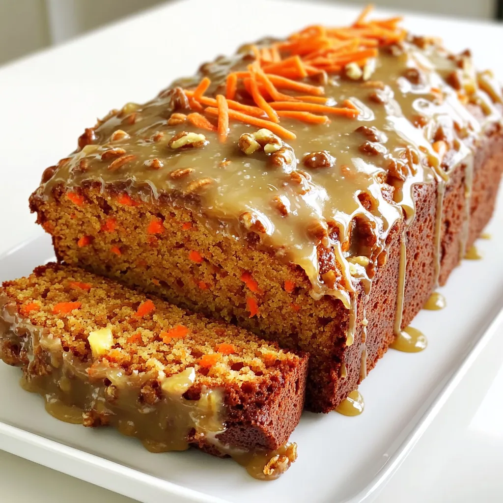 - 2 cups all-purpose flour - 1 teaspoon baking powder - 1 teaspoon baking soda - 1 teaspoon ground cinnamon - ½ teaspoon ground nutmeg - ½ teaspoon salt - 1 cup granulated sugar - ½ cup packed brown sugar - 1 cup vegetable oil - 4 large eggs - 3 cups grated carrots (about 4 medium carrots) - 1 cup crushed pineapple, well-drained - ½ cup chopped walnuts (optional) - ½ cup raisins (optional) - ½ cup maple syrup (for glaze) - 2 tablespoons unsalted butter - 1 cup powdered sugar You can swap some ingredients if needed. - Use coconut oil instead of vegetable oil for a hint of coconut flavor. - Replace granulated sugar with coconut sugar for a deeper taste. - If you don't have crushed pineapple, use applesauce for moisture. - For nuts, sunflower seeds work as a nut-free option. Carrots are the star here. They add moisture and sweetness. Grating them finely helps them blend well. Pineapple gives a nice touch of juiciness. The maple syrup adds rich flavor to the glaze. You can adjust the sweetness by changing the amount of sugar. Always use fresh ingredients for the best taste. Start by preheating your oven to 350°F (175°C). This step is key for even baking. Next, grab a standard loaf pan, which should be 9x5 inches. Grease and flour the pan well. You can also line it with parchment paper. This makes it easy to remove the loaf later. In a large mixing bowl, add the all-purpose flour, baking powder, baking soda, ground cinnamon, ground nutmeg, and salt. Use a whisk to mix everything together well. This step makes sure your dry ingredients are fully blended. It helps the loaf rise nicely when baking. In another bowl, combine the granulated sugar, brown sugar, and vegetable oil. Beat this mixture on medium speed until it looks creamy. This should take about two minutes. Next, add in the eggs one at a time. Mix well after each egg. This ensures each egg gets fully mixed in. Gently fold the grated carrots and crushed pineapple into the egg and sugar mix. Make sure they are evenly spread throughout the batter. Next, slowly add the dry mixture to the wet mixture. Mix gently until just combined. If you want to add walnuts or raisins, now is the time. Fold them in carefully. Pour the batter into your prepared loaf pan. Use a spatula to smooth the top. Place the pan in the oven and bake for 55-60 minutes. To check if it’s done, insert a toothpick into the center. If it comes out clean, the loaf is ready. While it bakes, prepare the maple glaze. Melt butter in a small saucepan over low heat. Add maple syrup and stir until mixed. Gradually whisk in powdered sugar until the glaze is smooth. Once the cake cools for 10 minutes, turn it out onto a wire rack. Drizzle the glaze over the top, letting it soak in. Let the glaze set for about 15 minutes before slicing. Enjoy every bite of this delicious treat! To achieve a soft and moist carrot cake loaf, use fresh, finely grated carrots. They blend well into the batter. Make sure to measure the flour correctly. Too much flour can make the loaf dry. Mix the batter gently. Overmixing can lead to a tough texture. For a smooth glaze, melt the butter over low heat. This helps it mix well with the maple syrup. Gradually whisk in the powdered sugar. This keeps the glaze lump-free. Drizzle the glaze over the cooled loaf. Let it soak in for extra flavor. You can add more glaze if you want a sweeter taste. If your loaf sinks in the middle, it may be underbaked. Always check with a toothpick. If it comes out wet, bake longer. If the top burns, cover it with foil while baking. This keeps the loaf moist without overbaking the top. If your glaze is too thin, add more powdered sugar. If it’s too thick, add a little more maple syrup. {{image_4}} You can make this cake nut-free easily. Just leave out the walnuts. For a dairy-free loaf, swap the butter in the glaze for coconut oil or a dairy-free butter. Use almond milk, soy milk, or oat milk in your recipe, but make sure to keep the other ingredients the same. To boost flavors in your loaf, add spices like ginger or allspice. You can also mix in zest from an orange or lemon. This adds a fresh taste. If you want more fruit, try dried cranberries or chopped apples for a twist. Both give a nice texture and sweetness. If you want a different glaze, try cream cheese frosting. Just mix 8 oz of cream cheese with 1 cup of powdered sugar and 1 tsp of vanilla. For a fruity glaze, blend some pureed strawberries or peaches with powdered sugar. This adds a fun color and taste to your loaf. To keep your Maple Glazed Carrot Cake Loaf fresh, store it in an airtight container. If you plan to eat it later, put it in the fridge. Wrap it well to avoid drying out. You can also freeze the loaf. Slice it for easy serving. Wrap each slice in plastic wrap, then place them in a freezer bag. This way, you can enjoy a piece anytime! When you want to enjoy your loaf again, reheating is easy. For a quick option, use the microwave. Place a slice on a plate and heat for about 15-20 seconds. If you prefer a warm crust, use the oven. Preheat the oven to 350°F (175°C). Wrap the loaf in foil and heat for about 10-15 minutes. This will keep it moist and tasty. Your Maple Glazed Carrot Cake Loaf can last about 5 days in the fridge. If you freeze it, it can last up to 3 months. Check for spoilage before eating. Signs include a dry texture, off smell, or mold. If you notice any of these, it’s best to toss it. Enjoy your delicious treat while it’s fresh! Yes, you can make this loaf ahead of time. Once it cools, wrap it tightly in plastic wrap. Store it at room temperature for up to three days. For longer storage, freeze the loaf. Just slice it first. Wrap each slice well before freezing. This way, you can enjoy a slice whenever you want. You can tell the carrot cake is done when a toothpick comes out clean. Insert it into the center of the loaf. If it has wet batter on it, bake a little longer. Keep an eye on the loaf. Each oven is different, so times may vary. A golden-brown top is also a good sign. You can use cream cheese frosting for a rich taste. A sprinkle of powdered sugar can add sweetness. Chopped nuts on top give a nice crunch. You can also add shredded coconut for a tropical twist. Fresh fruit like berries can brighten your loaf too. Yes, you can use different types of flour. Whole wheat flour adds a nutty flavor. Almond flour is a gluten-free option. Just note that using a different flour may change the texture. You may need to adjust the liquid ingredients as well. Always keep an eye on how the batter feels. This blog explores carrot cake loaf, from key ingredients to baking tips. You learned about ingredient substitutions, different variations, and how to store your cake. Follow the steps for a moist cake with great texture. Remember to troubleshoot any issues for the perfect bake. Enjoy experimenting with flavors and glazes. Now, you have all the tools to create a delicious loaf, share with friends, or keep for yourself! Happy baking!