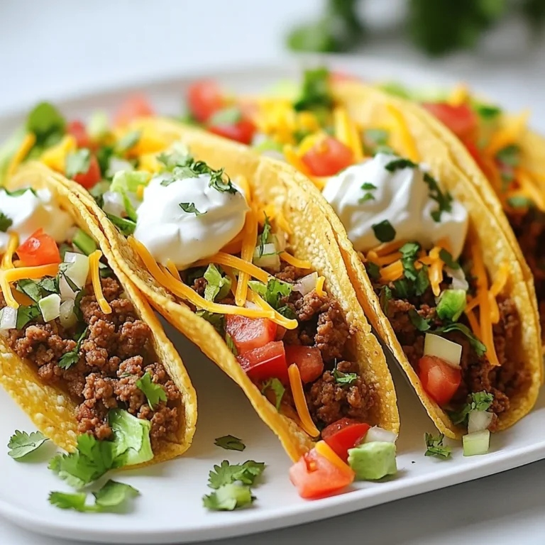 - 1 pound ground beef - 1 tablespoon olive oil - 1 small onion, finely chopped - 2 cloves garlic, minced - 1 tablespoon chili powder - 1 teaspoon ground cumin - 1 teaspoon smoked paprika - ½ teaspoon salt - ½ teaspoon freshly ground black pepper - 1 cup beef broth - 8 taco shells The base of your tacos is the ground beef. This gives it that hearty flavor. The spices elevate the taste. Chili powder adds warmth. Cumin brings earthiness. Smoked paprika adds depth. The onion and garlic enhance the overall aroma and flavor. - 1 cup shredded romaine lettuce - 1 cup ripe tomatoes, diced - 1 cup sharp cheddar cheese, shredded - ½ cup sour cream - Fresh cilantro leaves - Lime wedges Toppings make your tacos shine! Crisp lettuce and juicy tomatoes add freshness. Shredded cheese adds creaminess. Sour cream brings a cool contrast. Fresh cilantro brightens every bite. Lime wedges add a zesty kick. - Hard taco shells - Soft tortillas You can choose between hard taco shells or soft tortillas. Hard shells give a crunch. Soft tortillas offer a chewy texture. Tips on warming and preparing taco shells: For hard shells, follow the package instructions. For soft tortillas, warm them in a skillet. This makes them pliable and ready for filling. {{ingredient_image_2}} Start by heating 1 tablespoon of olive oil in a large skillet over medium heat. Add 1 small onion, finely chopped. Sauté the onion for about 3-4 minutes. You want it soft and translucent. Then, add 2 cloves of minced garlic. Cook it for another minute until you smell that great aroma. Next, add 1 pound of ground beef to the skillet. Use a wooden spoon to break it apart. Cook for 5-7 minutes. Stir it often until the beef is browned and no longer pink. If there's extra fat, drain it carefully. Now, it’s time to add flavor! Stir in 1 tablespoon of chili powder, 1 teaspoon of ground cumin, 1 teaspoon of smoked paprika, ½ teaspoon of salt, and ½ teaspoon of freshly ground black pepper. Mix it well, so the spices coat the beef evenly. Pour in 1 cup of beef broth. Bring the mixture to a gentle simmer. Cook it uncovered for about 5-10 minutes. Stir occasionally until the filling thickens. This makes a rich and tasty beef mixture. While the beef simmers, prepare your taco shells. If you have hard taco shells, follow the package instructions to warm them. For soft shells, heat them in a skillet or on a grill until warm and pliable. Once the beef filling is ready, remove it from the heat. Begin assembling your tacos. Take a taco shell and add a generous scoop of the beef mixture. Now, crown your beef with a handful of shredded romaine lettuce. Next, sprinkle a generous amount of diced tomatoes and sharp cheddar cheese on top. Finally, add a dollop of creamy sour cream. Don’t forget some fresh cilantro leaves to finish. Enjoy the vibrant colors and flavors! To get the best taste, adjust your seasoning. If you like heat, add more chili powder. For a smoky flavor, increase the smoked paprika. Always use fresh ingredients. Fresh herbs and vegetables boost flavor. They make your tacos taste vibrant and alive. When cooking ground beef, use medium heat. This keeps the meat moist and tender. Break up the beef well as it cooks. Stir it often to avoid overcooking. Keep an eye on the color. Brown beef cooks fast, and you want it just right. Make your tacos look fun and colorful. Use a bright platter to arrange them. Add lime wedges for a fresh touch. You can also sprinkle fresh cilantro on top. For sides, consider serving chips and salsa or a light salad. These pair nicely with tacos and make your meal complete. Pro Tips Use Fresh Ingredients: Always opt for fresh vegetables and herbs to enhance the flavor and nutrition of your tacos. Customize Your Spice Level: Adjust the amount of chili powder based on your spice preference; you can also add diced jalapeños for an extra kick. Preheat Your Taco Shells: Warming your taco shells before filling them helps maintain their crispness and adds a delightful texture. Experiment with Toppings: Don’t hesitate to mix and match toppings like avocado, salsa, or pickled onions for a unique flavor profile. {{image_4}} You can easily swap ground beef for other proteins. Ground turkey or chicken works great. These choices are leaner but still tasty. Just follow the same cooking steps. If you want a vegetarian option, try using beans or lentils. Black beans or pinto beans add protein and flavor. Lentils are also a healthy choice and cook quickly. Changing the spices can bring new life to your tacos. Try adding a pinch of cayenne for heat or a dash of oregano for depth. You can also explore different sauces, like salsa or hot sauce, to enhance flavor. Regional styles can inspire you too. For instance, Tex-Mex tacos often use different cheeses and toppings. Authentic Mexican tacos might focus more on fresh ingredients and less on cheese. Toppings make your tacos unique. Classic toppings include shredded lettuce, diced tomatoes, and cheese. Sour cream adds creaminess, while fresh herbs like cilantro brighten the dish. You can also make your tacos spicy or mild. For heat, add sliced jalapeños or a drizzle of hot sauce. If you prefer milder flavors, skip those spicy additions. Enjoy personalizing your tacos with these fun variations! After enjoying your tacos, store the beef mixture in an airtight container. This keeps it fresh for up to three days. For taco shells, store hard shells in their original packaging. Soft shells should go in a resealable bag. This helps to retain their texture. If you want them crispy, keep them separate from the beef. This way, they won’t get soggy. To reheat the beef, warm it in a skillet over low heat. Stir occasionally to heat evenly. You can also microwave it in a bowl for quick warmth. For taco shells, warm hard shells in the oven. Place them on a baking sheet at 350°F for about 5 minutes. Soft shells can be heated in a dry skillet for about 30 seconds on each side. This helps keep flavors and textures intact. If you have leftover beef, you can freeze it. Let the mixture cool completely, then place it in a freezer-safe bag. Squeeze out as much air as possible before sealing. This helps prevent freezer burn. When you’re ready to use it, thaw the beef in the fridge overnight. You can reheat it after thawing. Use within three months for the best taste. To add spice, you can mix in diced jalapeños or hot sauce. Consider using more chili powder or a dash of cayenne pepper. You can also try a spicy salsa as a topping. If you want extra heat, add crushed red pepper flakes while cooking the beef. This gives the tacos a nice kick without too much hassle. Yes, you can make the beef filling ahead of time. Cook the beef mixture and let it cool. Store it in an airtight container in the fridge for up to three days. You can also freeze it for up to three months. Just thaw in the fridge before reheating. This makes taco night easier and quicker! Classic toppings include shredded lettuce, diced tomatoes, and cheddar cheese. Sour cream adds creaminess. Fresh cilantro brightens the flavor. For a unique twist, try sliced avocado or pickled red onions. You can also use pineapple salsa for a sweet kick. The choice of toppings can change your taco experience! You can now make tasty ground beef tacos at home. The blog post guided you through key ingredients, step-by-step cooking, and optional toppings. Using fresh herbs and spices can boost flavor. Remember, get creative with your taco fillings and toppings to customize each bite. Whether you choose hard shells or soft tortillas, fresh ingredients make the biggest difference. Enjoy making your delicious tacos, and share them with friends and family for a fun meal!