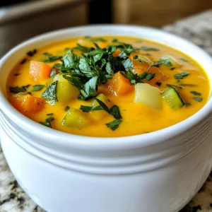 - 2 tablespoons of extra virgin olive oil - 1 medium onion, finely chopped - 2 cloves of fresh garlic, minced - 2 medium carrots, diced into small pieces - 2 celery stalks, diced - 1 medium potato, peeled and diced - 1 cup of fresh green beans, trimmed and chopped - 1 medium zucchini, diced - 4 cups of rich vegetable broth - 1 cup of creamy coconut milk - 1 teaspoon of dried thyme - 1 teaspoon of dried basil - Salt and freshly ground pepper, to taste - Fresh parsley, chopped, for garnish Gathering the right ingredients is key to making a great creamy vegetable soup. I love using fresh, vibrant vegetables for the best flavor. Start with olive oil. It adds a rich base and helps cook the onion and garlic. Next, chop up an onion and mince some garlic. These two ingredients bring warmth and depth to the soup. Carrots and celery add sweetness and crunch. A diced potato helps thicken the soup and gives it body. Fresh green beans and zucchini add color and texture. They also make the soup more filling. Use a good vegetable broth to create a rich, savory base. The coconut milk gives the soup its creamy texture without dairy. Don't forget the seasonings! Thyme and basil bring out the flavors of the vegetables. Add salt and pepper to taste. Finally, fresh parsley makes a lovely garnish. It adds a pop of color and freshness. With these ingredients, you are ready to create a hearty and nourishing creamy vegetable soup! {{ingredient_image_2}} 1. Heat 2 tablespoons of extra virgin olive oil in a large pot over medium heat. 2. When the oil shimmers, add 1 medium onion, finely chopped. Stir often for 5 minutes. The onion should turn translucent. 3. Add 2 cloves of minced garlic to the pot. Sauté for 1-2 minutes until the garlic smells nice. Avoid burning it. 4. Next, add 2 medium diced carrots and 2 diced celery stalks. Cook for 5 minutes, stirring often. This helps soften the veggies. 1. Add 1 medium peeled and diced potato, 1 cup of chopped green beans, and 1 diced zucchini. 2. Pour in 4 cups of rich vegetable broth. Stir well to mix all the ingredients. 3. Turn up the heat to bring the pot to a boil. Once it boils, reduce the heat to low. 4. Let the soup simmer uncovered for about 20 minutes. Check for tenderness; all veggies should be soft. 5. After 20 minutes, stir in 1 cup of creamy coconut milk, 1 teaspoon of dried thyme, and 1 teaspoon of dried basil. 6. Simmer for another 5 minutes. This helps all the flavors blend nicely. 1. For a creamy texture, blend the soup using an immersion blender until smooth. 2. If you use a traditional blender, pour the soup in batches. Be careful with hot liquid! 3. Season with salt and freshly ground pepper to taste. Stir well for even seasoning. 4. Serve hot in bowls, garnished with fresh chopped parsley for a pretty look. Consider adding a drizzle of coconut milk on top for extra flair. To make a great soup, start with sautéing your onion. Heat olive oil over medium heat in your pot. Add the finely chopped onion and stir it for about 5 minutes. You want it to get soft and clear, not brown. Next, add your minced garlic. This step is key. Cook it for 1 to 2 minutes, just until it smells good. If you cook it too long, it will burn and taste bitter. Now, add your diced carrots and celery. Cook these for about 5 minutes. Stir often to help them soften. After that, toss in the diced potato, green beans, and zucchini. Pour in the vegetable broth, and mix everything well. Bring this to a boil and then let it simmer for 20 minutes. For blending, I love using an immersion blender. It’s easy and keeps the soup in the pot. Blend until it’s nice and smooth. If you use a traditional blender, be careful. Hot soup can splash. Blend in small batches to keep things safe. To get a smooth texture, let the soup cool a bit before pouring. This way, it won't steam up the lid. Remember to blend it well. No one likes chunky soup unless that's your style! Now, let’s talk seasoning. After blending, taste your soup. Add salt and freshly ground pepper as needed. Start with a little, and keep adjusting until it’s just right. For extra flavor, use dried thyme and basil. They bring a warm taste that makes the soup feel cozy. You can also add fresh herbs like parsley when serving. This will brighten up the dish and make it look pretty! Pro Tips Fresh Ingredients: Always use the freshest vegetables available for the best flavor and texture in your soup. Texture Control: If you prefer a chunkier soup, blend only half of the mixture and leave the rest as is for a delightful contrast. Herb Variations: Feel free to experiment with other herbs like oregano or rosemary to customize the flavor profile to your liking. Make Ahead: This soup can be made in advance and stored in the fridge for up to 3 days, making it perfect for meal prep. {{image_4}} You can change the vegetables in this soup based on the season. Try using squash in fall or peas in spring. Fresh vegetables have the best flavor. If you don't have fresh ones, frozen veggies work too. They are picked at peak ripeness and can be just as tasty. Just add them to the pot without thawing. Coconut milk adds great creaminess. If you want a non-dairy option, use almond milk or cashew cream. For a richer taste, try heavy cream or sour cream. Each option gives a unique flavor, so pick what you love most. Spices and herbs can make this soup special. Add curry powder for warmth or dill for a fresh taste. You can also mix in proteins like chickpeas or lentils. They add heartiness and extra nutrition. Feel free to experiment with your favorite flavors! To store your creamy vegetable soup, let it cool first. Then, transfer it to an airtight container. This keeps the soup fresh and prevents odors from other foods. Store it in the fridge for up to 3 days. If you want to keep it longer, consider freezing. To freeze, use freezer-safe containers or bags. Leave some space at the top for expansion. This soup can last up to 3 months in the freezer. When you’re ready to enjoy leftovers, you have a few options. You can reheat on the stove over medium heat. Stir frequently to avoid sticking. Another option is to use the microwave. Place the soup in a microwave-safe bowl and cover it loosely. Heat in short bursts, stirring in between. This helps to keep the flavor and texture intact. Always check the temperature before serving to ensure it's hot throughout. In the fridge, your creamy vegetable soup lasts about 3 days. After that, it may start to lose quality. Watch for signs of spoilage. If the soup smells off, looks discolored, or has an unusual texture, it's best to discard it. Freezing extends its life to 3 months, but be mindful of freezer burn. Always label your containers with the date to keep track of freshness. Can I make this soup ahead of time? Yes, you can make this soup ahead of time. It stores well in the fridge. Just let it cool before placing it in a container. You can keep it for up to three days. When you are ready to eat, just reheat it on the stove. What are the best vegetables for this soup? The best vegetables for this soup are those you enjoy. I love using onion, carrots, celery, and zucchini. You can also add bell peppers, spinach, or peas. Feel free to mix and match based on what you have. Fresh or frozen vegetables work great too! Is creamy vegetable soup healthy? Yes, creamy vegetable soup can be very healthy. It is packed with vitamins and minerals from the vegetables. Coconut milk adds healthy fats. This soup is also low in calories if you control the portion size. How can I reduce calories in this recipe? To reduce calories, use less coconut milk or a lower-fat version. You can also add more vegetables and less broth. This will keep the soup light. Another tip is to skip the oil and sauté vegetables in water or broth. What to serve with vegetable soup? I love serving this soup with crusty bread. A simple side salad is also a great choice. You could add cheese or crackers for extra flavor. Pairing with a sandwich can make it a full meal. Can I use this recipe for meal prepping? Yes, this recipe is perfect for meal prepping. You can make a large batch and divide it into portions. Store them in airtight containers. This way, you have quick and healthy meals ready to go! This blog post detailed how to make a creamy vegetable soup. We explored key ingredients like olive oil, fresh veggies, and coconut milk. I shared steps to prepare, cook, and blend for creaminess. We also covered tips for perfecting your soup and variations to try. Finally, I included helpful storage and reheating advice. Soup can be a simple and healthy meal. Adjust it to fit your taste. Enjoy creating and sharing your own version!