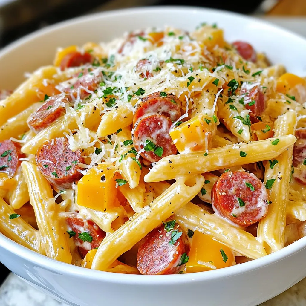- 8 ounces pasta (penne or your choice) - 1 tablespoon olive oil - 1 medium onion, diced - 2 cloves garlic, minced - 12 ounces kielbasa, sliced into half-moons - 1 cup bell peppers, diced (preferably a mix of red, yellow, and green for color) - 1 cup heavy cream - 1 cup chicken broth (low-sodium recommended) - 1 teaspoon Italian seasoning (dried or fresh) - Salt and black pepper to taste - ½ cup freshly grated Parmesan cheese - Fresh parsley, chopped (for garnish) The main star is the kielbasa. This sausage gives a smoky flavor to the dish. I love using a mix of bell peppers. They add color and sweetness. Heavy cream makes the sauce rich and smooth. It blends well with chicken broth for a balanced taste. Onion and garlic bring out the savory notes. Italian seasoning ties it all together with aromatic herbs. Parmesan cheese adds a salty kick and creaminess to the sauce. If you can't find kielbasa, try using smoked sausage or chorizo. For a lighter dish, swap heavy cream with half-and-half or Greek yogurt. You can use vegetable broth instead of chicken broth for a vegetarian option. If you want a healthier pasta, whole wheat or gluten-free pasta works too. Don't have bell peppers? Use zucchini or spinach for a fresh twist. {{ingredient_image_2}} 1. Cook the Pasta: Start by boiling a large pot of salted water. Add 8 ounces of pasta and cook it until al dente. After cooking, drain the pasta and set it aside. Remember to keep ½ cup of the pasta water. 2. Sauté the Aromatics: In a large skillet, heat 1 tablespoon of olive oil over medium heat. Add 1 diced onion and sauté for about 3-4 minutes until it’s soft and translucent. 3. Add Garlic: Next, add 2 minced garlic cloves to the skillet. Stir for about a minute to let the garlic release its aroma. Be careful not to burn it. 4. Brown the Kielbasa: Add 12 ounces of sliced kielbasa to the skillet. Cook for 5-6 minutes until the kielbasa is brown and its flavors are released. 5. Incorporate Bell Peppers: Stir in 1 cup of diced bell peppers. Cook for another 3-4 minutes to let them soften and blend with the other ingredients. 6. Create the Creamy Sauce: Pour in 1 cup of heavy cream and 1 cup of low-sodium chicken broth. Add 1 teaspoon of Italian seasoning and mix well. Let it simmer for about 5 minutes to thicken. 7. Combine Pasta and Sauce: Season the sauce with salt and black pepper to taste. Gradually add the cooked pasta and the reserved pasta water, stirring until everything is coated with the sauce. 8. Add Cheese: Sprinkle ½ cup of grated Parmesan cheese over the pasta. Stir gently until the cheese melts and combines with the sauce. 9. Serve with Flair: Plate the pasta and garnish with fresh parsley. Serve it in a large bowl or on individual plates. - Sautéing: This step helps release flavors from the onion and garlic. Use medium heat to avoid burning. - Simmering: Letting the sauce simmer allows it to thicken and flavors to mix. Keep an eye on it to prevent boiling. - Coating: When combining the pasta and sauce, stir gently to ensure even coverage. - Overcooking the Pasta: Make sure to follow package instructions. Overcooked pasta becomes mushy. - Burning Garlic: Garlic cooks quickly. Stir it in for a minute and remove it from heat before it turns dark. - Not Reserving Pasta Water: This starchy water helps the sauce stick to the pasta better. Always save some! To make the best creamy sauce, start with the right heat. Use medium heat to avoid burning garlic. This keeps the flavors bright. Always add the cream slowly. This helps it mix well with the broth. Stir often to keep the sauce smooth. If the sauce seems thick, add a bit of the reserved pasta water. This will help reach your desired consistency. Want to boost the flavor? Add fresh herbs like basil or thyme. These herbs add a lovely touch. You can also add a pinch of red pepper flakes for some heat. If you enjoy a bit of tang, squeeze fresh lemon juice over the dish before serving. This brightens up the flavors. Serve your creamy kielbasa pasta in a shallow bowl. This makes it look great and easy to eat. Top each serving with extra Parmesan and parsley. For a complete meal, pair it with crusty garlic bread. A fresh side salad also works well. Enjoy your meal with a light white wine, like Pinot Grigio, for a perfect match! Pro Tips Use Starchy Pasta Water: Reserve some pasta cooking water to adjust the sauce's consistency. This starchy water helps the sauce cling better to the pasta. Customize Your Veggies: Feel free to add other vegetables like spinach, mushrooms, or zucchini for extra flavor and nutrition. Just sauté them alongside the bell peppers. Choose Quality Kielbasa: Opt for high-quality kielbasa for the best flavor. Smoked varieties add a wonderful depth to the dish. Garnish Generously: Don't skip the parsley! It adds a beautiful pop of color and freshness that enhances the overall presentation and flavor. {{image_4}} You can switch up the pasta for this dish. While penne works great, you can try other shapes. Fusilli, rotini, or even bowtie pasta can add fun twists. Each type holds the creamy sauce well. Just choose what you like best. Cooking times may vary, so check the package for details. If you want a different protein, chicken or shrimp are tasty options. For chicken, use diced breast or thighs. Cook it until golden before adding the garlic. For shrimp, toss them in after the garlic. They need just a few minutes to cook. Both choices will keep the dish flavorful and filling. To make a vegetarian version, skip the kielbasa. Instead, add hearty veggies like mushrooms or zucchini. These will soak up the sauce and add texture. You can also use plant-based sausage for a similar taste. This way, everyone can enjoy a creamy pasta dish! To keep leftover creamy kielbasa pasta fresh, store it in an airtight container. Make sure the pasta cools down first. This will help prevent moisture buildup. Place the container in the fridge. The pasta will last for about 3 to 4 days. Label the container with the date to track freshness. When you're ready to enjoy your leftovers, reheat the pasta on the stove. Add a splash of chicken broth or cream to keep it creamy. Heat over medium-low heat, stirring often. You can also use the microwave. Place the pasta in a microwave-safe bowl, cover it, and heat in intervals of 1 minute. Stir in between to ensure even heating. You can freeze creamy kielbasa pasta for later. Use a freezer-safe container and portion it out for convenience. Be sure to leave some space at the top, as the pasta may expand. It can last for up to 2 months in the freezer. To reheat, thaw overnight in the fridge, then follow the reheating instructions. You can use other types of sausage like smoked sausage or andouille sausage. Chicken or turkey sausage works well, too. For a vegetarian option, try plant-based sausages. They give a similar flavor and texture. Yes, you can! Simply swap regular pasta for gluten-free pasta. There are many good options, like rice or chickpea pasta. Just make sure to check the package for cooking times, as they can vary. If your sauce is too thin, you can add more cheese. A bit of grated Parmesan helps. You can also mix a tablespoon of cornstarch with water and stir it in. Let it cook for a few minutes to thicken. Creamy kielbasa pasta lasts about 3 to 4 days in the fridge. Store it in an airtight container. Make sure it cools down before sealing to keep it fresh. This blog post gave you all the tools to make creamy kielbasa pasta. We covered ingredients, cooking methods, and helpful tips. With the right ingredients and techniques, you can create a delicious dish every time. Remember, don’t skip the recommendations and storage tips to keep your meals fresh. Try different pasta types and protein options for variety. Enjoy sharing this dish with friends and family. Embrace the process and enjoy your cooking adventures!