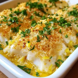 - 4 cod fillets (approximately 6 oz each) - 1 cup soft breadcrumbs (preferably freshly made for the best texture) - 1/4 cup finely grated Parmesan cheese - 2 tablespoons unsalted butter, melted for richness - 2 tablespoons extra virgin olive oil for flavor - Zest and juice of 1 fresh lemon, to brighten the dish - 2 cloves garlic, minced for aromatic depth - 1 teaspoon dried thyme, or 1 tablespoon fresh thyme if available - 1 teaspoon paprika for a hint of smokiness - Salt and freshly ground black pepper, to taste - Fresh parsley, chopped, for a vibrant garnish When I cook Boston baked cod, I choose fresh ingredients. The cod fillets should be firm and bright. Fresh breadcrumbs deliver a texture that makes a big difference. I like to use freshly grated Parmesan for the best flavor. Lemon adds a bright touch. I use both the zest and juice to really elevate the dish. Garlic brings in a wonderful aroma. Thyme adds a lovely earthiness. A dash of paprika gives it a nice smoky flavor. I also ensure I have butter and olive oil on hand. Butter adds richness, while olive oil adds depth. Finally, I always keep fresh parsley ready. It enhances the dish’s color and freshness when I serve it. This simple list of ingredients creates a dish that is both tasty and beautiful. I love sharing this recipe with friends and family. It's easy to make and perfect for any occasion! {{ingredient_image_2}} First, you need to preheat your oven to 400°F (200°C). This step is key for a great bake. While the oven heats, take a baking dish and grease it lightly. This helps the cod not stick and makes cleaning easier later. Next, grab a medium bowl. In this bowl, combine the following ingredients: - 1 cup soft breadcrumbs - 1/4 cup finely grated Parmesan cheese - 2 tablespoons melted unsalted butter - 2 tablespoons extra virgin olive oil - Zest and juice of 1 fresh lemon - 2 cloves minced garlic - 1 teaspoon dried thyme - 1 teaspoon paprika - Salt and freshly ground black pepper to taste Mix everything well until the breadcrumbs are moist and hold together. You want a texture that is light but not dry. Now it's time to arrange the cod. Place your four cod fillets in the greased dish. Make sure they have space between them for even cooking. Squeeze fresh lemon juice over each fillet, then sprinkle them with salt and pepper. This adds flavor. Next, take your breadcrumb mixture and spoon it over the cod. Press it down gently to form a nice crust. Put the baking dish in the preheated oven. Bake for about 15 to 20 minutes. Your cod is done when it turns opaque and flakes easily with a fork. The breadcrumb topping should be golden brown and crispy. Once baked, let it rest for a few minutes before serving. This helps the flavors settle nicely. When you pick cod, fresh is best. Fresh cod should have a mild scent of the sea. Look for firm, moist fillets. The flesh should be bright white and translucent. If you choose frozen cod, check for no ice crystals. Ice can mean it was thawed and refrozen. Always check the label for quality markers. To spice up your cod, consider adding more herbs. Fresh dill or parsley works great. You can also try a pinch of cayenne for heat. If you love citrus, add more lemon zest. A splash of white wine before baking can add depth too. Don’t shy away from experimenting; your taste buds will thank you! For a crispy crust, use fresh breadcrumbs. They hold moisture better and crisp up nicely. You can toast them lightly in a pan first for added crunch. If you want a twist, try panko breadcrumbs. They are larger and create a lighter texture. Mixing in some crushed nuts can add a delightful crunch as well. Pro Tips Fresh Fish is Best: Always choose the freshest cod available for optimal flavor and texture. Look for clear, bright eyes and firm flesh when selecting your fillets. Breadcrumb Tips: For an even crunchier topping, consider toasting the breadcrumbs lightly in a skillet before mixing with the other ingredients. This adds an extra layer of flavor! Season Generously: Don’t skimp on seasoning the cod fillets. A good pinch of salt and pepper enhances the natural flavors of the fish and complements the breadcrumb topping. Serving Suggestions: Pair your baked cod with a light, citrusy salad or roasted asparagus for a fresh, balanced meal. A drizzle of additional lemon juice just before serving can brighten the dish even more. {{image_4}} You can use other fish in this recipe. Haddock is a great choice. It has a light, flaky texture and mild flavor. Tilapia also works well. It's affordable and easy to find. Both options give a similar taste to cod. You can even try salmon for a richer flavor. Each fish brings its unique twist to this dish. If you need gluten-free options, use gluten-free breadcrumbs. Many brands offer this choice. You can also make your own using gluten-free bread. For lower fat, substitute butter with olive oil. You can use less oil if you like. These swaps keep the dish delicious while fitting your needs. To change the flavor, think about adding capers or sun-dried tomatoes. Capers add a briny taste, while sun-dried tomatoes give a rich sweetness. You can also try different cheeses. Feta or goat cheese can offer a tangy twist. Each addition creates a new taste experience, making your baked cod fun and exciting. To store leftover baked cod, let it cool first. Place the cod in an airtight container. Use parchment paper between layers if stacking. This keeps the fish fresh and prevents sticking. Store in the fridge for up to three days. For best taste, eat it within 24 hours. When reheating, keep the cod moist. You can use the oven or a skillet. To reheat in the oven, set it to 350°F (175°C). Cover the cod with foil to avoid drying out. Heat for about 10 minutes or until warm. If using a skillet, add a splash of water. Cover and heat over medium heat for about 5 minutes. This helps keep the fish tender and juicy. Bake Boston Baked Cod for about 15 to 20 minutes at 400°F (200°C). The fish should become opaque and flake easily with a fork. The topping should be golden brown and crispy. This time ensures that the cod cooks perfectly, keeping it moist and flavorful. Yes, you can use dried herbs instead of fresh. Dried thyme works well, but use less—about one teaspoon. Fresh herbs have more flavor, so adjust the amounts if you switch. Dried herbs can enhance the taste, but fresh gives a brighter note to your dish. Boston Baked Cod is a healthy meal choice. Cod is low in calories and high in protein. The recipe uses olive oil and lemon, which are good for your heart. The dish also includes garlic and fresh herbs, adding flavor without extra calories. This makes it a smart option for many diets. Serve Boston Baked Cod with roasted vegetables for a colorful plate. A fresh green salad pairs nicely too. You can also add rice or quinoa for extra texture. A lemon wedge on the side brightens up the meal, enhancing the fish's flavors. Enjoy your meal! This blog post showed how to prepare delicious Boston Baked Cod. We covered the key ingredients, step-by-step instructions, and helpful tips. You learned about choosing quality cod, enhancing flavor, and making the perfect breadcrumb topping. Remember, you can try different fish or modify for dietary needs. Storing and reheating leftovers was also discussed, ensuring taste and freshness. This dish is easy, tasty, and can impress anyone at the table. Enjoy baking and making this healthy meal a part of your routine.