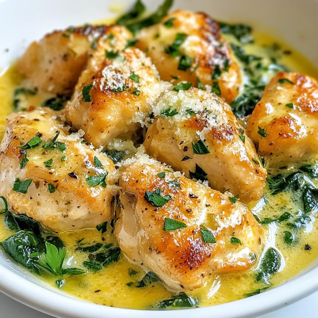- 1 lb chicken breast, cut into bite-sized pieces - 2 tablespoons olive oil - 4 cloves garlic, minced - 1 cup heavy cream To make delicious creamy garlic chicken bites, you start with fresh chicken breast. Cut the chicken into small, even pieces. This helps them cook evenly. Next, use olive oil for sautéing. It adds flavor and keeps the chicken juicy. Garlic is a key player here. It brings a strong, rich taste that pairs perfectly with the cream. Lastly, heavy cream makes this dish creamy and rich. - 1 teaspoon dried Italian herbs - 1/4 cup grated Parmesan cheese - 1 cup fresh spinach leaves, roughly chopped - Salt and pepper, to taste Now, let’s talk about seasonings. Dried Italian herbs give the dish a nice blend of flavors. Parmesan cheese adds a salty, nutty taste and helps thicken the sauce. Spinach is a great add-in. It cooks down quickly and adds nutrition. Always season with salt and pepper to taste. They help enhance all the flavors in your dish. - Fresh parsley, chopped For a bright finish, chop fresh parsley. It adds color and freshness to your creamy garlic chicken bites. This simple garnish makes the dish look more appealing. Plus, it offers a nice contrast to the creamy sauce. {{ingredient_image_2}} To start, heat 2 tablespoons of olive oil in a large skillet over medium heat. Once the oil is hot, add 1 pound of chicken breast cut into bite-sized pieces. Season the chicken well with salt and pepper. Sauté the chicken for 5 to 7 minutes. Look for a golden brown color and check that it’s cooked through. After that, remove the chicken from the skillet and set it aside on a plate. Next, keep the skillet hot but lower the heat to medium-low. Add 4 cloves of minced garlic to the residual oil. Sauté the garlic for about 1 minute. You want it fragrant but be careful not to burn it. Burning garlic can ruin the dish. Gradually pour in 1 cup of heavy cream. Stir to mix it with the garlic. Let the sauce simmer gently for 2 to 3 minutes. This allows the flavors to blend. Now, stir in 1 teaspoon of dried Italian herbs and 1/4 cup of grated Parmesan cheese. Keep stirring until the cheese melts completely. This will thicken the sauce and make it creamy. Now, it’s time to add the fun stuff! Toss in 1 cup of roughly chopped fresh spinach leaves. Cook for about 2 minutes until the spinach wilts and softens. Then, return the sautéed chicken to the skillet. Gently fold the chicken into the creamy sauce. Make sure each piece is coated well. Taste the dish and adjust the seasoning with salt and pepper if needed. Allow everything to cook together for another 2 minutes. This helps the flavors mix well. Serve warm, and enjoy your creamy garlic chicken bites! - Heat Control Tips: Start with medium heat. This helps cook the chicken evenly. If the heat is too high, the outside cooks fast while the inside stays raw. You want golden brown bites, not burnt ones. - Avoiding Garlic Burn: Cook garlic on low heat for just a minute. Keep stirring to release its aroma without burning it. Burnt garlic tastes bitter and ruins the dish. - How to Adjust Thickness: If your sauce is too thin, let it simmer longer. The heavy cream thickens as it cooks. If it's too thick, add a splash of chicken broth or water to loosen it up. - Tips for Rich Flavor: Use fresh garlic for the best taste. Adding a bit more Parmesan cheese amplifies the flavor. You can also try a squeeze of lemon juice for a zing. - Best Sides to Pair With: Serve these bites over fluffy rice or spaghetti. They soak up the creamy sauce well. For a lighter option, a fresh green salad works nicely too. - Presentation Ideas: For a fun twist, use small bowls for appetizers. Add toothpicks for easy eating. Garnish with fresh parsley to add color and freshness. Pro Tips Use Fresh Garlic: Fresh garlic creates a more robust and aromatic flavor compared to pre-minced garlic. Always opt for fresh cloves for the best results. Adjust Creaminess: If you prefer a lighter sauce, you can substitute half of the heavy cream with chicken broth. This will still provide flavor while reducing richness. Perfect Chicken Bites: Cut your chicken into uniform sizes to ensure even cooking. This helps avoid some pieces being overcooked while others are undercooked. Garnish Smartly: For an extra touch, consider adding a sprinkle of red pepper flakes or a squeeze of lemon juice just before serving for a pop of color and added flavor. {{image_4}} You can easily swap chicken for other meats. Try turkey or shrimp for a lighter dish. These swaps add new flavors to your creamy garlic bites. If you want a vegetarian option, use mushrooms or tofu. Both options work well and soak up the sauce nicely. For those avoiding dairy, there are great options too. Use coconut cream or almond milk instead of heavy cream. These choices keep the dish rich while being friendly to lactose-free diets. Spices can elevate the taste of your chicken. Add paprika for a smoky kick or red pepper flakes for heat. A pinch of cumin brings a warm flavor that pairs well with garlic. Experiment with these spices to make the dish your own. You can also throw in vegetables like bell peppers or cherry tomatoes. Both add color and crunch. Sauté them with the chicken for extra flavor and nutrition. They give a fresh twist to the creamy sauce. You can make creamy garlic chicken bites in the oven. Preheat to 375°F (190°C) and place the chicken in a baking dish. Mix the sauce separately, pour it over the chicken, and bake for 25 minutes. This method creates a nice, roasted flavor. If you prefer a slow cooker, this dish works great too. Add the chicken and sauce into the slow cooker. Cook on low for 4 hours or high for 2 hours. This method makes the chicken super tender and allows the flavors to meld beautifully. To keep your creamy garlic chicken bites fresh, place leftovers in an airtight container. Store them in the fridge for up to three days. Make sure the chicken cools to room temperature before sealing. This helps prevent moisture buildup and keeps the dish tasty. When reheating, aim to maintain that creamy texture. Use a skillet over low heat to warm the chicken bites slowly. Add a splash of heavy cream or milk to the skillet. This will help the sauce stay smooth and creamy. Stir gently to combine everything and avoid burning. You can freeze creamy garlic chicken bites! However, the cream may change texture. To freeze, let the dish cool completely. Then, place it in a freezer-safe container. It can last up to three months in the freezer. When ready to eat, thaw in the fridge overnight. Reheat gently, adding a bit of cream to help restore the creamy goodness. Yes, you can make this dish ahead of time. To prepare in advance, cook the chicken and sauce separately. Let them cool before storing. Use airtight containers to keep them fresh in the fridge for up to three days. When ready to serve, reheat the chicken and sauce together in a skillet. Add a splash of water or broth to keep it creamy. This recipe works well for meal prep. Divide the creamy garlic chicken bites into individual containers. Pair them with rice or pasta for a complete meal. Store them in the fridge for up to four days. Reheat in the microwave or on the stove. Make sure to stir well to keep the sauce smooth. If you want lighter options, try using half-and-half or whole milk mixed with a bit of cornstarch. You can also use coconut milk for a dairy-free choice. Greek yogurt is another great option, but add it slowly to avoid curdling. These substitutes will change the texture, but they still taste great! This blog post outlined a creamy garlic chicken recipe, covering ingredients, preparation steps, and storage tips. We discussed key ingredients like chicken, garlic, and heavy cream, and explored tasty add-ins like spinach and cheese. I shared tips to perfect your sauté and suggested serving ideas. Remember, you can adjust flavors and methods to suit your needs. Whether you want to meal prep or store leftovers, this dish is flexible and easy to make. Enjoy your cooking adventure; this recipe will surely impress!