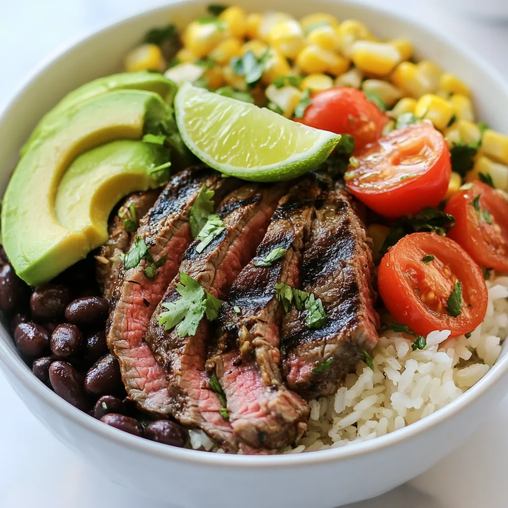 - 1 lb flank steak - 1/4 cup fresh cilantro, finely chopped - Zest and juice of 2 limes - 2 tablespoons extra-virgin olive oil - 1 teaspoon ground cumin - 1 teaspoon smoked paprika - 1 teaspoon garlic powder - Salt and freshly ground black pepper, to taste - 1 cup jasmine rice - 1 can black beans, thoroughly rinsed and drained - 1 cup corn (fresh or frozen) - 1 ripe avocado, pitted and sliced - 1/2 cup cherry tomatoes, halved - Sour cream (optional, for serving) - Extra fresh cilantro for garnish The marinade brings great flavor to the steak. You will need fresh cilantro, lime juice, and lime zest. The lime juice adds tang, while the zest gives a burst of citrus. Extra-virgin olive oil adds richness. The spices—ground cumin, smoked paprika, and garlic powder—give it depth. Don’t forget the salt and pepper to season! For a special touch, add sour cream to each bowl. It provides creaminess that balances the flavors. You can also use extra fresh cilantro for garnish. This adds a bright pop of color and flavor to your dish. The avocado and cherry tomatoes add freshness and texture, making each bite delightful. {{ingredient_image_2}} To start, we need to marinate the steak for great flavor. In a medium bowl, whisk together the lime juice, lime zest, chopped cilantro, olive oil, cumin, smoked paprika, garlic powder, salt, and pepper. This mix makes a tasty marinade. Place the flank steak in a resealable zip-lock bag and pour the marinade over it. Make sure the steak is well coated. Seal the bag tightly and put it in the fridge. Let it marinate for at least 30 minutes. For even more flavor, you can leave it for up to 2 hours. Next, we cook the rice. In a medium saucepan, combine 1 cup of jasmine rice with 2 cups of water. Add a pinch of salt for taste. Bring it to a boil over medium-high heat. Once it boils, cover the pan with a lid. Reduce the heat to low and let it simmer for 15 minutes. The rice will absorb all the water and become tender. After cooking, remove it from heat and fluff the rice with a fork. Keep it warm for later. Now, it's time to grill the steak. Preheat your grill pan or outdoor grill to medium-high heat. Take the flank steak out of the marinade. Let any extra marinade drip off and toss it away. Grill the steak for 3-5 minutes on each side. Cooking time depends on how you like your steak. For rare, grill for about 3 minutes. For medium, grill for about 5 minutes. When done, place it on a cutting board and let it rest for 5 minutes. This resting time keeps the steak juicy. After that, slice it against the grain into thin strips. As we assemble the bowls, start with a scoop of jasmine rice as the base. Add a portion of black beans and corn on top of the rice. Then, arrange the sliced steak in a neat line over the beans and corn. Top it off with avocado slices and halved cherry tomatoes. For an extra kick, drizzle some lime juice over the top if you like. If you want, add a dollop of sour cream to each bowl. Finish by garnishing with extra fresh cilantro. This adds a pop of color and flavor. Serve your cilantro lime steak bowls right away and enjoy a vibrant, flavorful meal! For the best flavor, marinate the flank steak for at least 30 minutes. This gives the meat time to soak up all the tasty lime juice and spices. If you can wait, marinate for up to 2 hours. The longer the steak sits in the marinade, the more flavor it gains. Just remember to keep it in the fridge while it marinates. Cooking steak perfectly is key. For a rare steak, grill it for about 3 minutes on each side. If you like it medium, go for 5 minutes on each side. Always let the steak rest after cooking. This helps keep the juices inside. Slice it against the grain for the best texture. To make fluffy jasmine rice, rinse it first to remove excess starch. Use a 1:2 ratio of rice to water. Bring it to a boil, then cover and let it cook on low heat for 15 minutes. After cooking, fluff the rice with a fork to separate the grains. This keeps it light and airy, perfect for your steak bowl. Pro Tips Marinate Longer for Flavor: For the best flavor infusion, marinate the flank steak for at least 2 hours or even overnight if time allows. Rest the Steak: Always let the steak rest for at least 5 minutes after grilling. This helps retain the juices, ensuring each bite is tender and flavorful. Cook Rice Perfectly: Use a 2:1 water-to-rice ratio and avoid lifting the lid during cooking to ensure fluffy jasmine rice without sticking. Fresh Ingredients Matter: Use fresh lime juice and ripe avocados for the best taste. Quality ingredients elevate the entire dish. {{image_4}} You can make a tasty vegetarian version of cilantro lime bowls. Swap the flank steak for grilled portobello mushrooms or marinated tofu. Both options soak up the marinade well. They bring a rich flavor and texture. Use the same marinade to keep the taste consistent. While jasmine rice is great, you can switch things up. Try quinoa, brown rice, or even cauliflower rice. Each grain adds a unique flavor and texture. Quinoa packs more protein, while cauliflower rice is lower in carbs. Choose what fits your diet and taste best. Want to kick up the flavor? Add more spices to the marinade! Try adding chili powder for heat or a pinch of oregano for depth. You can also mix in fresh herbs like parsley or dill. Each addition can change the dish and make it even more delicious. After enjoying your cilantro lime steak bowls, store any leftovers in airtight containers. Make sure to separate the rice, steak, beans, and toppings. This keeps each part fresh. You can keep them in the fridge for up to three days. If you want to eat them later, consider freezing. When it's time to eat your leftovers, reheating properly is key. For rice, add a splash of water in a microwave-safe bowl. Cover it with a damp paper towel. Heat it for about one minute, then stir. For steak, slice it thinly for even heating. Use a skillet over medium heat with a little oil. Heat for about three to five minutes until warm. If you want to prep ahead, freeze your cilantro lime steak bowls in portions. Place rice, beans, and steak in separate containers. Avoid freezing fresh toppings like avocado and tomatoes. These do not freeze well. When ready to eat, thaw overnight in the fridge. Then, reheat as mentioned above. Enjoy your meal without the fuss! The best cut for cilantro lime steak bowls is flank steak. It has great flavor and tenderness when cooked right. Flank steak absorbs marinades well, which makes it perfect for this recipe. You can also use skirt steak or sirloin if you prefer. Just remember to slice it against the grain for the best texture. Yes, you can prepare many parts of these bowls ahead of time. You can marinate the steak a few hours before cooking. Cooked jasmine rice and black beans can be stored in the fridge for up to three days. To keep the toppings fresh, slice the avocado right before serving. This way, it stays bright and green. You can customize your steak bowl easily! Here are some ideas: - Add greens: Spinach or mixed greens can add a fresh crunch. - Use different beans: Try pinto or kidney beans instead of black beans. - Add cheese: Feta or shredded cheese can give a nice salty bite. - Spice it up: Add jalapeños for heat or hot sauce for extra flavor. Feel free to mix and match your favorite toppings! In this post, we covered fresh ingredients for your marinade and steps to create delicious steak bowls. We discussed marinating, cooking, and assembling, ensuring your meal is both tasty and fun. I shared tips for perfect doneness and keeping your rice fluffy. Plus, we explored healthy variations and how to store leftovers. Remember, cooking should bring joy. Keep experimenting and enjoy your meals!