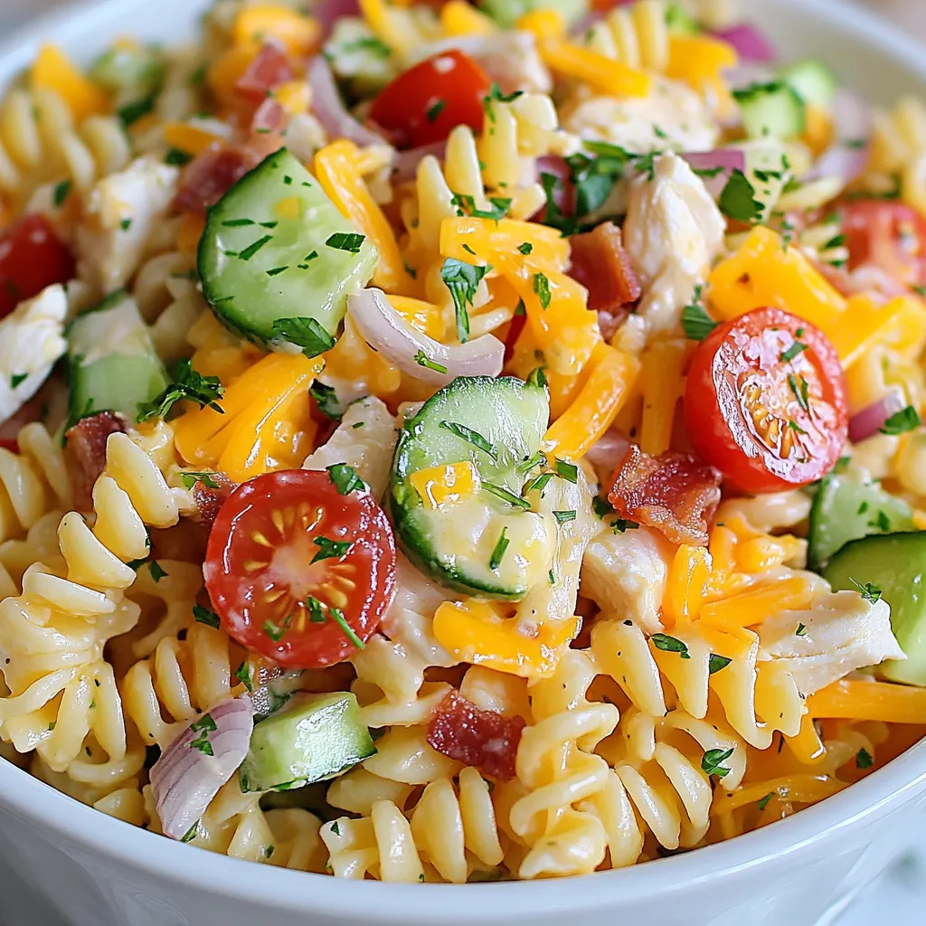- 8 oz rotini pasta - 1 cup cooked chicken breast, diced - 1/2 cup cooked bacon bits - 1 cup cherry tomatoes, halved - 1/2 cup cucumber, peeled and diced - 1/2 cup sharp cheddar cheese, shredded - 1/4 cup red onion, finely chopped - 1/2 cup creamy mayonnaise - 2 tablespoons Dijon mustard - 1 tablespoon fresh lemon juice - Salt and freshly cracked black pepper to taste - Fresh parsley, chopped, for a garnish The ingredients for this dish come together in a way that’s truly satisfying. Each one plays a role. For the pasta, I use rotini. Its twirls hold on to the dressing and flavors well. The chicken adds protein, while the bacon bits give a nice crunch. Cherry tomatoes and cucumber provide freshness. Cheddar cheese adds richness, and red onion gives a sharp bite. The creamy dressing, made with mayonnaise, Dijon mustard, and lemon juice, ties it all together. Don't forget the salt and pepper. They enhance all the flavors. Lastly, the parsley not only looks pretty but also brightens each bite. This mix is what makes the Club Sandwich Pasta Salad so tasty. You can see how each ingredient fits into the overall flavor. It’s a great way to enjoy the classic club sandwich in a new form. {{ingredient_image_2}} First, cook 8 oz of rotini pasta. Follow the package directions for the best results. You want the pasta to be al dente, which means it should have a slight bite. Once cooked, drain the pasta and rinse it under cold water. This cools the pasta down and stops the cooking process. In a large bowl, combine the cooled rotini, 1 cup of diced chicken breast, and 1/2 cup of cooked bacon bits. Add 1 cup of halved cherry tomatoes, 1/2 cup of peeled and diced cucumber, 1/2 cup of shredded sharp cheddar cheese, and 1/4 cup of finely chopped red onion. Mix gently to combine all the ingredients. This step helps spread the flavors evenly throughout the salad. In a separate bowl, whisk together 1/2 cup of creamy mayonnaise, 2 tablespoons of Dijon mustard, and 1 tablespoon of fresh lemon juice. Add salt and pepper to taste. Make sure the dressing is smooth and well blended. Drizzle this creamy dressing over the pasta salad and toss everything together. This keeps each bite deliciously coated. After mixing, taste the salad and adjust seasoning if needed. Cover the bowl with plastic wrap or a lid. Refrigerate for at least 30 minutes before serving. Chilling allows the flavors to meld together, making each bite even tastier. Just before serving, garnish with freshly chopped parsley for a pop of color. For an attractive display, consider serving the salad in a large bowl or in individual jars. You can also add a slice of tomato or a sprig of parsley on top of each serving for extra flair. To keep your pasta from becoming mushy, cook it al dente. This means the pasta should be firm when bitten. Follow the package instructions closely for timing. After cooking, drain the pasta and rinse it under cold water. This stops the cooking process and cools it down. Rinsing also helps remove extra starch, which can make pasta stick together. You can easily customize this pasta salad. If you want a lighter option, substitute bacon with turkey bacon. You can also go vegetarian by adding chickpeas or avocado. Feel free to load it up with your favorite vegetables, like bell peppers or spinach. Fresh herbs like basil or dill can bring a nice touch and extra flavor. If you want a healthier dressing, consider yogurt-based options. Using Greek yogurt can cut down on calories while still tasting great. You can mix yogurt with Dijon mustard and lemon juice for a tasty twist. This adds creaminess without all the fat of mayonnaise. Pro Tips Cook Pasta Al Dente: Ensure your rotini is cooked al dente for a perfect texture that holds up in the salad. Overcooked pasta can become mushy when mixed with the dressing. Use Fresh Ingredients: Opt for fresh vegetables and herbs for the best flavor. Fresh cucumbers and tomatoes enhance the salad’s crunch and brightness. Chill for Flavor: Allow the pasta salad to chill in the refrigerator for at least 30 minutes. This resting time helps the flavors meld together beautifully. Customize Your Protein: Feel free to swap out the chicken for leftover rotisserie chicken, turkey, or even a plant-based option for a different twist on this classic salad. {{image_4}} You can switch up the meat in this salad. If you want a different taste, use turkey instead of chicken. Ham is also a tasty choice. For a meatless salad, try adding chickpeas or black beans. They add protein and texture without meat. Either way, you get great flavor! Cheese can change the whole dish. Try using feta for a tangy kick or mozzarella for a creamy texture. If you want a dairy-free option, vegan cheese works well. It melts and blends nicely, making your salad rich and satisfying. Adding spices or herbs boosts the flavor. Paprika can add warmth, while dill brings a fresh taste. You can also add fruits like apples or grapes. They add a sweet crunch that contrasts with the savory ingredients. This mix makes every bite exciting and new! Store leftover pasta salad in the fridge. Use a tight container to keep it fresh. Glass or plastic containers work well. Make sure to seal it well to prevent air exposure. This helps maintain flavor and texture. Can you freeze Club Sandwich Pasta Salad? Yes, you can freeze it, but it may change texture. To freeze, place the salad in an airtight container. Leave some space at the top for expansion. When ready to eat, thaw it overnight in the fridge. This keeps the salad safe and fresh. To refresh the salad after refrigeration, stir it well. If it feels dry, add a bit of mayo or dressing. You can also squeeze fresh lemon juice for extra zing. Taste before serving to ensure it’s just right. Adjust seasoning if needed, and enjoy! Club Sandwich Pasta Salad is packed with nutrients. The rotini pasta gives you carbs for energy. Chicken breast adds protein, which helps build muscle. Bacon bits offer flavor and some healthy fats. Cherry tomatoes and cucumbers provide vitamins and hydration. Cheddar cheese gives calcium for strong bones. Overall, this salad is a balanced meal. Yes, you can make this salad ahead of time. It tastes even better after chilling. I suggest preparing it a few hours or the night before. Just remember to cover it well. This keeps it fresh and tasty until you’re ready to serve. This salad lasts about 3 to 5 days in the fridge. Make sure to store it in an airtight container. If it looks or smells off, don’t eat it. Always trust your senses when it comes to food safety. I do not recommend leaving this salad out for longer than two hours. Bacteria can grow quickly in warm temperatures. If it's a hot day, keep the salad chilled until serving. Use ice packs if you take it on a picnic. Absolutely! You can change the dressing to fit your taste. Try using Greek yogurt instead of mayonnaise for a lighter option. Add herbs like dill or basil for extra flavor. The key is to keep it creamy and tasty! This blog post detailed how to make a tasty Club Sandwich Pasta Salad. You learned about the main and additional ingredients, step-by-step instructions, and tips for perfecting your salad. You can also customize the recipe to fit your taste. Remember, a well-made pasta salad can impress any crowd. Try out the variations and share this delicious dish. Enjoy your cooking!