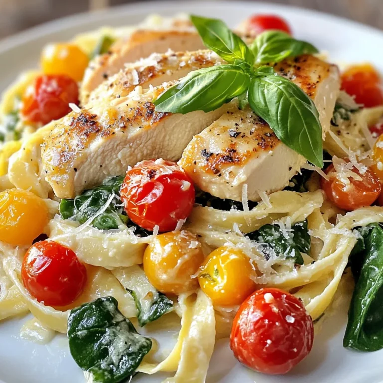 - 2 boneless, skinless chicken breasts - 8 oz fettuccine pasta - 1 tablespoon olive oil - 3 cloves garlic, minced - 1 cup cherry tomatoes, halved - 1 cup heavy cream - 1 cup fresh spinach leaves - 1/2 cup freshly grated Parmesan cheese - 1 teaspoon Italian seasoning - Salt and freshly ground black pepper to taste - Fresh basil leaves for garnish For the best flavor, use fresh ingredients. Choose organic chicken for a juicy bite. Good quality pasta matters too. Opt for imported fettuccine for a better texture. Fresh garlic adds a strong flavor. Use real Parmesan cheese, not the pre-grated stuff. Fresh spinach brings vibrant color and nutrients. Lastly, choose ripe cherry tomatoes for natural sweetness. Each ingredient plays a key role in making this dish rich and tasty. You can swap chicken for shrimp or tofu for a different taste. Whole wheat pasta works well if you want a healthier option. For a dairy-free sauce, use coconut cream instead of heavy cream. Nutritional yeast can replace Parmesan for a vegan twist. If you dislike spinach, try kale or arugula. These simple swaps keep the dish easy while introducing new flavors. {{ingredient_image_2}} Start with a large pot of salted water. Bring it to a boil. Add the fettuccine pasta. Cook it according to the package directions until it's al dente. This usually takes about 8-10 minutes. Once done, drain the pasta. Set it aside. Reserve a small cup of pasta water for later. Take out a large skillet. Heat one tablespoon of olive oil over medium heat. Season both sides of the chicken breasts with salt, pepper, and Italian seasoning. When the oil is hot, add the chicken. Cook it for 6-7 minutes on each side. It should be golden brown and reach an internal temperature of 165°F. Once done, remove the chicken and let it rest on a cutting board. Slice it after a few minutes. In the same skillet, add three minced garlic cloves. Sauté them for about one minute. Stir to keep the garlic from burning. You want it fragrant but not brown. Next, add one cup of halved cherry tomatoes. Cook these for 3-4 minutes. They should soften and release their juices. Pour in one cup of heavy cream. Stir it well with the garlic and tomatoes. Let the sauce simmer for 2-3 minutes. This will help it thicken slightly. Add one cup of fresh spinach leaves to the sauce. Stir until the spinach wilts. Then, mix in half a cup of freshly grated Parmesan cheese. Stir until it melts and the sauce is smooth. Slice the rested chicken into strips. Return it to the skillet with the sauce. Toss gently to coat the chicken. Add the drained fettuccine pasta to the skillet. Toss until the pasta is well-coated. If the sauce is too thick, add a splash of reserved pasta water to loosen it. Plate the dish right away. Garnish with fresh basil leaves for flavor and color. For an extra touch, sprinkle more grated Parmesan on top. A slice of lemon on the side adds a nice pop. Enjoy your meal! To cook chicken well, start with good quality meat. Use boneless, skinless chicken breasts for best results. Season both sides well with salt, pepper, and Italian seasoning. Heat olive oil in your skillet until it shimmers. This step helps to get a nice golden crust. Cook each side for 6-7 minutes. Check that the internal temperature reaches 165°F. Let the chicken rest before slicing; this keeps it juicy. For a creamy sauce, use heavy cream. After sautéing the garlic and tomatoes, pour in the cream slowly. Stir well to mix with the garlic and tomatoes. Let it simmer for 2-3 minutes to thicken. Add grated Parmesan cheese gradually. Stir until it melts completely, making your sauce smooth and rich. If it gets too thick, add a splash of reserved pasta water to loosen it. To cook pasta, use a large pot with boiling salted water. Add the fettuccine and stir occasionally. Follow the package instructions for cooking time. Aim for al dente, which means it should still have a slight bite. Drain the pasta but keep a cup of the pasta water. This water is great for adjusting your sauce's consistency later. Toss the pasta with the sauce right away for the best flavor. Pro Tips Use Fresh Ingredients: Fresh spinach and high-quality cherry tomatoes enhance the flavor and texture of the dish, making it more vibrant and appealing. Don’t Overcook the Chicken: To ensure juicy chicken, monitor the cooking time closely and use a meat thermometer to check for an internal temperature of 165°F. Adjust Sauce Consistency: If the cream sauce is too thick, add a splash of reserved pasta water to achieve your desired consistency without losing flavor. Flavor Boost with Herbs: Experiment by adding fresh herbs like thyme or oregano to the sauce for an extra layer of flavor that complements the Italian seasoning. {{image_4}} You can make Easy Marry Me Chicken Pasta even better by adding more veggies. Try bell peppers, zucchini, or mushrooms. These not only add flavor but also color. You can also add proteins like shrimp or tofu. Just cook them the same way you cook the chicken. This way, you have a tasty mix of flavors. If you need a gluten-free meal, swap the fettuccine with gluten-free pasta. There are many great options now, like rice or chickpea pasta. Be sure to check the cooking time since they might differ. This makes the dish safe and yummy for everyone! To make this dish dairy-free, replace heavy cream with coconut milk or cashew cream. These options give a creamy taste without dairy. For cheese, use nutritional yeast or dairy-free cheese. This way, you enjoy the same rich flavors while keeping it dairy-free. To keep your Easy Marry Me Chicken Pasta fresh, let it cool first. Then, place it in an airtight container. Store it in the fridge for up to three days. Make sure to separate the chicken and pasta if you can. This helps each part stay fresh. When you're ready to eat leftovers, reheat them gently. You can use a microwave or a skillet. If using a microwave, cover the dish to keep moisture in. Heat for about 1-2 minutes. Stir and check if it’s warm. If using a skillet, add a splash of water or broth. Heat over medium until warm. Stir often to avoid burning. If you want to save your pasta for later, freezing is a great option. Let it cool completely before freezing. Place it in a freezer-safe bag or container. Make sure to remove as much air as possible. You can freeze it for up to three months. When ready to eat, thaw in the fridge overnight. Reheat as mentioned above. You can pair Marry Me Chicken Pasta with a fresh salad. A simple mix of greens, cherry tomatoes, and a light dressing works well. Garlic bread is another great side. It adds a nice crunch and helps scoop up the creamy sauce. You might also consider serving some roasted vegetables. They add color and balance the meal. To add heat, include red pepper flakes in the sauce. Start with a pinch and adjust to taste. You can also use spicy Italian sausage instead of chicken for more flavor. Adding chopped jalapeños or a dash of hot sauce can also spice things up. Each option will give the dish a different kick. Yes, you can prepare parts of the dish ahead of time. Cook the chicken and pasta, then store them separately in the fridge. You can also make the sauce and keep it in an airtight container. Just combine everything when you’re ready to serve. This way, you save time and still enjoy a delicious meal. This post covered all you need for Marry Me Chicken Pasta, from start to finish. We explored key ingredients and their quality. I shared simple cooking steps and tips to make your dish perfect. Then, I gave ideas for variations and how to store your leftovers. Remember, cooking should be fun and easy. Enjoy your meal!