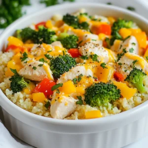 To make this healthy chicken cauliflower rice casserole, gather these ingredients: - 2 cups cauliflower rice (fresh or frozen) - 1 pound boneless, skinless chicken breast, cut into cubes - 1 cup broccoli florets, chopped - 1 cup diced bell peppers (mix colors for fun) - 1 small onion, finely chopped - 2 cloves garlic, minced - 1 cup low-sodium chicken broth - 1 cup plain Greek yogurt - 1 teaspoon dried oregano - 1 teaspoon paprika - Salt and black pepper to taste - 1 cup shredded low-fat cheese (optional) - 2 tablespoons extra virgin olive oil You can use either fresh or frozen cauliflower rice in this recipe. Fresh cauliflower rice has a bit more crunch and flavor. If you use frozen, just make sure to thaw and drain it well. This helps avoid extra moisture in the casserole. Both options work well and save time! Feel free to swap some ingredients if needed. You can use turkey instead of chicken for a leaner option. If you don't have Greek yogurt, sour cream can work too. For a dairy-free version, try a plant-based yogurt. You can also mix in other veggies, like zucchini or spinach, for added nutrition. Just remember to keep the flavors balanced! {{ingredient_image_2}} First, you need to preheat your oven to 375°F (190°C). This step is key for a well-cooked casserole. While the oven heats up, gather all your ingredients. It helps to have everything ready before you start cooking. Next, grab a large skillet and heat 2 tablespoons of extra virgin olive oil over medium heat. Add 1 finely chopped onion and 2 minced garlic cloves to the pan. Sauté these for about 3-4 minutes. You want the onion to become soft and clear. Once the onion is ready, add 1 pound of cubed boneless, skinless chicken breast. Season it with 1 teaspoon of dried oregano, 1 teaspoon of paprika, salt, and freshly ground black pepper. Cook the chicken for 5-7 minutes, stirring it often. The chicken should turn brown and be cooked all the way through. Now it’s time to add the veggies. Mix 2 cups of cauliflower rice, 1 cup of chopped broccoli florets, and 1 cup of diced bell peppers into the skillet. Pour in 1 cup of low-sodium chicken broth and stir everything well. Let this cook for another 5 minutes. You want the vegetables to be tender but still a bit crisp. In a separate bowl, take 1 cup of plain Greek yogurt and mix in a pinch of salt and pepper. Once your skillet mix is ready, remove it from the heat. Stir the yogurt into the chicken and veggie mix until blended. Pour the mixture into a greased baking dish. If you love cheese, sprinkle 1 cup of shredded low-fat cheese on top. Then, place the dish in your preheated oven. Bake for 20-25 minutes. The casserole is done when it is heated through and the cheese is melted and bubbly. After baking, let the casserole cool for a few minutes. This makes it easier to serve. Enjoy your meal! To boost the health factor of your casserole, try these tips: - Use low-fat Greek yogurt instead of sour cream. - Swap in more vegetables like spinach or zucchini. - Choose skinless chicken breast for lower fat content. - Add beans for fiber and protein. These swaps keep the dish light and full of nutrients. A few simple tweaks can up the flavor of your casserole: - Add fresh herbs like basil or thyme. - Use lemon juice for a bright taste. - Try different spices like cumin or coriander. - Mix in a dash of hot sauce for heat. These options bring new life to the dish while keeping it healthy. Cooking chicken right is key for a tasty casserole. Here’s how: - Cut chicken into small, even pieces for quick cooking. - Brown the chicken in a hot pan for flavor. - Make sure it’s cooked through before adding to other ingredients. - Avoid overcooking; it should be juicy but not pink. Following these tips helps you achieve perfectly cooked chicken every time. Pro Tips Use Fresh Ingredients: Whenever possible, opt for fresh vegetables and herbs to enhance the flavor and nutritional value of your casserole. Experiment with Spices: Feel free to add your favorite spices or herbs to the chicken mixture for an extra layer of flavor. Consider thyme or basil for a different twist. Customize Your Veggies: You can substitute or add other vegetables like zucchini, spinach, or carrots based on your preference and seasonal availability. Make Ahead: This casserole can be prepared in advance and stored in the refrigerator for up to 2 days. Just reheat in the oven before serving! {{image_4}} You can easily change this casserole to a vegetarian dish. Just swap the chicken for chickpeas. Use one can of chickpeas, drained and rinsed. Chickpeas add protein and fiber. They also soak up the flavors well. This keeps the meal filling and healthy. Feel free to boost the nutrients in this dish. Adding spinach or kale works great. Simply toss in about 1 cup of fresh spinach or kale when you add the broccoli and bell peppers. These greens add vitamins and minerals. They also give a nice color to the dish. You can play with the cheese in this recipe too. If you want a stronger flavor, try sharp cheddar or feta. For a creamier taste, use ricotta or cream cheese. You can also use dairy-free options like almond or coconut yogurt. This way, everyone can enjoy the casserole! To store your leftover casserole, let it cool first. Place it in an airtight container. Make sure to cover it well to keep it fresh. You can keep it in the fridge for up to three days. If you want it to last longer, freezing is a great option. When you are ready to eat the casserole again, you can reheat it. Preheat your oven to 350°F (175°C). Place the casserole in an oven-safe dish. Cover it with foil to keep moisture in. Bake for about 20 minutes, or until it’s hot all the way through. You can also microwave it if you are short on time. Just heat it in 1-minute intervals, stirring in between. If you want to freeze the casserole, it’s best to do this before baking. Pour the mixture into a freezer-safe dish. Seal it well with plastic wrap and then foil. You can freeze it for up to three months. When you want to eat it, thaw it in the fridge overnight. After that, bake it as per the original recipe. This way, you can enjoy a healthy meal anytime! Yes, you can use other meats. Turkey or lean pork works well. You can also use ground meats. Just make sure to cook them through before adding to the dish. Each meat gives a unique flavor and texture. Absolutely! This recipe is great for meal prep. You can make it ahead and store it in the fridge. Divide it into portions for easy meals during the week. Just reheat in the oven or microwave when ready to eat. This saves time and keeps you on track with healthy eating. For a crowd, make a big batch in a larger dish. Use a 9x13 inch baking pan. Serve directly from the baking dish for easy serving. You can also set up a buffet style table. Add some fresh salad and bread on the side. This makes the meal more inviting and fun. This blog post covered how to make a tasty casserole using cauliflower rice. You learned about the ingredients, step-by-step cooking, and tips to enhance flavor. I also shared variations for different diets and how to store leftovers. Cooking this dish is simple and satisfying. You can make it your own by adding your favorite veggies or proteins. Now, enjoy creating this comforting meal that fits your family's needs. Dive in and let your kitchen be the heart of your home!