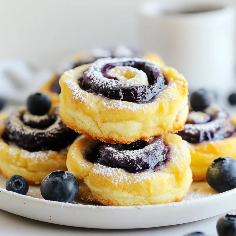 To make Blueberry Cheesecake Swirl Cookies, you need a few simple ingredients. Here’s what you’ll need: - 1 cup all-purpose flour - 1/2 teaspoon baking soda - 1/4 teaspoon salt - 1/4 cup unsalted butter, softened - 1/4 cup cream cheese, softened - 1/2 cup granulated sugar - 1/2 teaspoon vanilla extract - 1 large egg - 1/2 cup fresh blueberries - 1 tablespoon lemon juice - 2 tablespoons powdered sugar (for blueberry swirl) These ingredients work together to create a rich, creamy taste. The fresh blueberries add a burst of flavor and color. The cream cheese makes the cookies soft and chewy. Using quality butter and fresh berries improves the taste and texture. Each ingredient plays a key role in making this treat irresistible. {{ingredient_image_2}} Preheat your oven to 350°F (175°C). While the oven heats, prepare a baking sheet. Line it with parchment paper to stop cookies from sticking. This makes cleanup quick and easy. In a medium bowl, sift together the all-purpose flour, baking soda, and salt. Sifting helps the flour mix well. Set this mixture aside for later. In a large bowl, combine the softened butter and cream cheese with the granulated sugar. Beat them together until light and fluffy, which takes about 2-3 minutes. Next, crack in one large egg and add the vanilla extract. Mix until smooth. Gradually add the dry flour mixture to the wet ingredients. Stir gently until combined. Be careful not to overmix; this keeps your cookies soft and chewy. In a small bowl, mix the fresh blueberries, lemon juice, and powdered sugar. Use a fork to lightly mash the blueberries, making a chunky sauce. This will give your cookies a lovely swirl. Gently fold half of the blueberry mixture into the cookie dough. Make sure it's swirled but not fully mixed. You want to see those beautiful blue streaks. Use a tablespoon to scoop dough onto your prepared baking sheet. Leave space between each scoop so they can spread. Next, take the remaining blueberry mixture and dollop it on top of each cookie. Use a toothpick to swirl it in a bit. Place the baking sheet in the preheated oven. Bake for 10-12 minutes, or until the edges are light golden and the centers look set. When done, let the cookies cool on the baking sheet for about 5 minutes. Then, move them to a wire rack to cool completely. Enjoy these sweet treats warm! To make great cookies, you must get the dough just right. Avoid overmixing the dough. When you mix too much, cookies can turn out tough. Aim for a smooth dough, but see some lumps. This means you did it right. The texture should feel soft and slightly sticky. To make your cookies look even better, dust them with powdered sugar. This simple step adds a sweet touch. You can also present them with fresh blueberries. Scatter a few on the plate for color. It makes the cookies pop and looks inviting. Different ovens can change baking times. If your oven runs hot, check the cookies a minute early. For ovens that run cool, you might need a bit more time. The edges should turn golden, and the center should feel set. Adjust as needed for perfect cookies every time. Pro Tips Use Fresh Blueberries: Fresh blueberries will provide the best flavor and texture for your cookies. If using frozen, make sure to thaw and drain them well to avoid excess moisture. Chill the Dough: For chewier cookies, consider chilling the dough for about 30 minutes before baking. This helps to prevent spreading and enhances the texture. Check for Doneness: Keep an eye on the cookies as they bake; the edges should be lightly golden while the centers remain soft. They will continue to firm up as they cool. Presentation is Key: For an elegant touch, dust the cooled cookies with powdered sugar and serve them on a beautiful platter adorned with fresh blueberries for a pop of color. {{image_4}} You can easily adapt this recipe to fit your needs. - Gluten-free flour options: Use a 1:1 gluten-free flour blend. It works well. - Dairy-free alternatives for cream cheese: Try using vegan cream cheese. It keeps the texture creamy. Want to kick up the flavor? Here are some great ideas. - Adding lemon zest or almond extract: A teaspoon of lemon zest adds brightness. Almond extract gives a warm, nutty taste. - Mixing in other fruits like raspberries: Raspberries pair well with blueberries. They add a nice tartness to your cookies. You can enjoy these cookies all year round by using seasonal ingredients. - Using frozen blueberries: Frozen blueberries work great. They save time and still taste yummy. - Incorporating spices based on seasons: Add cinnamon in fall or nutmeg during winter for a cozy twist. To keep your Blueberry Cheesecake Swirl Cookies fresh, let them cool first. Place them on a wire rack to cool completely. Once cool, store the cookies in an airtight container. This will help keep them soft and tasty. You can keep them at room temperature for up to a week. If you want to keep them longer, consider freezing them. Freezing these cookies is easy. First, let them cool completely. Next, place the cookies in a single layer on a baking sheet. Freeze them for about an hour. Once they are frozen, move them to a freezer bag. Make sure to remove as much air as you can. Seal the bag tightly. These cookies can stay frozen for up to three months. When you’re ready to eat one, let it thaw at room temperature. For the best taste, eat your cookies within a week if stored at room temperature. They will taste best when fresh. If stored in the freezer, they can last for up to three months without losing flavor. Always check for any signs of freezer burn or changes in texture before eating. This ensures you enjoy every bite of your delicious cookies. If you don’t have fresh blueberries, you can use dried blueberries or blueberry preserves. Dried blueberries add a nice chewiness to your cookies. They also work well if you chop them into smaller pieces. Blueberry preserves can add extra sweetness and moisture. Swirl it into the dough for a tasty twist. You’ll know the cookies are done when the edges turn lightly golden. The centers should look set but not dry. A good test is to gently press the center with your finger. If it springs back, your cookies are ready. Trust your sense of smell too; they should smell sweet and delicious! Yes, you can make these cookies ahead of time. Prepare the cookie dough and chill it in the fridge for up to two days. This helps the flavors blend well. When you are ready, scoop the dough onto the baking sheet and bake. You can also bake the cookies and store them in an airtight container for up to a week. These blueberry cheesecake swirl cookies are a tasty treat. We covered the key ingredients, step-by-step instructions, and helpful tips. You learned about variations, storage methods, and answers to common questions. Try these cookies with your personal touch. Whether you choose to add zest or substitute ingredients, the results will be delicious. Enjoy baking and sharing these sweet delights with friends and family!