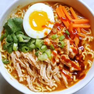 - 2 boneless, skinless chicken thighs - 4 cups rich chicken broth - 2 packets of instant ramen noodles (discard the seasoning packets) - 2 tablespoons fragrant sesame oil - 1 tablespoon gochujang (Korean chili paste for heat) - 1 tablespoon soy sauce - 1 tablespoon fresh ginger, minced - 3 cloves garlic, minced - 1 medium carrot, julienned - 2 green onions, finely chopped (for garnish) - 1 soft-boiled egg (optional, for richness) - 1 tablespoon sriracha (adjust to your desired spice level) - Salt and pepper to taste - Fresh cilantro leaves (for a vibrant garnish) You can add more fun to your ramen with some tasty toppings. Here are a few ideas: - Nori sheets for a sea flavor - Bean sprouts for crunch - Mushrooms for earthiness - Toasted sesame seeds for a nutty touch If you need to swap out some items, try these: - Chicken thighs can change to chicken breast for a leaner choice. - Vegetable broth works well instead of chicken broth for a vegetarian option. - Miso paste can replace gochujang if you want a different spice. - Zucchini or bell peppers can stand in for carrots for a new taste. These ingredients make your Fiery Chicken Ramen bold and exciting. Enjoy every bite! {{ingredient_image_2}} 1. Gather your ingredients. You will need: - 2 boneless, skinless chicken thighs - 4 cups rich chicken broth - 2 packets of instant ramen noodles (discard the seasoning packets) - 2 tablespoons fragrant sesame oil - 1 tablespoon gochujang - 1 tablespoon soy sauce - 1 tablespoon fresh ginger, minced - 3 cloves garlic, minced - 1 medium carrot, julienned - 2 green onions, finely chopped (for garnish) - 1 soft-boiled egg (optional) - 1 tablespoon sriracha - Salt and pepper to taste - Fresh cilantro leaves (for garnish) 2. Prepare your toppings. Julienne the carrot and chop the green onions. Set them aside for later. 1. Heat the sesame oil in a medium pot over medium heat. Wait until it shimmers. 2. Add the minced garlic and ginger. Sauté for about 1 minute. Do not let them burn! 3. Place the chicken thighs into the pot. Season them with salt and pepper. 4. Sear the chicken for about 3-4 minutes on each side. You want them golden and crispy. 5. Carefully pour the chicken broth into the pot. Stir in the gochujang and soy sauce. 6. Bring this mixture to a boil. Reduce the heat to a simmer. Cook for about 15 minutes. The chicken should be tender and cooked through. 7. Remove the chicken from the pot. Use two forks to shred it into bite-sized pieces. Set the chicken aside. 8. Add the julienned carrot and ramen noodles to the simmering broth. Cook them according to the package instructions (about 3-4 minutes). 1. Once the noodles are tender, ladle the ramen and broth into deep bowls. 2. Top each bowl with shredded chicken. If you want, add a soft-boiled egg. 3. Drizzle sriracha over the top for extra heat. 4. Finish by garnishing with green onions and fresh cilantro leaves. 5. For a nice touch, serve with extra slices of green onion and cilantro around the rim. Enjoy your fiery chicken ramen! To make your Fiery Chicken Ramen just right, start with gochujang. This Korean chili paste adds heat and flavor. I suggest using 1 tablespoon for a nice kick. If you want more heat, add sriracha. Just a little can make a big difference. Tasting as you go is key. Adjust your spices to match your taste buds. Remember, you can always add more, but it’s hard to take spice away. Cooking ramen noodles is easy, but timing is crucial. Follow the ramen package instructions, usually about 3-4 minutes. You want them tender but firm. If you overcook them, they can turn mushy. To avoid this, stir the noodles gently while cooking. This helps them cook evenly. Once done, drain the noodles and add them directly to the broth. This way, they soak up all the flavors. If you have leftovers, store them well. Keep the broth and noodles separate. This keeps the noodles from getting soggy. Use an airtight container for the broth and another for the noodles. They can last in the fridge for 2-3 days. When reheating, warm the broth first, then add the noodles. This keeps everything nice and fresh. Enjoy your ramen again without losing any flavor! Pro Tips Chicken Marinade: For extra flavor, marinate the chicken thighs in soy sauce, ginger, and garlic for at least 30 minutes before cooking. Broth Depth: Enhance the broth's flavor by simmering it longer with additional aromatics like star anise or a dash of fish sauce. Ramen Texture: To achieve the perfect noodle texture, avoid overcooking the ramen; they should be slightly chewy when added to the broth. Garnish Variety: Experiment with different garnishes like sesame seeds, seaweed strips, or pickled vegetables for added texture and flavor. {{image_4}} You can easily make this ramen vegetarian. Swap the chicken for tofu. Use firm tofu for a great texture. Add it when you cook the broth. You can also add more veggies like mushrooms and bell peppers. They add flavor and nutrition. While chicken broth is rich, you can try vegetable broth. It gives a lighter taste. If you want a stronger flavor, consider miso broth. It adds depth and umami. You can even use dashi for a unique twist. Adjust the heat to match your taste. Start with less gochujang for mild heat. You can add more sriracha if you like it spicy. For a fun twist, try adding fresh chili peppers. They bring a bright flavor and heat. You can make Fiery Chicken Ramen ahead. Prepare the broth and chicken in advance. Store them in the fridge for up to three days. This way, you save time on busy nights. Just cook the noodles fresh when you are ready to eat. If you want to freeze it, do so before adding the noodles. Let the broth and chicken cool completely. Pour them into a freezer-safe container. It stays good for about three months. When ready to eat, thaw it overnight in the fridge. Reheat in a pot and add fresh noodles. To store leftovers, place them in an airtight container. Keep the noodles separate from the broth. This way, the noodles won’t get mushy. Enjoy the leftovers within two days for the best taste. Reheat gently on the stove or in the microwave. Fiery Chicken Ramen is a spicy noodle soup dish. It features chicken, rich broth, and ramen noodles. I use gochujang for heat, giving it a bold flavor. Fresh ginger and garlic add depth. Topped with green onions and cilantro, it looks great and tastes even better! To adjust the spice, you can add more or less sriracha. Start with a small amount and taste as you go. For less heat, skip the sriracha or reduce the gochujang. You can also serve spicy chili oil on the side for those who want more heat. Yes, you can use other proteins in this dish. Chicken breast works well if you prefer white meat. You can also try shrimp or tofu for a vegetarian option. Just ensure to adjust the cooking time for different proteins to keep everything tender. Absolutely! This ramen can be made ahead and stored. Cook the noodles separately to avoid sogginess. Store the chicken and broth in one container. Keep the toppings in another. When ready to eat, heat it up and add the noodles for a quick meal. This blog post guided you through making fiery chicken ramen. We explored key ingredients, optional toppings, and substitutes. You learned important cooking steps and how to perfect your dish. Tips on spice levels and noodle preparation will improve your skills. We also covered variations for different diets and storage methods. In summary, this recipe can fit your tastes and needs. Enjoy your cooking journey with fiery chicken ramen!