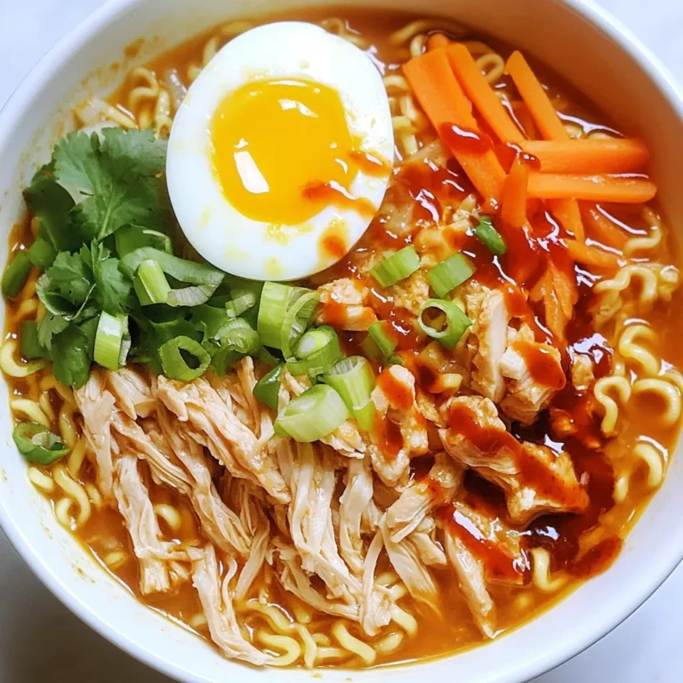 - 2 boneless, skinless chicken thighs - 4 cups rich chicken broth - 2 packets of instant ramen noodles (discard the seasoning packets) - 2 tablespoons fragrant sesame oil - 1 tablespoon gochujang (Korean chili paste for heat) - 1 tablespoon soy sauce - 1 tablespoon fresh ginger, minced - 3 cloves garlic, minced - 1 medium carrot, julienned - 2 green onions, finely chopped (for garnish) - 1 soft-boiled egg (optional, for richness) - 1 tablespoon sriracha (adjust to your desired spice level) - Salt and pepper to taste - Fresh cilantro leaves (for a vibrant garnish) You can add more fun to your ramen with some tasty toppings. Here are a few ideas: - Nori sheets for a sea flavor - Bean sprouts for crunch - Mushrooms for earthiness - Toasted sesame seeds for a nutty touch If you need to swap out some items, try these: - Chicken thighs can change to chicken breast for a leaner choice. - Vegetable broth works well instead of chicken broth for a vegetarian option. - Miso paste can replace gochujang if you want a different spice. - Zucchini or bell peppers can stand in for carrots for a new taste. These ingredients make your Fiery Chicken Ramen bold and exciting. Enjoy every bite! {{ingredient_image_2}} 1. Gather your ingredients. You will need: - 2 boneless, skinless chicken thighs - 4 cups rich chicken broth - 2 packets of instant ramen noodles (discard the seasoning packets) - 2 tablespoons fragrant sesame oil - 1 tablespoon gochujang - 1 tablespoon soy sauce - 1 tablespoon fresh ginger, minced - 3 cloves garlic, minced - 1 medium carrot, julienned - 2 green onions, finely chopped (for garnish) - 1 soft-boiled egg (optional) - 1 tablespoon sriracha - Salt and pepper to taste - Fresh cilantro leaves (for garnish) 2. Prepare your toppings. Julienne the carrot and chop the green onions. Set them aside for later. 1. Heat the sesame oil in a medium pot over medium heat. Wait until it shimmers. 2. Add the minced garlic and ginger. Sauté for about 1 minute. Do not let them burn! 3. Place the chicken thighs into the pot. Season them with salt and pepper. 4. Sear the chicken for about 3-4 minutes on each side. You want them golden and crispy. 5. Carefully pour the chicken broth into the pot. Stir in the gochujang and soy sauce. 6. Bring this mixture to a boil. Reduce the heat to a simmer. Cook for about 15 minutes. The chicken should be tender and cooked through. 7. Remove the chicken from the pot. Use two forks to shred it into bite-sized pieces. Set the chicken aside. 8. Add the julienned carrot and ramen noodles to the simmering broth. Cook them according to the package instructions (about 3-4 minutes). 1. Once the noodles are tender, ladle the ramen and broth into deep bowls. 2. Top each bowl with shredded chicken. If you want, add a soft-boiled egg. 3. Drizzle sriracha over the top for extra heat. 4. Finish by garnishing with green onions and fresh cilantro leaves. 5. For a nice touch, serve with extra slices of green onion and cilantro around the rim. Enjoy your fiery chicken ramen! To make your Fiery Chicken Ramen just right, start with gochujang. This Korean chili paste adds heat and flavor. I suggest using 1 tablespoon for a nice kick. If you want more heat, add sriracha. Just a little can make a big difference. Tasting as you go is key. Adjust your spices to match your taste buds. Remember, you can always add more, but it’s hard to take spice away. Cooking ramen noodles is easy, but timing is crucial. Follow the ramen package instructions, usually about 3-4 minutes. You want them tender but firm. If you overcook them, they can turn mushy. To avoid this, stir the noodles gently while cooking. This helps them cook evenly. Once done, drain the noodles and add them directly to the broth. This way, they soak up all the flavors. If you have leftovers, store them well. Keep the broth and noodles separate. This keeps the noodles from getting soggy. Use an airtight container for the broth and another for the noodles. They can last in the fridge for 2-3 days. When reheating, warm the broth first, then add the noodles. This keeps everything nice and fresh. Enjoy your ramen again without losing any flavor! Pro Tips Chicken Marinade: For extra flavor, marinate the chicken thighs in soy sauce, ginger, and garlic for at least 30 minutes before cooking. Broth Depth: Enhance the broth's flavor by simmering it longer with additional aromatics like star anise or a dash of fish sauce. Ramen Texture: To achieve the perfect noodle texture, avoid overcooking the ramen; they should be slightly chewy when added to the broth. Garnish Variety: Experiment with different garnishes like sesame seeds, seaweed strips, or pickled vegetables for added texture and flavor. {{image_4}} You can easily make this ramen vegetarian. Swap the chicken for tofu. Use firm tofu for a great texture. Add it when you cook the broth. You can also add more veggies like mushrooms and bell peppers. They add flavor and nutrition. While chicken broth is rich, you can try vegetable broth. It gives a lighter taste. If you want a stronger flavor, consider miso broth. It adds depth and umami. You can even use dashi for a unique twist. Adjust the heat to match your taste. Start with less gochujang for mild heat. You can add more sriracha if you like it spicy. For a fun twist, try adding fresh chili peppers. They bring a bright flavor and heat. You can make Fiery Chicken Ramen ahead. Prepare the broth and chicken in advance. Store them in the fridge for up to three days. This way, you save time on busy nights. Just cook the noodles fresh when you are ready to eat. If you want to freeze it, do so before adding the noodles. Let the broth and chicken cool completely. Pour them into a freezer-safe container. It stays good for about three months. When ready to eat, thaw it overnight in the fridge. Reheat in a pot and add fresh noodles. To store leftovers, place them in an airtight container. Keep the noodles separate from the broth. This way, the noodles won’t get mushy. Enjoy the leftovers within two days for the best taste. Reheat gently on the stove or in the microwave. Fiery Chicken Ramen is a spicy noodle soup dish. It features chicken, rich broth, and ramen noodles. I use gochujang for heat, giving it a bold flavor. Fresh ginger and garlic add depth. Topped with green onions and cilantro, it looks great and tastes even better! To adjust the spice, you can add more or less sriracha. Start with a small amount and taste as you go. For less heat, skip the sriracha or reduce the gochujang. You can also serve spicy chili oil on the side for those who want more heat. Yes, you can use other proteins in this dish. Chicken breast works well if you prefer white meat. You can also try shrimp or tofu for a vegetarian option. Just ensure to adjust the cooking time for different proteins to keep everything tender. Absolutely! This ramen can be made ahead and stored. Cook the noodles separately to avoid sogginess. Store the chicken and broth in one container. Keep the toppings in another. When ready to eat, heat it up and add the noodles for a quick meal. This blog post guided you through making fiery chicken ramen. We explored key ingredients, optional toppings, and substitutes. You learned important cooking steps and how to perfect your dish. Tips on spice levels and noodle preparation will improve your skills. We also covered variations for different diets and storage methods. In summary, this recipe can fit your tastes and needs. Enjoy your cooking journey with fiery chicken ramen!