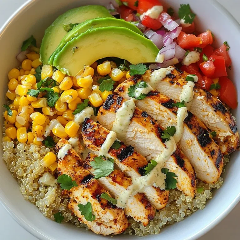 - 2 cups cooked quinoa - 1 pound grilled chicken breast, sliced - 1 cup corn kernels (fresh, frozen, or canned) - 1 red bell pepper, diced - 1/2 cup red onion, finely chopped - 1 avocado, sliced - 1/2 cup crumbled cotija cheese - 1/4 cup fresh cilantro, chopped - 2 tablespoons mayonnaise - 1 tablespoon lime juice - 1 teaspoon chili powder - Salt and pepper to taste The base of this Street Corn Chicken Bowl starts with cooked quinoa. Quinoa is a great grain. It adds protein and fiber. You need two cups for this dish. Next, you will need one pound of grilled chicken. The chicken should be sliced. This adds heartiness to your bowl. Corn is a star in this recipe. You can use fresh, frozen, or canned corn. Just one cup is enough for a sweet crunch. The red bell pepper adds color and flavor. Dice one red bell pepper to mix in. You also need half a cup of red onion. Finely chop it for a sharp taste. Don't forget the toppings! You will want one sliced avocado. It gives a creamy touch. Crumbled cotija cheese adds a salty bite. Use half a cup for great flavor. Finally, a quarter cup of fresh cilantro brings freshness. For the dressing, you will mix two tablespoons of mayonnaise with one tablespoon of lime juice. Add one teaspoon of chili powder for some spice. Season with salt and pepper to taste. This dressing ties all the flavors together. These ingredients create a tasty and colorful bowl that is fun to make and eat! {{ingredient_image_2}} - Cook quinoa according to package instructions. - Fluff with a fork and let cool. First, you need to prepare the quinoa. Take two cups of quinoa and follow the package instructions. This usually means rinsing it first. Once cooked, fluff it gently with a fork. This helps separate the grains for a light texture. Let it cool for a few minutes to stop the cooking process. - Sauté corn, red bell pepper, and red onion in a medium skillet. - Season with salt, pepper, and chili powder. Next, grab a medium skillet and set it on medium heat. Add one cup of corn kernels, one diced red bell pepper, and half a cup of finely chopped red onion. Sauté the mix for about 5-7 minutes. Stir occasionally until the veggies are tender and a bit charred. Season with salt, pepper, and one teaspoon of chili powder. This adds a nice kick to the dish. - Mix mayonnaise and lime juice until smooth. - Adjust seasoning to taste. While the veggies cook, you can whip up the dressing. In a small bowl, mix two tablespoons of mayonnaise with one tablespoon of lime juice. Stir until smooth and creamy. Taste it and add more salt or pepper if needed. This dressing is tangy and helps tie all the flavors together. - Layer quinoa at the bottom of serving bowls. - Distribute sautéed mixture, grilled chicken, avocado, and cotija cheese. Now it’s time to build your Street Corn Chicken Bowl! Start with a scoop of quinoa at the bottom of each serving bowl. Make sure to spread it out evenly. Next, add the sautéed corn and vegetable mixture on top. After that, layer on one pound of sliced grilled chicken breast. Finish with fresh avocado slices and half a cup of crumbled cotija cheese. This will make your bowl colorful and tasty! - Drizzle with creamy lime mayo dressing. - Garnish with chopped cilantro. For the final touch, drizzle your creamy lime mayo dressing generously over the top of each bowl. This adds a rich flavor that pulls everything together. To make it even better, sprinkle some freshly chopped cilantro on top. It adds a nice aroma and a burst of freshness. Enjoy your meal! - Ensure quinoa is properly rinsed before cooking. Rinsing removes bitter saponins. This makes your dish taste better. - Use high heat for sautéing for better charring. Charring adds depth and flavor to your veggies. - Add more spices to the vegetable mix for extra flavor. Try cumin or paprika to enhance the taste. - Substitute chicken with grilled shrimp or tofu. This gives the bowl a new twist and caters to different diets. - Use deep dinnerware for a visually appealing presentation. Deep bowls showcase the colorful layers well. - Serve with lime wedges on the side. This adds a zesty touch that brightens every bite. Pro Tips Use Fresh Corn: If possible, opt for fresh corn on the cob for the best flavor and sweetness. Grill or boil it briefly before adding it to the skillet for that perfect charred taste. Customize the Heat: Adjust the amount of chili powder based on your spice preference. You can also add diced jalapeños for an extra kick! Make Ahead: Prepare the quinoa and sauté the vegetables in advance. Store them separately in the fridge to save time when assembling your bowls. Extra Creaminess: For an even creamier dressing, consider adding a dollop of sour cream or Greek yogurt to the mayonnaise and lime juice mixture. {{image_4}} You can easily change the protein in your Street Corn Chicken Bowl. Swap the grilled chicken for steak or shrimp for a new taste. Both options add a hearty flavor. If you want a vegetarian option, use plant-based proteins like tofu or tempeh. These choices keep the dish full of flavor while meeting different dietary needs. You don’t have to stick with quinoa in this bowl. Replace it with brown rice or farro for a different texture. Both grains add a nice chew. If you're looking for a low-carb version, try cauliflower rice. It gives you that volume without the carbs, allowing you to enjoy the other flavors. The toppings make this bowl fun and customizable. Consider adding diced tomatoes for freshness or jalapeños for heat. Black beans can also add protein and fiber. For creaminess, top with a dollop of sour cream or Greek yogurt. These additions enhance the meal and let you personalize each bowl to your taste. You can store leftovers in airtight containers. They will stay fresh for up to 3 days in the fridge. This is a great way to enjoy your meal again without waste. For longer storage, freeze cooked quinoa and sautéed vegetables separately. This method keeps each component fresh. When you want to eat, just thaw and reheat. To reheat, gently warm in the microwave or skillet. This keeps the textures nice and tender. Avoid high heat, as it can dry out the food. Enjoy your flavorful meal again! Yes, frozen corn works well and is easy to use. It saves time and adds great flavor. Just toss it into your skillet with the other veggies straight from the freezer. No need to thaw! Substitute chicken with grilled vegetables or plant-based protein. Zucchini, mushrooms, or bell peppers work great. You can also use tofu or tempeh for added protein. This keeps the dish hearty and satisfying. Feta cheese or queso fresco can be good alternatives. Both add creaminess and a salty kick. If you want a vegan option, try a nut-based cheese or omit cheese altogether. It is best enjoyed fresh but can be stored for up to 3 days. Keep it in an airtight container to maintain its taste and texture. Just reheat it gently before serving. This post covered a simple recipe for a tasty quinoa bowl. We explored the main and additional ingredients, along with cooking tips. I also shared dressing components and step-by-step instructions for assembling your dish. You can adjust ingredients for personal taste or dietary needs. This recipe is flexible and easy to enjoy. Remember to store leftovers safely or freeze extras for later. Dive into this healthy meal, and savor each bite!