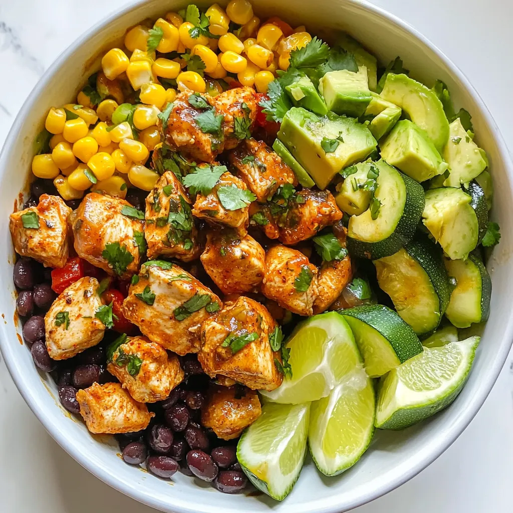- 2 boneless, skinless chicken breasts, cut into bite-sized cubes - 2 medium zucchinis, sliced into half-moon shapes - 1 bell pepper, diced - 1 red onion, diced - 2 cloves garlic, minced - 1 teaspoon ground cumin - 1 teaspoon chili powder - 1 teaspoon smoked paprika - 1 tablespoon olive oil - Salt and pepper to taste - 1 cup fresh corn kernels or canned corn, drained - 1 cup black beans, rinsed and drained - 1 ripe avocado, diced - Fresh cilantro, chopped for garnish - Lime wedges for serving Gathering these ingredients is easy and fun. Start with chicken breasts. These add protein and flavor. Next, grab zucchinis. They add great texture and color. Choose a bell pepper that you like. It can be red, green, or yellow. The red onion gives a sweet taste and a pop of color. Garlic adds depth to the dish. Now, for spices, you will need cumin, chili powder, and smoked paprika. These spices bring warmth and zest. Olive oil is your cooking base, while salt and pepper enhance all flavors. Fresh corn and black beans are your fiber-filled additions. Avocado is the creamy topping you won't want to skip. Finally, cilantro and lime are perfect for fresh garnishes. Together, these ingredients create a bright, tasty meal. {{ingredient_image_2}} Start by cutting the chicken into small cubes. In a large bowl, mix the chicken with olive oil, ground cumin, chili powder, smoked paprika, salt, and pepper. Make sure every piece is covered. This step adds flavor and helps the spices stick. Heat a splash of olive oil in a large skillet over medium heat. Add the diced red onion and minced garlic. Cook for 2-3 minutes until the onions are soft and clear. Stir them often to avoid burning. This mix creates a fragrant base for your dish. Raise the heat to medium-high. Add the marinated chicken to the skillet. Cook for about 5-7 minutes, stirring often. Look for a nice golden-brown color on all sides. Check that the chicken is cooked through. It should not be pink inside. Next, add the sliced zucchini and diced bell pepper to the skillet. Stir gently to combine everything. Cook for 4-5 minutes until the veggies are soft but still crunchy. This keeps the dish fresh and colorful. Stir in the corn and black beans. Heat them through for another 3-4 minutes. This step adds sweetness and texture. Taste your dish and adjust the salt and pepper if needed. It’s important to get the flavors just right. Once everything is hot and ready, take it off the heat. Top with diced avocado and fresh cilantro. For a zesty kick, serve with lime wedges. Use vibrant bowls for a pretty presentation. You can also sprinkle cheese on top for extra flavor. - Ideal cooking temperatures: Start cooking your chicken on medium-high heat. This gives it a nice sear. Heat helps lock in moisture and flavor. - Avoiding overcooking: Cook the chicken for about 5-7 minutes. Check it often to avoid dryness. Chicken should be browned and juicy. - Additional spice suggestions: Try adding cayenne for heat. You can also use oregano for a fresh taste. Experiment with these spices to find your perfect mix. - Pairing tips with sides: Serve with rice or tortillas. These sides soak up the flavors well. A refreshing salad can balance the meal too. - Low-calorie alternatives: Use skinless chicken thighs for more flavor without too many calories. Swap olive oil for a light cooking spray to reduce fat. - Adjustments for dietary restrictions: If you need a gluten-free option, check your spices. Most are safe, but some blends might have fillers. Use fresh vegetables to keep it healthy and tasty. Pro Tips Marinate the Chicken: For enhanced flavor, consider marinating the chicken in the spice mixture for at least 30 minutes or overnight in the refrigerator. Choose Fresh Ingredients: Using fresh veggies and herbs will elevate the taste and nutritional value of your dish, so opt for the freshest produce available. Customize the Spice Level: If you enjoy a bit of heat, feel free to add diced jalapeños or a pinch of cayenne pepper to the chicken seasoning. Serve with Sides: This dish pairs beautifully with warm tortillas or a side of Mexican rice for a more complete meal experience. {{image_4}} You can switch proteins in this dish. Try turkey or shrimp for a new taste. If you want a vegetarian meal, use tofu or tempeh instead. Each option brings its own fun flavor. For veggies, use what’s in season. Squash, bell peppers, or even spinach work well. You can mix and match. This keeps the dish fresh all year long. You can bake this dish in the oven. Preheat it to 400°F. Spread the chicken and veggies in a baking dish. Bake for about 25 minutes. This method makes the chicken juicy and the veggies soft. Grilling is another great option. It adds a smoky flavor. Just marinate the chicken and veggies, then place them on a hot grill. Cook until everything is done. This method makes for a fun summer meal. Adjust the heat level to your taste. For mild flavor, skip the chili powder or use less. If you love spice, add jalapeños or cayenne. This lets everyone enjoy the dish. You can also add new ingredients for deeper flavor. Try black olives, corn, or fresh herbs like oregano. Each addition makes the dish even more exciting. Mixing flavors keeps dinner lively and enjoyable. Store any leftovers in an airtight container. This keeps the dish fresh. It’s best to store it within two hours of cooking. Make sure to let it cool down first. I recommend using glass containers because they help keep flavors strong. You can reheat Tex Mex Chicken and Zucchini in two ways. The microwave is quick and easy. Just cover the dish and heat in short bursts. Stir it often to warm evenly. The stovetop method takes a bit longer but keeps the texture nice. Heat a pan over medium-low heat. Add a splash of oil and stir gently until warmed. To freeze, place portions in freezer-safe bags or containers. Squeeze out excess air before sealing. Label with the date to track freshness. This dish can last for up to three months in the freezer. When ready to eat, thaw it in the fridge overnight. Reheat it using the stovetop method for best results. The total time to make this dish is 30 minutes. Here’s the breakdown: - Prep Time: 15 minutes - Cooking Time: 15 minutes With quick and simple steps, you can enjoy a flavorful meal in no time. Yes, you can prepare this dish ahead of time. Here are some tips for meal prep: - Cook the chicken and veggies: You can cook them and store in the fridge for up to three days. - Keep the toppings separate: Add avocado and cilantro just before serving for freshness. - Reheat gently: Use a skillet to warm up the dish, ensuring it stays tasty. Pair this dish with some delicious sides. Here are a few recommendations: - Rice: Cilantro lime rice adds a nice touch. - Tortillas: Soft tortillas make a great wrap for the chicken mix. - Salad: A fresh green salad balances the warm flavors. - Guacamole: This adds creaminess and extra flavor. Yes, this recipe is gluten-free. Here’s what to consider: - Check canned goods: Ensure the black beans and corn are labeled gluten-free. - Spices: Always verify that your spices do not contain gluten. Making this dish vegetarian is simple. Here are some substitutes for the chicken: - Tofu: Firm tofu works great when cubed and seasoned. - Tempeh: This adds a nice texture and protein. - Chickpeas: They are a hearty option and full of flavor. - Mushrooms: Use a mix of your favorite mushrooms for a meaty feel. This blog post covered a flavorful Tex Mex Chicken and Zucchini dish. You learned about the ingredients needed, from chicken to fresh vegetables. I shared steps for perfect cooking and tips for great taste. Variations let you customize the dish, and storage advice ensures freshness longer. This meal is easy, fun, and healthy. You can enjoy it with family or friends any night! Try it out and enjoy sharing these tips and tricks with others. Cooking can be a joy, and this dish is a great start.