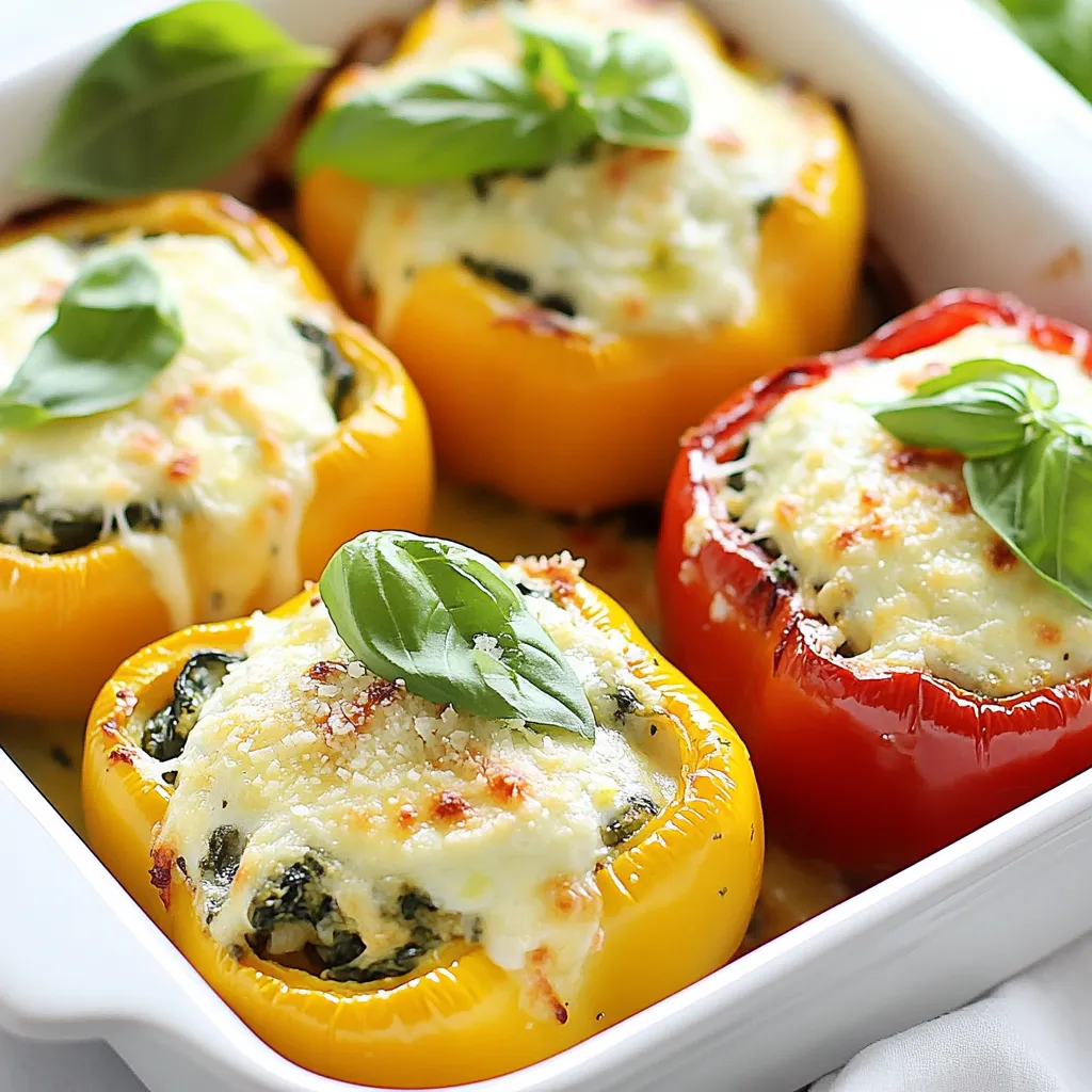 - 4 large bell peppers (choose your favorite color: red, yellow, green, or orange) - 2 cups fresh spinach, roughly chopped - 1 cup creamy ricotta cheese - 1 cup shredded mozzarella cheese, divided - 1/2 cup finely grated Parmesan cheese - 1/2 teaspoon garlic powder - 1/2 teaspoon onion powder - Salt and freshly ground black pepper, to taste - 1 tablespoon extra virgin olive oil - 1/4 teaspoon crushed red pepper flakes (optional for a touch of heat) - Fresh basil leaves, torn, for vibrant garnish When picking bell peppers, look for firm ones. They should feel heavy for their size. The skin should be smooth and shiny. Avoid any that are soft or wrinkled. Different colors have different tastes. Red peppers are sweet, while green ones are more bitter. Yellow and orange peppers fall in between. Choose what you like best! If you can't find ricotta, cottage cheese works well. It has a similar texture. You can also use cream cheese for a richer taste. For mozzarella, try gouda or Monterey Jack. They melt nicely too. Vegan cheese options are available if you want dairy-free. Just ensure they melt well for the best results. {{ingredient_image_2}} Start by preheating your oven to 375°F (190°C). This ensures even baking. Next, take your bell peppers and slice the tops off. Remove the seeds and membranes carefully. You want the insides clean. If needed, rinse them under cool water to wash away any remaining seeds. Place the peppers cut side up in a baking dish, ready for stuffing. In a large skillet, warm 1 tablespoon of extra virgin olive oil over medium heat. Once hot, add 2 cups of fresh spinach. Sauté the spinach for about 2-3 minutes. Stir it often until it wilts and turns bright green. This step brings out its flavor. In a mixing bowl, combine the cooked spinach with 1 cup of creamy ricotta cheese, half of the 1 cup of shredded mozzarella, and 1/2 cup of grated Parmesan cheese. Add 1/2 teaspoon each of garlic powder and onion powder. Season with salt and fresh black pepper to taste. If you like spice, toss in 1/4 teaspoon of crushed red pepper flakes. Mix everything well until it's smooth and creamy. Now comes the fun part! Take a generous spoonful of the spinach mixture and stuff it into each bell pepper. Press it down gently to fill them well. Keep going until all the filling is used. Once filled, sprinkle the remaining mozzarella cheese evenly over each stuffed pepper. This gives a nice cheesy crust. Cover the baking dish tightly with aluminum foil. This helps keep the peppers moist while baking. Place it in the preheated oven and bake for 25 minutes. After that, remove the foil and bake for another 10-15 minutes. You want the cheese to be melted, bubbly, and slightly golden. Once done, take the stuffed peppers out and let them cool for a few minutes. For a fresh touch, garnish with torn basil leaves before serving. To keep your peppers crisp, start by removing excess moisture. After you cut the tops off and clean out the insides, rinse them under cool water. Pat them dry with a towel. You can also pre-bake them for about 10 minutes. This helps them firm up before you add the filling. For the best cheese melt, use a mix of cheeses. Ricotta is creamy, while mozzarella adds stretch. Grate the cheeses freshly for a better melt. Make sure to sprinkle the mozzarella on top before baking. This gives it a chance to become bubbly and golden. If you want extra flavor, mix in a bit of grated Parmesan with the mozzarella. Ovens can vary in heat. If yours runs hot, check on the peppers a few minutes early. Bake covered for 25 minutes, then uncover and bake for another 10-15 minutes. If your oven runs cool, you may need a bit more time. Always look for that golden cheese on top as a sign they are done. Pro Tips Choose Colorful Peppers: Using a mix of colorful bell peppers not only enhances the visual appeal of your dish but also adds a subtle variation in flavor. Pre-Cook the Peppers: For softer peppers, you can briefly pre-cook them by boiling for 5 minutes before stuffing. This ensures they are tender after baking. Experiment with Cheeses: Feel free to mix different types of cheese in the filling, such as feta or goat cheese, for a unique twist on flavor and texture. Make Ahead: Prepare the stuffed peppers a day in advance and store them in the fridge. Just pop them in the oven when you're ready to serve! {{image_4}} You can boost the protein in your stuffed peppers. Add cooked chicken or sausage to the filling. Simply shred cooked chicken or crumble cooked sausage into the spinach and cheese mix. This adds more flavor and makes the meal heartier. You can use rotisserie chicken for quick prep. If you choose sausage, opt for sweet or spicy based on your taste. For a vegetarian twist, swap spinach for other greens. Kale, chard, or arugula work well. Each green adds a unique taste and texture. You can also mix different cheeses. Try feta or goat cheese for a tangy flavor. Mixing ricotta with cottage cheese can lighten the dish while keeping it creamy. If you love heat, add jalapeños to your filling. Dice fresh jalapeños and mix them in with the spinach and cheese. For a milder taste, remove the seeds before adding. You can also top the stuffed peppers with sliced jalapeños before baking. This gives a spicy kick and a nice presentation! To store leftover stuffed peppers, let them cool first. Place them in an airtight container. You can keep them in the fridge for up to four days. Make sure to separate layers with parchment paper if stacking. This keeps them fresh and prevents sticking. For meal prep, you can freeze these peppers. First, let them cool completely. Wrap each pepper tightly in plastic wrap or foil. Place them in a freezer-safe bag or container. They can last for up to three months in the freezer. When you're ready to eat, just thaw them overnight in the fridge. To reheat stuffed peppers, preheat your oven to 350°F (175°C). Remove any plastic wrap and place the peppers in a baking dish. Cover with foil to keep moisture in. Heat for about 20 minutes or until they're warmed through. This method keeps the peppers tender and the cheese melty. Enjoy your delicious meal again! You should bake the stuffed peppers for 25 minutes covered with foil. Then, remove the foil and bake for an extra 10 to 15 minutes. The cheese should be melted and slightly golden when done. This method keeps the peppers tender and the filling warm and gooey. Yes, you can use frozen spinach. Just thaw and squeeze out the extra water before cooking. It’s a great shortcut if you are short on time. The flavor will still be delicious, and you won’t lose any nutrients. Stuffed peppers pair well with a simple green salad. You can also serve them with rice or quinoa for extra texture. A slice of crusty bread is perfect for soaking up any cheesy goodness. Stuffed peppers are a healthy option! They are packed with vitamins from the bell peppers and nutrients from spinach. The ricotta and mozzarella add protein and calcium. You can adjust the filling to make it even healthier by using less cheese or adding more greens. Stuffed bell peppers are easy and fun to make. We talked about choosing the right ingredients, like fresh bell peppers and tasty cheeses. You learned how to prepare, stuff, and bake them perfectly. Plus, I shared tips to avoid soggy peppers and melt the cheese just right. Consider adding protein or trying spicy options to mix things up. Storing leftovers or meal prepping is simple, too. This dish offers great flavor and nutrition, so enjoy every bite. Happy cooking!
