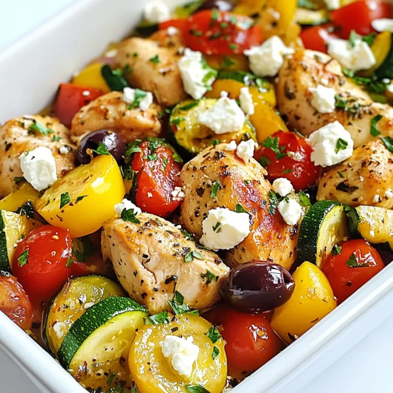 - 2 large chicken breasts, cut into bite-sized pieces - 3 medium zucchinis, sliced into half-moons - 1 red bell pepper, diced into small pieces - 1 yellow onion, chopped finely - 2 cloves garlic, minced - 1 teaspoon dried oregano - 1 teaspoon dried basil - 1/2 teaspoon paprika - 1 cup cherry tomatoes, halved - 1/2 cup feta cheese, crumbled - 1/4 cup Kalamata olives, pitted and sliced - 2 tablespoons extra virgin olive oil - Salt and freshly ground black pepper, to taste - Fresh parsley, chopped, for garnishing Start by cutting the chicken and vegetables. I like to cut chicken into bite-sized pieces. This helps it cook evenly. For the zucchinis, slice them into half-moons. This shape gives a nice texture. Dice the red bell pepper and chop the yellow onion finely. Next, prep your spices and marinades. In a large bowl, mix the chicken with olive oil, oregano, basil, paprika, salt, and pepper. This step is key. It adds flavor to the chicken. Make sure every piece gets coated well. These simple steps make a big difference. You’ll find that the chicken and veggies blend well in the bake. Plus, the flavors become even richer as they cook together in the oven. {{ingredient_image_2}} First, you need to preheat your oven to 400°F (200°C). This temperature ensures that the chicken cooks well and the veggies soften nicely. In a large bowl, combine the chicken pieces with 2 tablespoons of extra virgin olive oil. Add 1 teaspoon of dried oregano, 1 teaspoon of dried basil, and 1/2 teaspoon of paprika. Sprinkle in salt and pepper to taste. Use your hands or a spoon to mix everything until each piece of chicken is coated in the oil and spices. This step adds flavor and moisture to the chicken. Lightly grease a 9x13 inch baking dish with olive oil. Start by layering the sliced zucchini evenly along the bottom. This creates a solid base. Next, add the marinated chicken mixture on top, spreading it out evenly. Then, sprinkle the diced red bell pepper and chopped yellow onion over the chicken layer. Now, sprinkle the minced garlic across the dish. This will infuse great flavor while baking. Follow this by adding the halved cherry tomatoes, which add freshness. Finally, distribute the crumbled feta cheese and sliced Kalamata olives over the top. This ensures every bite is tasty and exciting. Cover the baking dish tightly with aluminum foil. Place the dish in your preheated oven. Bake for 25 minutes. This helps the chicken and vegetables cook through. After 25 minutes, carefully remove the foil. Continue baking for another 15 to 20 minutes. Check the chicken’s doneness with a meat thermometer; it should read 165°F (75°C). Once cooked, take the dish out of the oven. Let it sit for a few minutes to allow the juices to settle. Before serving, sprinkle freshly chopped parsley on top for a vibrant touch. Enjoy your delicious Mediterranean Chicken Zucchini Bake! To get the best texture, adjust baking times. If your chicken pieces are larger, bake a bit longer. Check for doneness with a meat thermometer; aim for 165°F (75°C). After baking, let the dish rest for a few minutes. This helps the juices settle, making every bite juicy and tender. Add extra herbs to boost flavor. Fresh basil or thyme works great. You can also try a hint of red pepper flakes for some heat. Marinades are a fun twist. Consider a lemon-garlic marinade for the chicken, or drizzle balsamic vinegar before serving. For serving, use individual bowls for a personal touch. Drizzle olive oil on top for shine. Sprinkle extra parsley for color. Pair with crusty bread or a fresh salad for a complete meal. This not only looks great but also tastes amazing! Pro Tips Marinate for More Flavor: Allow the chicken to marinate for at least 30 minutes before baking. This extra time will enhance the flavors of the spices and make the chicken more tender. Use Fresh Ingredients: Whenever possible, opt for fresh vegetables and herbs. Fresh ingredients not only elevate the taste of the dish but also add vibrant colors and nutrients. Experiment with Cheese: While feta cheese is traditional, try using other cheeses like goat cheese or mozzarella for a different flavor profile. Each cheese will bring its own unique taste and texture to the dish. Make it a Meal: Serve this bake with a side of whole grain rice or quinoa to make it a more filling meal. You can also add a simple green salad for a refreshing contrast. {{image_4}} You can switch proteins in this dish. Try using tofu for a vegan option. Turkey also works well if you want a leaner meat choice. Both will soak up the great flavors. For vegetables, feel free to mix and match. You can add bell peppers, mushrooms, or even spinach. Each choice adds its unique taste and texture. If you need a gluten-free version, just skip the feta cheese. Use a gluten-free cheese alternative instead. This way, you still enjoy the creamy texture. For a vegan or vegetarian dish, replace chicken with chickpeas or lentils. These options add protein and fiber. You can also increase the veggies for a hearty meal. Spice lovers can add chili flakes or cayenne for heat. These spices enhance the dish without overpowering. Start with a little and adjust to your liking. Cheese lovers might enjoy adding mozzarella or goat cheese. Both melt nicely and bring rich flavors. Mixing cheeses can create a delightful taste experience. To keep your Mediterranean Chicken Zucchini Bake fresh, cool it to room temperature first. Then, place it in airtight containers. Glass or plastic containers with tight lids work best. This helps keep the flavors intact and prevents drying out. Store it in the fridge. It will stay good for about three to four days. When you reheat your dish, avoid drying it out. The oven is a great method. Preheat it to 350°F (175°C). Cover the dish with foil to lock in moisture. Heat for about 15 to 20 minutes. You can also use the microwave for quick reheating. Place a damp paper towel over the dish to keep it moist. Heat for 2 to 3 minutes, checking halfway through. To freeze your Mediterranean Chicken Zucchini Bake, let it cool completely. Use freezer-safe containers or heavy-duty freezer bags. Remove as much air as possible to prevent freezer burn. Label the containers with the date. It can last up to three months in the freezer. For best results, thaw it in the fridge overnight before reheating. This keeps the texture and taste just right. Yes, you can use many other vegetables. Here are some great options: - Eggplant, diced - Spinach, fresh or frozen - Mushrooms, sliced - Carrots, thinly sliced - Broccoli, cut into small florets Feel free to mix and match. Just remember to cut them into similar sizes for even cooking. This dish pairs well with several sides. Here are some tasty ideas: - Crusty bread for dipping - A fresh green salad with lemon vinaigrette - Quinoa or rice for a filling option - Roasted potatoes for added heartiness Choose what you love and enjoy! It lasts about 3 to 4 days in the fridge. Make sure to store it in an airtight container. When reheating, ensure that it is hot all the way through. If it smells off, it’s best to toss it. Safety first! This blog post covered how to make a tasty Mediterranean Chicken Zucchini Bake. We looked at key ingredients, like chicken and vegetables, and how to prep them. I shared step-by-step instructions and tips to ensure the dish has perfect texture. You also learned about variations for dietary needs and how to store leftovers. Try this dish for a healthy meal. It's easy to make and full of flavor. Enjoy experimenting with it in your kitchen!