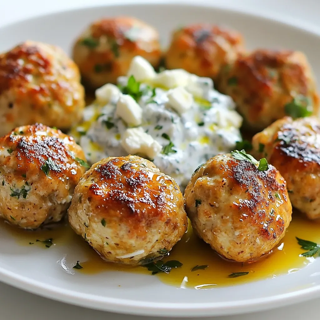 - 1 lb ground chicken - 1/2 cup breadcrumbs - 1/4 cup feta cheese, crumbled - 1/4 cup tzatziki sauce (store-bought or homemade) - 1/4 cup fresh parsley, finely chopped - 2 cloves garlic, minced - 1 teaspoon dried oregano - 1 teaspoon lemon zest - Salt and pepper to taste - 1 tablespoon olive oil (for cooking) - Extra tzatziki sauce (for serving) You can add extra flavor with these optional ingredients: - Chopped green onions for a mild onion taste. - Red pepper flakes for heat. - Spinach for a green boost. - A squeeze of fresh lemon juice for tang. Greek chicken meatballs pack a punch of flavor while staying healthy! Each meatball contains: - About 120 calories - 10g protein - 6g fat - 3g carbohydrates - High in vitamin C from parsley and lemon These meatballs are great for a balanced meal. They offer lean protein and fresh herbs, making them a perfect choice for any diet. Enjoy these tasty bites guilt-free! {{ingredient_image_2}} First, gather all your ingredients. You need ground chicken, breadcrumbs, feta cheese, tzatziki sauce, parsley, garlic, oregano, lemon zest, salt, and pepper. In a large bowl, add the ground chicken, breadcrumbs, and crumbled feta. Then, pour in the tzatziki sauce. Next, add the chopped parsley, minced garlic, dried oregano, and lemon zest. Season with salt and pepper to taste. Now, mix everything together using your hands or a spatula. Be gentle and don’t overmix. This keeps your meatballs tender and juicy. Once combined, set this mixture aside while you heat your skillet. Heat a large skillet over medium heat. Add olive oil to the skillet after it warms up. Now, shape your chicken mixture into small meatballs. Aim for about 1 inch in diameter. This size cooks evenly. Carefully place the meatballs in the skillet, but don’t overcrowd them. If needed, work in batches. Cook the meatballs for about 5 to 7 minutes. Turn them with a spatula to brown all sides. You want them golden and delicious. Once they are browned, reduce the heat to low. Cover the skillet with a lid. Let the meatballs simmer for 5 to 10 minutes. This step ensures they cook through. Check that they reach an internal temperature of 165°F (74°C). After cooking, remove the meatballs from the skillet. Let them rest for a few minutes to lock in moisture. When ready to serve, place them on a platter. Drizzle extra tzatziki sauce on top and sprinkle with parsley. Enjoy your tasty Greek chicken meatballs! To make soft and juicy meatballs, do not overmix the ingredients. Mix them just until combined. This keeps the meatballs tender. Also, shape them gently. Use your hands to form uniform balls, about one inch wide. This size helps them cook evenly. If you want extra moisture, add a bit more tzatziki sauce or feta cheese. You can adjust the flavors to suit your taste. If you like more spice, add a pinch of red pepper flakes. For a fresher taste, use more lemon zest or fresh herbs. Mixing in some fresh mint can add a nice twist. Always taste your mixture before cooking. This way, you can tweak salt and pepper levels as needed. Serve your meatballs with extra tzatziki sauce on top for creaminess. They pair well with warm pita bread. You can also add a simple salad of cucumber and tomato beside them. For a fun touch, serve them on skewers for easy eating. You can even place them in a wrap for a quick meal. Enjoy your Greek chicken meatballs with friends and family! Pro Tips Do Not Overmix: Gently combine the ingredients to keep the meatballs tender and prevent them from becoming tough. Uniform Size: Shape your meatballs to be about the same size for even cooking and browning. Resting Time: Allow the meatballs to rest for a few minutes after cooking to enhance their juiciness and flavor. Flavor Boost: Consider adding a pinch of crushed red pepper or fresh mint to the mixture for an extra layer of flavor. {{image_4}} You can easily adapt Greek chicken meatballs for different diets. If you are gluten-free, use gluten-free breadcrumbs instead of regular ones. For a dairy-free option, skip the feta cheese or try a vegan feta substitute. If you want to lower calories, replace ground chicken with ground turkey. This keeps the meatballs light and healthy. Always check labels to ensure your ingredients fit your diet. While tzatziki sauce is classic, you can mix it up. Try serving the meatballs with hummus for a creamy texture. You can also use a spicy yogurt dip for a kick. Other great options include marinara or a lemon herb sauce. Each sauce can change the flavor profile and make the meal fun. Experiment with different dips to find your favorite pairing. You don't have to fry meatballs to make them delicious. Baking is a simple and healthy method. Preheat your oven to 375°F (190°C). Place the meatballs on a baking sheet lined with parchment paper. Bake for about 20 minutes or until they reach 165°F (74°C). Grilling is another tasty option. Just shape the meatballs and place them on a hot grill. Cook for about 10 minutes, turning them until they are nicely charred. Both methods can give you a different texture while keeping the flavors intact. After you enjoy your Greek chicken meatballs, store any leftovers in an airtight container. Let them cool first. This will keep them fresh for up to three days in the fridge. I always recommend labeling the container with the date. This way, you know when to eat them by. To reheat your meatballs, use the microwave or stove. For the microwave, place them on a plate. Heat for about one minute. Check if they are warm all the way through. If using the stove, add a little olive oil to a pan. Heat the meatballs on low for about five minutes, turning them often. This keeps them juicy and tasty. If you want to save meatballs for later, freezing is a great option. First, let them cool completely. Then, place the meatballs in a single layer on a baking sheet. Freeze them for two to three hours. Once frozen, transfer them to a freezer bag. Remove as much air as you can. They can last for up to three months. When ready to eat, thaw them in the fridge overnight before reheating. Enjoy your meal anytime! You can serve Greek chicken meatballs with several tasty sides. Here are some great options: - Rice Pilaf: The fluffy rice complements the meatballs well. - Greek Salad: Fresh tomatoes, cucumbers, and olives add crunch and flavor. - Pita Bread: Soft pita makes a great wrap for the meatballs. - Roasted Vegetables: Colorful veggies add nutrition and make the plate look nice. - Extra Tzatziki Sauce: A drizzle of tzatziki enhances the dish’s flavors. Yes, you can prepare Greek chicken meatballs in advance. Here’s how: - Mix the Ingredients: Combine all ingredients and shape into meatballs. - Chill in the Fridge: Place them on a tray and cover. Chill for up to 24 hours. - Cook Later: When ready to eat, cook them straight from the fridge. Just adjust cooking time if they are cold. To check if your meatballs are done, follow these steps: - Use a Meat Thermometer: Insert it into the center of a meatball. It should read 165°F (74°C). - Check for Juices: Cut one open. The juices should run clear, not pink. - Look for Browning: They should be golden brown on the outside. These tips ensure your meatballs are safe and tasty! In this post, we explored Greek chicken meatballs from ingredients to storage. We listed key ingredients, optional variations, and nutritional facts. Then, we outlined steps for preparation, cooking, and tips for the best texture. We discussed serving options and alternative cooking methods. Lastly, we covered how to store and reheat leftovers. These meatballs are versatile and fun to make. Enjoy creating your own tasty versions!