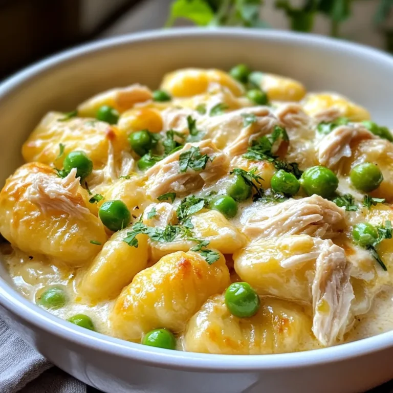 - 1 pound cooked and shredded chicken breast - 1 package (16 oz) potato gnocchi - 2 cups low-sodium chicken broth - 1 cup cream cheese, softened to room temperature - 1 cup shredded sharp cheddar cheese - 1 packet ranch seasoning mix - 2 cloves garlic, finely minced - 1 tablespoon olive oil - 1 cup frozen peas - 1 teaspoon freshly cracked black pepper - Fresh parsley, chopped (for garnish, optional) I love using these fresh and simple ingredients for Crack Chicken Gnocchi. The cooked chicken gives the dish its hearty base. I always use shredded chicken, as it blends well into the creamy sauce. The potato gnocchi adds a soft texture. It cooks quickly and pairs perfectly with the sauce. Low-sodium chicken broth brings depth to the dish. It keeps the flavor rich without being too salty. Cream cheese and cheddar create that oh-so-creamy sauce we all crave. Together, they melt into a delightful mix. Ranch seasoning adds a burst of flavor. I love the way it boosts the taste without extra steps. Minced garlic brings warmth and aroma to the dish. Olive oil helps sauté the garlic and chicken, enhancing the flavors. Frozen peas add a touch of sweetness and color. They warm up quickly in the skillet. Finally, I sprinkle black pepper for a bit of spice. Fresh parsley is optional but looks lovely as a garnish. It brightens the dish and adds freshness. With these ingredients, you can create a comforting meal that delights everyone. Each bite offers creamy goodness, making it a family favorite. {{ingredient_image_2}} Start by boiling low-sodium chicken broth in a large pot. Bring it to a gentle boil over medium heat. Once the broth is bubbling, add the potato gnocchi. Cook the gnocchi as per the package instructions, which usually takes about 2-3 minutes. You will know they are done when they float to the surface. This means they are ready to enjoy! While the gnocchi cooks, heat a large skillet over medium heat with olive oil. Once hot, add the minced garlic. Sauté the garlic for about 1 minute until it smells nice and turns golden. Then, add the cooked and shredded chicken to the skillet. Sprinkle in the ranch seasoning mix. Stir this together and let it cook for an additional 2-3 minutes. This allows the flavors to blend well. Now, lower the heat and add the softened cream cheese and shredded cheddar cheese to the skillet. Stir the mixture until both cheeses melt. This creates a smooth and creamy sauce. Next, carefully drain any extra broth from the gnocchi and transfer them into the skillet. Gently fold in the frozen peas. Season with freshly cracked black pepper. Let everything heat together for about one more minute until the peas are warm and tender. Enjoy the creamy goodness! To make a smooth cheese sauce, start with softened cream cheese. This helps it melt easily. Add it slowly to the warm skillet. Stir constantly to blend it with the chicken. The heat helps the cheese become creamy. If the sauce is too thick, add a splash of chicken broth. This keeps it silky and rich. To know when gnocchi is fully cooked, watch for them to float. When they rise to the top, they are done. This usually takes about 2 to 3 minutes. Be careful not to overcook them. Overcooked gnocchi can become mushy. If you want to test one, just take it out and taste it. Adding herbs or spices boosts the taste. Fresh herbs like parsley or thyme work great. You can also sprinkle in red pepper flakes for a kick. Mix in a bit of lemon zest for brightness. Experiment with different seasonings to find what you love best. Each adds a unique twist to your dish. Pro Tips Use Fresh Ingredients: Fresh garlic and high-quality chicken can elevate the flavor of this dish significantly. Opt for freshly shredded chicken instead of pre-packaged for the best results. Customize the Cheese: Experiment with different types of cheese, such as mozzarella or gouda, to create a unique flavor profile. Just ensure they melt well for a creamy texture. Don’t Skip the Peas: Adding frozen peas not only enhances the nutrition of the dish but also provides a lovely pop of color. They add a subtle sweetness that balances the savory flavors. Leftovers Make Great Lunches: This dish reheats beautifully, making it perfect for meal prep. Store leftovers in an airtight container and enjoy them for lunch throughout the week! {{image_4}} You can switch out the chicken for other cooked proteins. Turkey works great in this dish. It adds a leaner taste and pairs well with the creamy sauce. Steak can also be a delicious choice. Just chop it into small pieces, and mix it in. Both options deliver a savory twist to your gnocchi. Want to go meatless? You can easily replace the chicken with plant-based proteins. Options like tofu or tempeh soak up flavors well. Try using chickpeas for a hearty texture and protein boost. This way, you keep the creamy goodness while making it vegetarian-friendly. Enhance the nutrition of your dish by adding more vegetables. Spinach or kale can bring color and nutrients. Just toss them in when you add the peas. You can also use bell peppers or carrots for a pop of sweetness. The more veggies, the healthier and tastier your Crack Chicken Gnocchi will be! To store leftovers, let the dish cool down to room temperature. Then, place it in an airtight container. Store it in the fridge if you plan to eat it within a few days. For longer storage, freeze it in a freezer-safe container. Make sure to leave some space for expansion. This will help keep the flavors fresh. When reheating, do it slowly. Use a stove or a microwave. If using a stove, add a splash of chicken broth to keep it moist. Heat over low heat, stirring often. If using a microwave, cover it with a microwave-safe lid. Heat in short bursts, stirring in between. This prevents the dish from drying out. In the fridge, Crack Chicken Gnocchi lasts about 3-4 days. In the freezer, it can last up to 3 months. For best taste, try to eat it sooner rather than later. Always check for any off smells or changes in texture before eating. This ensures you enjoy the dish at its best. Crack Chicken Gnocchi is a creamy dish made with chicken and gnocchi. It has gained popularity for its rich taste and comfort factor. The dish combines tender potato gnocchi with shredded chicken, cream cheese, and cheddar cheese for a delightful meal. Ranch seasoning adds a unique flavor, making it perfect for family dinners or gatherings. Yes, you can prepare this dish ahead of time. Cook the gnocchi and main mixture separately. Store them in airtight containers in the fridge. When you're ready to serve, simply reheat them together in a skillet. Add a splash of chicken broth if needed to keep it creamy. This method saves time and keeps the flavors fresh. For sides, I recommend light salads or steamed vegetables. A fresh green salad with a lemon vinaigrette pairs well. Roasted broccoli or green beans also complement the dish nicely. You can even add crusty bread to soak up the creamy sauce. These options create a balanced meal that everyone will enjoy. This blog post covered a delightful Crack Chicken Gnocchi recipe. We explored main ingredients like chicken, gnocchi, and cheeses. I shared step-by-step instructions, helpful tips, and fun variations. You can also learn storage info and answer common questions. In closing, this creamy dish is easy and fun to customize. Enjoy your cooking and make it your own!